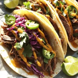 - 2 lbs beef short ribs - 1 cup apple cider (non-alcoholic) - 1 medium onion, finely diced - 4 cloves garlic, minced - 2 teaspoons ground cumin - 1 teaspoon smoked paprika - 1 tablespoon olive oil - Salt and pepper to taste - 8 small corn tortillas The beef short ribs are the star of this dish. They become tender and flavorful when cooked slowly. The apple cider adds sweetness and acidity, enhancing the beef's rich taste. I choose non-alcoholic cider to keep it family-friendly. Seasoning is key. The onion and garlic provide a strong base. Cumin and smoked paprika add depth. These spices create a warm, inviting aroma in the kitchen. - 1 cup fresh cilantro, chopped - 1 medium jalapeño, sliced (optional) - 1 cup red cabbage, shredded - Lime wedges for serving Toppings bring fresh flavors and crunch. The cilantro adds a bright note, while jalapeños give a spicy kick. Red cabbage adds color and texture. A squeeze of lime juice brightens every bite, making the tacos sing. - Dutch oven or heavy pot - Wooden spoons and forks You need a Dutch oven for even cooking. It holds heat well and keeps the ribs moist. Wooden spoons help stir without scratching the pot. Use forks for shredding the meat easily. For the full recipe, check out the complete guide. Start by seasoning the beef short ribs. Use salt and pepper to coat all sides well. This step is key to building flavor. Next, heat olive oil in a large pot over medium-high heat. Once hot, add the short ribs. Sear them for about 3 to 4 minutes on each side. You want a nice brown crust. This adds depth to the dish. When browned, take the ribs out and set them aside. Now, it’s time to add flavor. In the same pot, toss in the diced onion. Sauté it for about 5 minutes until it looks soft and clear. Next, add minced garlic and stir for another minute. The smell will be amazing! Mix in the ground cumin and smoked paprika. These spices bring warmth and a hint of smokiness. Stir well to coat the onion and garlic. Pour in the apple cider next. Scrape the bottom of the pot to lift up any tasty bits. This is called deglazing. Bring the mix to a simmer. Return the short ribs to the pot. Make sure they sit in the cider mixture. Cover the pot with a lid and lower the heat. Let the ribs braise for about 2.5 to 3 hours. The meat should be very tender and pull apart easily. Once the short ribs are ready, take them out of the pot. Let them cool a bit. Use two forks to shred the meat, removing bones and any extra fat. Now it’s time to warm the tortillas! In a dry skillet over medium heat, heat each corn tortilla for about 30 seconds on each side. They should be soft and easy to fold. To assemble the tacos, place a good amount of shredded short rib on each tortilla. Top with shredded red cabbage and chopped cilantro. If you like a bit of heat, add jalapeño slices. For the full experience, serve with lime wedges. Squeeze fresh lime juice over your tacos before you dig in! Use a meat thermometer to check the doneness of your short ribs. Aim for an internal temperature of at least 195°F. This ensures that the meat is tender and breaks apart easily. A quick poke with the thermometer gives you peace of mind. To elevate flavor during braising, consider adding herbs like thyme or bay leaves. These herbs infuse the dish with depth. A splash of vinegar can brighten the rich flavors as well. Adjust these ingredients to your taste preferences. For the best tacos, use small corn tortillas. They hold the filling well and add a nice texture. Look for ones made with masa harina for the best taste. To keep tortillas soft while serving, wrap them in a clean kitchen towel after warming. This keeps them warm and pliable. You can also use a tortilla warmer if you have one. To enhance the flavor, consider adding spices like chili powder or coriander. These spices can add warmth and complexity to your tacos. You can also experiment with ground pepper for a bit of heat. Lime juice is key for balance. It brightens up the dish and gives freshness. Squeeze lime over the tacos just before serving for the best taste. Serve with extra wedges for guests who want more. For a fun twist, try adding pickled onions or avocado slices on top. For the full recipe, check out the detailed instructions on how to make Cider Braised Short Rib Street Tacos. {{image_2}} You can switch up the meat in these tacos. Instead of beef short ribs, try pork shoulder or chicken thighs. Both options will soak up the apple cider flavor nicely. For a vegetarian twist, use jackfruit or mushrooms. They provide a great texture and taste in the tacos. Fruits and veggies can enhance the flavor of your tacos. Adding diced apples or pears gives a sweet touch. You can also mix in bell peppers for a crunch. If you like heat, adjust the spice level. Add more jalapeños or sprinkle in some chipotle powder for a smoky kick. Think about how you present your tacos. You can serve them in a big platter for parties or individually for a more personal touch. Pair your tacos with sides like Mexican rice, beans, or a fresh salad. For drinks, consider serving with apple cider or a light beer. This will complement the flavors in your tacos. Check out the Full Recipe for all the details! To store leftover cider braised short ribs, first let them cool. Place them in an airtight container. Make sure to keep the meat separate from the tortillas. This helps prevent sogginess. Store the container in the fridge. It can last up to three days. When you want to reheat, remove the ribs from the fridge. For reheating, I recommend using a skillet. Heat the ribs over low to medium heat. Add a splash of cider or water to keep them moist. Stir often until they are warm. You can also use the microwave. Place the ribs in a microwave-safe dish. Cover it with a damp paper towel. Heat in short bursts, checking often. To freeze the braised ribs, first let them cool completely. Place them in a freezer-safe container. You can also use freezer bags. Remove as much air as possible to avoid freezer burn. Label the container with the date. The ribs can stay good for up to three months. When you want to enjoy them again, take the ribs out of the freezer. Place them in the fridge to thaw overnight. You can also thaw them in cold water. Once thawed, reheat them using the same methods mentioned above. Cider braised short ribs stay good for about three days in the fridge. If stored properly, they can last up to three months in the freezer. Look for signs of spoilage before eating. If the meat smells off or has a strange color, it’s best to discard it. For the best taste and texture, eat the ribs within these time frames. This way, you’ll experience the full flavor burst of these delicious tacos. For the complete instructions, check out the Full Recipe. When serving these tacos, I recommend pairing them with: - Mexican street corn: This sweet treat adds a nice crunch. - Black bean salad: A fresh mix with beans, corn, and lime is great. - Guacamole: Creamy avocado dip brings flavor and richness. - Chips and salsa: These crispy bites add a fun crunch. - Cilantro lime rice: A light, zesty side that complements the tacos. These sides enhance the meal and make it even more enjoyable. Yes, you can prep the short ribs in advance. Here are some tips: - Cook a day before: Braise the short ribs and let them cool. This helps flavors deepen. - Store in the fridge: Keep them in an airtight container for up to three days. - Reheat gently: When ready to serve, warm them slowly on the stove or in the oven. This way, you can enjoy a tasty meal without the rush. It’s easy to tell when your short ribs are done. Look for these signs: - Tenderness: The meat should pull apart easily with a fork. - Color: It should be a deep brown, not red or pink. - Internal temperature: Aim for about 190°F for perfect tenderness. Following these tips ensures you get flavorful, tender short ribs for your tacos. For the complete recipe, check out the Full Recipe. This blog post covered everything you need to make cider-braised short rib tacos. We listed key ingredients, toppings, and essential equipment. Step-by-step, I detailed how to prepare and cook the ribs perfectly. I shared tips for the best flavor and texture, along with storage info and variations. Enjoy making these tacos at home. They offer a tasty meal that you can customize. With practice, you’ll impress everyone with your cooking skills!