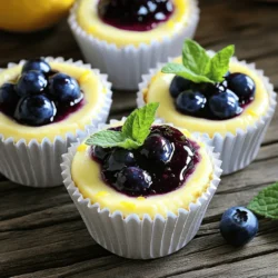 - 1 cup graham cracker crumbs - 1/4 cup unsalted butter, melted - 2 cups cream cheese, softened - 1/2 cup granulated sugar - 1/2 cup sour cream - 1 teaspoon vanilla extract - Zest of 1 lemon - 2 tablespoons lemon juice - 2 large eggs - 1 cup fresh blueberries The main ingredients create a rich and creamy base. The graham cracker crumbs form a buttery crust. Cream cheese gives the cheesecake its smooth texture. Granulated sugar adds sweetness, while sour cream contributes tang. Fresh lemon zest and juice bring a bright flavor. - 2 tablespoons blueberry jam - Fresh mint leaves For toppings, blueberry jam adds a fruity finish. Fresh mint leaves bring color and freshness. These toppings make the cheesecakes pop with flavor and look great. - Muffin tin - Mixing bowls - Electric mixer You will need a muffin tin to hold the mini cheesecakes. Mixing bowls help you combine the ingredients well. An electric mixer ensures a smooth batter without lumps. Having the right tools makes baking easier and more fun. For the full recipe, check out the detailed steps to create these delightful treats. 1. Preheat your oven to 325°F (160°C). This helps the cheesecakes bake evenly. 2. Line a muffin tin with paper liners. This makes it easy to remove the cheesecakes later. 3. In a medium bowl, mix 1 cup of graham cracker crumbs with 1/4 cup of melted unsalted butter. Stir until combined. 4. Press about a tablespoon of the crumb mixture into each muffin liner. Use the back of a spoon to pack it down firmly. 1. In a large mixing bowl, beat 2 cups of softened cream cheese until smooth using an electric mixer. 2. Add 1/2 cup of granulated sugar, 1/2 cup of sour cream, 1 teaspoon of vanilla extract, the zest of 1 lemon, and 2 tablespoons of lemon juice to the cream cheese. Mix until smooth. 3. Add 2 large eggs, one at a time. Mix on low speed until just combined. Do not overmix. 4. Gently fold in 1 cup of fresh blueberries into the cheesecake batter. Be careful to keep the blueberries intact for a lovely burst of flavor. 1. Evenly distribute the cheesecake batter over the prepared crusts in the muffin tin. Fill each liner about 3/4 full. 2. Bake in the preheated oven for 20-25 minutes. The centers should be set but still slightly jiggly. 3. Remove from the oven and let them cool at room temperature for about 10 minutes. 4. Refrigerate for at least 2 hours to set completely. For the complete recipe, check out the [Full Recipe](#). - Overmixing batter: This can make the texture tough. Mix just until smooth. - Not cooling properly: Let the cheesecakes cool before chilling. This helps set their shape. - Use room temperature ingredients: Cold cream cheese will not mix well. It needs to be soft. - Avoid overbaking: Bake until the centers are slightly jiggly. They will firm up as they cool. - Best served chilled: Chilling enhances the flavors and makes them refreshing. - Pair with homemade whipped cream: A dollop of whipped cream adds richness and a nice touch. Enjoy these tips to make the best mini lemon blueberry cheesecakes. Check out the Full Recipe for more details! {{image_2}} You can easily switch things up with your mini lemon blueberry cheesecakes. Instead of blueberries, try using raspberries or strawberries. These fruits add a nice twist to your dessert. You can also add chocolate chips or nuts. Dark chocolate adds richness, while nuts give a lovely crunch. Just fold them into the batter gently. If you need a gluten-free option, use gluten-free graham cracker crumbs. These work just like regular crumbs for the crust. For a dairy-free twist, substitute cream cheese with a dairy-free cream cheese. You can also use cashew cream for a smooth texture. These choices keep the flavor tasty for everyone. If you’re hosting a larger gathering, you can double the recipe. This will give you about 24 mini cheesecakes. To make one full cheesecake, use a 9-inch springform pan. Simply pour the batter into the pan after mixing. Bake it for 45-55 minutes instead of 20-25 minutes. This will create a lovely, creamy cheesecake that everyone will love. For more details, check the Full Recipe. To keep your mini lemon blueberry cheesecakes fresh, refrigerate them right away. Place them in an airtight container. This keeps moisture in and prevents them from drying out. They stay fresh for about 3 to 4 days. If you want to enjoy them longer, use plastic wrap before sealing. This adds an extra layer of protection. You can freeze mini cheesecakes for later enjoyment. First, let them cool completely. Then, wrap each cheesecake tightly in plastic wrap. After that, put them in a freezer-safe bag or container. This prevents freezer burn. They can last up to 2 months in the freezer. When you're ready to eat them, take them out and thaw in the fridge overnight. This keeps their texture smooth and creamy. Mini cheesecakes are best eaten within a week. After that, they may still be safe but lose quality. Look for changes in texture or smell to tell if they've gone bad. If they become watery or smell sour, it’s time to toss them. Enjoy these treats while they’re at their best! You can tell mini cheesecakes are done by looking for visual cues. The edges should be set, while the center may jiggle slightly. A toothpick test works well too; insert it into the center. If it comes out clean or with a few moist crumbs, they are ready. Keep an eye on the baking time. They usually bake for 20-25 minutes at 325°F (160°C). Yes, you can make the cheesecake batter in advance. Store it in the fridge for up to 24 hours. Just keep it in a sealed container. When you're ready to bake, give it a quick stir. This helps to mix any ingredients that may have settled. It's a great way to save time on busy days. If you need a substitute for sour cream, there are several options. Greek yogurt works well and gives a similar tang. You could also use cream cheese thinned with a bit of milk. Another option is buttermilk, which adds moisture and flavor. Choose what fits your taste or what you have on hand. This blog post shared how to make tasty mini cheesecakes. You learned about key ingredients, like graham cracker crumbs and cream cheese, and how fresh blueberries add flavor. I provided step-by-step instructions for perfecting your cheesecakes and offered tips to avoid common mistakes. Whether you're making variations for special diets or just for fun, you'll impress your friends. Remember to store them well for freshness. Enjoy your baking adventure and savor every bite of your delicious creation!