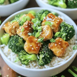 To make Chicken and Broccoli Rice Bowls, you need fresh and simple ingredients. Each ingredient brings flavor and nutrition to the dish. You can find these at your local grocery store. Here are the ingredients you will need: - 2 cups cooked jasmine rice - 1 pound boneless, skinless chicken breasts, cut into bite-sized pieces - 2 cups broccoli florets - 3 tablespoons soy sauce - 2 tablespoons sesame oil - 1 tablespoon honey - 2 cloves garlic, minced - 1 inch ginger, grated - 1 tablespoon rice vinegar - Salt and pepper to taste - 2 green onions, chopped (for garnish) - Sesame seeds (for garnish) - Chicken: A great source of lean protein. It helps build muscles and keeps you full. - Broccoli: Packed with vitamins C and K. It boosts your immune system and supports bone health. - Jasmine Rice: A tasty carbohydrate that gives you energy. It also has a nice aroma. - Soy Sauce: Adds flavor and umami. It contains antioxidants that may benefit your health. - Honey: A natural sweetener that can help soothe your throat and improve digestion. - Garlic and Ginger: Both have anti-inflammatory properties and add a delightful taste. These ingredients work together to create a meal that is tasty and nutritious. You can enjoy a healthy dish that doesn’t take long to make. For the complete cooking steps, check out the Full Recipe. First, gather a large mixing bowl. Add soy sauce, sesame oil, and honey. Then, mix in minced garlic and grated ginger. Pour in rice vinegar for some zing. Add the chicken pieces and stir well to coat. Let it marinate for at least 15 minutes. This step adds flavor and makes the chicken juicy. Next, heat a large skillet over medium-high heat. Add the marinated chicken to the hot skillet. Keep the leftover marinade; you’ll use it later. Cook the chicken for about 6-8 minutes. Stir occasionally until the chicken turns golden brown and is cooked through. Once done, remove the chicken from the skillet and set it aside. In the same skillet, it’s time to cook the broccoli. Add the broccoli florets along with a splash of water. Cover the skillet to steam the broccoli. Let it cook for about 3-4 minutes. You want it tender but still crisp. Remove the lid and pour in the reserved marinade. Cook for another 2-3 minutes to let the sauce thicken. Now, return the cooked chicken to the skillet. Mix it with the broccoli and sauce until everything is hot and well coated. Season with salt and pepper to taste. To serve, layer cooked jasmine rice in bowls. Top it with the chicken and broccoli mixture. Finally, garnish with chopped green onions and sesame seeds for a great finish. Enjoy your tasty meal! For the full recipe, check the original source. To save time, prep your ingredients ahead of time. You can chop the chicken and broccoli the night before. Marinate the chicken early. This adds flavor and cuts down on cooking time. Use pre-cooked rice or microwaveable rice for quick meals. These options help you make Chicken and Broccoli Rice Bowls fast. Using a skillet is great for cooking chicken and broccoli. The high heat gives the chicken a nice sear. It helps the broccoli stay crisp. You can also use a steamer for the broccoli. This keeps its bright color and nutrients. Stir-frying the chicken with the broccoli is another quick method. It mixes flavors well and cooks everything evenly. To cook rice perfectly, rinse it first. This removes excess starch. Use the right water ratio; for jasmine rice, 1 cup rice to 1.5 cups water works well. Bring it to a boil, then cover and simmer on low heat. Let it sit for a few minutes after cooking. Fluff it with a fork before serving. This makes your rice light and fluffy, perfect for your Chicken and Broccoli Rice Bowls. For the full recipe, check out the complete guide. {{image_2}} You can easily swap jasmine rice for healthier options. Quinoa provides more protein and fiber. Cauliflower rice is a great low-carb choice. Brown rice adds more nutrients and a nutty flavor. Each option works well with chicken and broccoli. To spice things up, try adding crushed red pepper for heat. A splash of lime juice can brighten flavors. You might enjoy adding a dash of curry powder for warmth. Mix in some fresh herbs, like cilantro or basil, to give your dish a fresh twist. If you want to switch proteins, tofu works great for a vegetarian option. Shrimp adds a fun seafood flair. You can also use beef or pork for a heartier meal. Each protein brings its unique taste to the bowl, making it exciting every time you cook. For the full recipe, make sure to check the details mentioned above! To keep your Chicken and Broccoli Rice Bowls fresh, store them in airtight containers. Make sure each bowl has all the components: rice, chicken, and broccoli. Let the dish cool down before sealing the container. Properly stored, your leftovers can last for about three days in the fridge. When you’re ready to enjoy your leftovers, reheat them gently. You can use the microwave or a skillet. If using a microwave, cover the bowl with a damp paper towel. Heat in short bursts, stirring in between, until warm. For a skillet, add a splash of water and cover to steam the dish. This keeps the rice moist and prevents it from drying out. Freezing is a great option if you want to save some meals for later. Use freezer-safe containers to avoid freezer burn. You can freeze the chicken and broccoli mixture separately from the rice if you prefer. When ready to eat, thaw the bowls in the fridge overnight. Reheat them in the microwave or skillet, just as you would with leftovers. Enjoy your tasty meals anytime! Yes, you can use frozen broccoli. Frozen broccoli works well in this dish. It saves time and gives you more convenience. Just add it directly to the skillet. You may need to cook it a bit longer since it's frozen. Watch for the broccoli to be tender, but not mushy. To make this dish vegetarian, replace chicken with tofu or chickpeas. Tofu absorbs flavors well and adds protein. Chickpeas also offer great texture and nutrition. Use the same marinade to flavor your protein choice. The rest of the recipe stays the same, keeping it tasty and filling. You can serve several things with these bowls. A side of spring rolls adds crunch. A simple salad can add freshness. You might also enjoy some pickled vegetables for a tangy touch. These sides can complement the main dish well. You can find the full recipe for Chicken and Broccoli Rice Bowls in the article. It details all the steps and ingredients you need. This makes it easy to follow, even for new cooks. In this blog post, we explored how to make delicious Chicken and Broccoli Rice Bowls. We covered essential ingredients, step-by-step cooking methods, and helpful tips to make it easier. We also looked at tasty variations and how to store leftovers correctly. Remember, cooking can be fun and rewarding. Using fresh ingredients and trying new flavors will make you a better cook. Enjoy your meals and share this great recipe with others!
