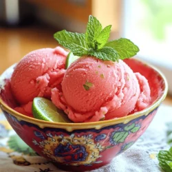 To make a tasty watermelon sorbet, you will need: - 4 cups ripe watermelon, cubed and seeds removed - 1/2 cup sugar (or honey for a natural sweetener) - 2 tablespoons lime juice - Pinch of salt These ingredients create a sweet and refreshing treat that shines in the summer heat. Using ripe watermelon is key, as it provides the best flavor. You can add fun twists to your watermelon sorbet. Here are some options: - Fresh mint leaves for garnish - A splash of coconut milk for creaminess - Other fruits like strawberries or pineapple for added sweetness - A hint of chili powder for a spicy kick These additions can enhance your sorbet and make it even more exciting. To create your watermelon sorbet, gather these tools: - A baking sheet for freezing the watermelon - A blender or food processor to mix the ingredients - A shallow dish for freezing the sorbet Having the right tools will help you make this treat easily and effectively. You can find the full recipe for watermelon sorbet in the next section. To start, choose a ripe watermelon. It should feel heavy for its size. Cut the watermelon into cubes, removing all seeds. Place the cubes on a baking sheet. Spread them out to freeze evenly. Freeze the watermelon cubes for 2-3 hours. This step makes the sorbet icy and refreshing. Now, take your frozen watermelon from the freezer. Place it in a blender or food processor. Add half a cup of sugar or honey, depending on your choice. Then, squeeze in two tablespoons of lime juice. Add a pinch of salt to balance the sweet taste. Blend until the mixture is smooth and creamy. You might need to scrape down the sides to help it blend well. Taste the mixture. Adjust the sweetness or lime juice if needed. Pour the blended sorbet mixture into a shallow dish. Spread it out evenly. Freeze the mixture for another 1-2 hours. This helps it firm up nicely. When it's ready, scoop the sorbet into bowls. You can garnish with fresh mint leaves if you like. Enjoy your homemade watermelon sorbet! For more details, check the Full Recipe. Choose a ripe watermelon for the best taste. Look for a heavy watermelon. A dull skin means it is ripe. Check for a yellow spot. This spot shows it sat on the ground and ripened in the sun. For a smooth texture, freeze the watermelon cubes first. This keeps the sorbet light and fluffy. Blend well until everything is creamy. If it seems too thick, add a bit of water or lime juice. Taste your sorbet mixture before freezing. You can add more sugar or honey if needed. Adjust the lime juice too. This balance makes your sorbet bright and tasty. Remember, sweetness can vary based on the watermelon. {{image_2}} You can easily make this sorbet vegan. Just use a natural sweetener like agave or maple syrup instead of sugar. The taste remains sweet and fresh. I love how simple it is to keep the recipe plant-based. You still enjoy the same fruity flavor. Mixing in other fruits makes the sorbet even more fun! You can add berries, mango, or pineapple. Each fruit brings its own taste and color. For example, strawberries add a nice red hue and a sweet flavor. Just blend them with the watermelon. You can also try adding herbs like basil or ginger for a twist. Want a grown-up treat? Try adding alcohol to your sorbet. A splash of rum or vodka can make it special. This works great for summer parties. Just mix in about 1/4 cup of your favorite spirit before freezing. Remember to enjoy responsibly! These variations keep your watermelon sorbet fresh and exciting. Feel free to get creative and explore new tastes. You will find joy in every scoop! For the full recipe, check out the detailed steps above. To store your homemade watermelon sorbet, first make sure it is in an airtight container. This keeps the sorbet fresh and prevents ice crystals. You can also cover the surface with plastic wrap to add extra protection. It’s best to use a shallow dish as this helps the sorbet freeze evenly. When freezing your sorbet, set your freezer to a cold setting. This helps it freeze faster and stay smooth. Avoid opening the freezer often to keep the temperature stable. If you plan to store it long-term, consider dividing the sorbet into smaller portions. This way, you can take out just what you need. Homemade watermelon sorbet can last about one month in the freezer. After that, it may lose flavor and texture. Signs of spoilage include ice crystals forming on the surface or a change in color. If the sorbet smells off or has an unusual taste, it’s best to throw it away. For more detailed instructions, check the Full Recipe. Yes, you can use seedless watermelon. Seedless watermelon is sweet and juicy. It makes your sorbet smooth and easy to blend. If you use seeded watermelon, make sure to remove all the seeds. This will keep your sorbet creamy and tasty. You can make watermelon sorbet without a blender by using a fork. First, freeze the watermelon cubes as usual. Then, once frozen, place them in a bowl. Use a fork to mash the watermelon into small bits. Mix in the sugar, lime juice, and salt. Spread the mixture in a dish and refreeze. This method takes a bit more time, but it works well! Watermelon sorbet pairs great with many treats. You can serve it with fresh fruit, like berries or mint. It also goes well with cookies or cake. For a fun twist, try topping it with a splash of coconut milk. You can even use it as a refreshing side to grilled meats at a summer barbecue. Enjoy this sorbet with whatever you love! Making watermelon sorbet is fun and simple. We covered key ingredients, tools, and step-by-step instructions. You learned tips for selecting the best watermelon and adjusting sweetness. Variations like vegan options or alcohol flavors add a twist. Storing your sorbet properly ensures it stays fresh longer. With these insights, you can enjoy a delicious treat any time. Enjoy making this refreshing dessert to share with family and friends!