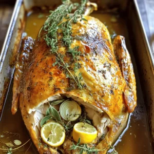 - Whole turkey (12-14 pounds) - Unsalted butter, olive oil, kosher salt - Fresh herbs (thyme, rosemary, sage) The main ingredients create a rich flavor and tender meat. The turkey is the star. Choose a bird that is fresh. The butter and oil add moisture. The kosher salt enhances the taste. Fresh herbs give the turkey a lovely aroma. - Onion and garlic additions - Lemons: zest and juice Aromatics boost the turkey's flavor. Use a large onion, quartered, to fill the cavity. Smashed garlic cloves add a savory touch. The lemons provide bright notes. Zest and juice will elevate the dish. This combination makes each bite delicious. - Roasting pan - Kitchen twine and sharp knife Tools make cooking easier. A sturdy roasting pan is essential. It holds the turkey and broth. Kitchen twine helps tie the legs together. A sharp knife is important for carving. These tools help create a beautiful meal. For the full recipe, check out the detailed instructions. Enjoy creating a flavorful feast! Preheating the oven and preparing the turkey Start by preheating your oven to 325°F (165°C). This temperature ensures even cooking. Next, take your whole turkey and remove the giblets from the cavity. Pat the turkey dry with paper towels. Drying it helps achieve crispy skin. Creating the herb butter mixture In a small bowl, mix these ingredients together: - 4 tablespoons unsalted butter, softened - 1 tablespoon olive oil - 1 tablespoon kosher salt - 1 teaspoon black pepper - 2 lemons, zested and juiced - 1 tablespoon fresh thyme, chopped - 1 tablespoon fresh rosemary, chopped - 1 tablespoon fresh sage, chopped Stir until well combined. This herb butter will add rich flavor to your turkey. Separating skin and meat for optimal flavor Using your hands, carefully separate the skin from the meat. Focus on the breast and thighs. This step creates space for the herb butter to penetrate the meat. It makes the turkey juicy and full of flavor. Applying the herb butter and stuffing Spread half of the herb butter mixture under the skin. Ensure it is even and covers all the meat. Next, rub the remaining herb butter all over the outside of the turkey. Stuff the cavity with: - 1 large onion, quartered - 4 cloves garlic, smashed - 2 lemon halves This stuffing adds a lovely aroma and flavor to your roast. Adding broth and placing the turkey in the pan Pour 2 cups of low-sodium chicken broth into the bottom of a large roasting pan. This broth keeps the turkey moist during cooking. Place the turkey, breast side up, in the pan. Tie the legs with kitchen twine and tuck the wing tips under the body. This helps prevent burning. Basting and monitoring cooking times Roast the turkey in the preheated oven. Baste it every 30 minutes with the pan juices. Cook for about 13-15 minutes per pound. The turkey is done when the internal temperature reaches 165°F (74°C) in the thickest parts. Use a meat thermometer for accuracy. For more details, follow the Full Recipe. Basting your turkey is key for juicy meat. I recommend basting every 30 minutes. This keeps the skin from burning while adding moisture. Use the pan juices for basting. They soak up flavor and keep the meat tender. Check the turkey's internal temperature to ensure it cooks evenly. The thickest part of the breast and thigh should reach 165°F (74°C). You can use a meat thermometer for this. It’s the best way to know your turkey is safe to eat. For a burst of flavor, consider marinating or brining your turkey. A simple brine can be made with water, salt, and sugar. Soak the turkey overnight for best results. This adds moisture and flavor deep into the meat. After roasting, use leftover broth to make gravy or sauces. Strain the drippings from the roasting pan. Mix them with flour or cornstarch to thicken. This creates a rich sauce that pairs well with the turkey. Garnish your roast turkey with fresh herbs. Thyme, rosemary, and sage add color and aroma. Scatter them on the serving platter for a lovely display. When carving, use a sharp knife for clean cuts. Start with the legs and then slice the breast. Arrange the slices on a platter. This makes your turkey look beautiful and appetizing. For the complete recipe, check out the Full Recipe. {{image_2}} You can make your turkey special with different flavors. A Mediterranean twist adds olives and feta. This mix gives the turkey a salty and tangy taste. Just chop olives and mix them with feta. Spread this mixture under the skin before roasting. You can also try a Thanksgiving-style turkey. Add cranberries to the stuffing for sweetness. Fresh or dried cranberries work great. This adds a pop of color and flavor. You can cook turkey in many ways. A slow cooker method makes the turkey very tender. Just place the seasoned turkey in the slow cooker with broth. Cook on low for 6 to 8 hours. This method keeps the turkey juicy and flavorful. Another option is smoking the turkey. This gives the bird a rich, smoky flavor. Use a wood like hickory or apple for a nice taste. Smoke the turkey for several hours at low heat. The result is a unique and delicious turkey. For those needing gluten-free options, use gluten-free broth and seasonings. Always check labels to ensure all ingredients are safe. If you want a low-fat turkey, use less butter. You can replace some butter with olive oil. This keeps the turkey moist while reducing fat. Remember, these variations let you customize your Gordon Ramsay style roast turkey. They make it suit your taste and dietary needs while still being a flavorful feast. For the full recipe, check out the complete instructions. To keep your turkey fresh, store leftovers in the fridge. Wrap the turkey in plastic wrap or foil. Place it in an airtight container to prevent drying out. Aim to eat leftovers within three to four days. For longer storage, freeze the turkey. Slice it into pieces before freezing to make it easier to use later. Use freezer-safe bags, and remove as much air as possible. Label the bags with the date. Frozen turkey can last up to six months. Reheating turkey can be tricky. You want to keep it moist and tasty. The best way is to use the oven. Preheat your oven to 325°F (165°C). Place the turkey in a baking dish. Add a splash of broth or water to keep it moist. Cover it with foil to trap steam. Heat for about 20 minutes or until warm. If using a microwave, slice the turkey into pieces. Heat in short bursts, checking often to avoid dryness. Leftover turkey is very versatile. You can make great sandwiches. Use crusty bread and add cranberry sauce or mayo. It also works well in salads. Mix turkey with greens, nuts, and your favorite dressing. Another idea is turkey soup. Combine turkey with broth, veggies, and herbs for a hearty meal. You can even add it to stir-fries or tacos. The options are endless! For detailed recipes, check the Full Recipe section. You should cook a turkey for about 13 to 15 minutes per pound. For example: - 10 pounds: 2 to 2.5 hours - 12 pounds: 2.5 to 3 hours - 14 pounds: 3 to 3.5 hours Use a meat thermometer to check the turkey. It should reach 165°F in the thickest part of the breast and thigh. The safe internal temperature for turkey is 165°F (74°C). This ensures harmful bacteria are killed. Use a meat thermometer to check at the breast and thigh. Letting the turkey rest after cooking allows the juices to spread, making it juicy. Yes, you can prepare the turkey in advance. You can season it a day before and store it in the fridge. This helps the flavors soak in. Just be sure to let it come to room temperature before roasting. This helps it cook evenly. To make the perfect turkey, focus on your ingredients and tools. You need a whole turkey, butter, and fresh herbs for flavor. Prepping the bird is key, from seasoning to cooking times. Basting helps achieve that juicy roast. Don’t forget tips for leftovers—creative uses can minimize waste and make tasty meals. This process can be simple and rewarding. Enjoy creating a delicious turkey for your next meal. Happy cooking!