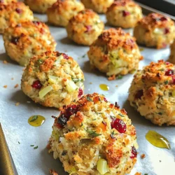 To make delicious Cranberry Turkey Stuffing Balls, gather these key ingredients: - 1 lb ground turkey - 2 cups bread crumbs (preferably whole grain) - 1 cup fresh cranberries, chopped - 1/2 cup onion, finely chopped - 1/4 cup celery, finely chopped - 2 cloves garlic, minced - 1 teaspoon dried sage - 1 teaspoon dried thyme - 1/2 teaspoon salt - 1/4 teaspoon black pepper - 1 egg, beaten - 1/4 cup chicken broth - Olive oil for drizzling These ingredients work together to create a perfect mix of flavors. The turkey gives a nice base, while cranberries add a sweet touch. Fresh herbs enhance the taste, making the stuffing balls truly special. You can also add these ingredients for more flavor: - Additional vegetables like bell peppers or carrots - Cheese options such as feta or mozzarella - Seasoning variations like paprika or cayenne pepper Using these extras can make your stuffing balls unique. Try different combinations to find your favorite mix! These stuffing balls are not only tasty but also nutritious. Here’s a quick look at their nutritional profile: - Caloric content: Around 250 calories per serving - Macronutrient breakdown: - Protein: 20g - Carbohydrates: 30g - Fat: 10g This dish balances protein and carbs well. It’s a great option for a holiday meal, providing energy and flavor. For the full recipe, check out the [Full Recipe]. 1. Preheating the oven: Start by preheating your oven to 375°F (190°C). This temperature is perfect for getting a nice golden color on your stuffing balls. 2. Preparing the baking sheet: Line a baking sheet with parchment paper. This helps prevent sticking and makes for easy cleanup later. 1. Combining turkey and vegetables: In a large bowl, mix together 1 pound of ground turkey with 2 cups of bread crumbs, 1 cup of chopped fresh cranberries, 1/2 cup of finely chopped onion, 1/4 cup of finely chopped celery, and 2 minced garlic cloves. The cranberries add a sweet and tart flavor that balances the savory turkey. 2. Incorporating wet ingredients: Add 1 beaten egg and 1/4 cup of chicken broth to your mixture. Use your hands to combine everything well. You want it to be moist but firm enough to hold its shape. 1. Forming the stuffing balls: Take small portions of the mixture and roll them into golf ball-sized balls. Place them on the prepared baking sheet, leaving some space between each ball. This helps them cook evenly. 2. Baking tips for perfect texture: Drizzle a little olive oil over each ball to help them brown nicely. Bake in your preheated oven for 25-30 minutes. They should turn golden brown and reach an internal temperature of 165°F (74°C). Enjoy the lovely aroma as they cook! For the complete steps and more details, check the [Full Recipe]. To keep your stuffing balls moist, avoid overcooking them. If they dry out, they lose flavor and texture. Use an egg and chicken broth in your mix. The egg helps bind the ingredients. The broth adds needed moisture. Always check the mixture’s consistency; it should be moist but hold its shape. Herbs make a big difference in flavor. I recommend using dried sage and thyme for a classic taste. These herbs blend well with turkey and cranberries. Feel free to adjust the salt and pepper to fit your taste. You can also mix in some fresh herbs if you have them on hand. For a beautiful golden finish, drizzle olive oil over the stuffing balls before baking. This helps them crisp up nicely. Bake them at 375°F for 25-30 minutes. Keep an eye on them as they bake. They should reach an internal temperature of 165°F. That’s how you know they are fully cooked and safe to eat. {{image_2}} You can easily change the protein in your stuffing balls. Instead of turkey, try ground chicken or even beef. Each swap gives a unique taste. If you want a vegetarian option, use black beans or lentils. They add protein and flavor. Changing the type of bread can also make a big difference. Use sourdough for a tangy taste or cornbread for a sweet note. You can even mix different breads for a fun twist. Want to add crunch? Toss in some chopped nuts, like walnuts or pecans. They add texture and a nutty flavor. Dried fruits like raisins or apricots also work well. They bring sweetness that pairs nicely with cranberries. Don’t be afraid to play with spices. Add a pinch of cumin or paprika for warmth. You can also try fresh herbs, like parsley or rosemary, for a fresh kick. These stuffing balls shine with the right sauces. A cranberry sauce adds a sweet touch. Gravy can make them rich and hearty. Serve them with roasted veggies or mashed potatoes for a lovely meal. For a fun presentation, stack the balls on a platter with sprigs of fresh herbs. You can also serve them in small cups for a party-style dish. These ideas will impress your guests and make the meal feel special. For the full recipe, check out the [Full Recipe]. To store leftovers, let the stuffing balls cool first. Place them in an airtight container. This keeps them fresh. You can store them in the fridge for up to three days. For the best taste, eat them within this time. If you want to freeze them, wrap each stuffing ball in plastic wrap. Then, place them in a freezer bag. This helps avoid freezer burn. They stay good in the freezer for about three months. When you're ready to eat, thaw them overnight in the fridge. Reheat them in the oven at 350°F (175°C) for about 15 minutes. Preparing in advance makes life easier. You can mix the ingredients a day before and refrigerate. Just shape the balls before baking. Portioning them into meal-sized servings helps with storage. It also makes it easy to grab what you need for a quick meal. Follow the Full Recipe for best results! To check if your stuffing balls are done, use a meat thermometer. The internal temperature should reach 165°F (74°C). If you do not have a thermometer, look for a golden brown color on the outside. The balls should feel firm and not soft. The juices should run clear when you cut into one. This ensures the turkey is cooked through and safe to eat. Yes, you can prep these stuffing balls in advance. You can mix the ingredients and shape them into balls. Then, place them on a baking sheet and cover with plastic wrap. Store them in the fridge for up to 24 hours. You can also freeze the unbaked stuffing balls. Just make sure to separate them on the baking sheet before freezing. Once frozen, transfer them to a freezer bag. Bake them straight from the freezer; just add a few extra minutes to the cooking time. These stuffing balls pair well with many dishes. Serve them with a simple green salad for a light meal. They also go great with mashed potatoes or sweet potato mash. Consider adding a tangy cranberry sauce on the side for extra flavor. You could even serve them with roasted vegetables for a colorful plate. For a festive touch, try them with gravy or a creamy mushroom sauce. Enjoy mixing and matching these flavors! In this post, we explored the ingredients and steps to make tasty cranberry turkey stuffing balls. We discussed essential and optional ingredients for added flavor, along with nutrition facts. I shared tips to keep the stuffing moist and flavorful. We also covered variations, storage tips, and common questions. With these insights, you can create a delicious dish, experiment with flavors, and impress at your next meal. Enjoy your cooking and savor each bite!