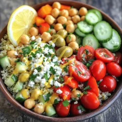 Let’s dive into the ingredients for the Mediterranean Salad Bowl. Each one adds flavor and nutrition. You can find all these items at your local grocery store. - Quinoa - Fresh vegetables (cherry tomatoes, cucumber, red bell pepper, red onion) - Canned chickpeas - Kalamata olives and feta cheese - Dressing components (olive oil, lemon juice, oregano, salt, and pepper) Quinoa is a great base for this salad. It is light, fluffy, and packed with protein. The fresh vegetables bring color and crunch. Cherry tomatoes offer sweetness, while cucumber cools the dish. Red bell pepper gives a hint of warmth, and red onion adds a bit of bite. Chickpeas are a must for heartiness. They are full of fiber and keep you full longer. Kalamata olives add a briny flavor that balances the sweetness of the veggies. Feta cheese gives a creamy, tangy kick to each bite. Now, let’s talk about the dressing. Olive oil adds richness. Lemon juice brightens up the flavors and adds zest. Oregano gives an earthy note, while salt and pepper round everything out. For the full recipe, check out the details above, and get ready to create a fresh and flavorful Mediterranean Salad Bowl that you will love! First, grab a medium pot. Bring 2 cups of vegetable broth or water to a boil. I always use broth for added flavor. This step is quick and easy. Once boiling, add 1 cup of rinsed quinoa. Lower the heat to a simmer. Cover the pot and cook for about 15 minutes. The quinoa will absorb the liquid and become fluffy. After cooking, remove it from heat and let it cool. While the quinoa cools, get a large mixing bowl. In this bowl, mix together the following ingredients: - 1 cup cherry tomatoes, halved - 1 cucumber, diced - 1 red bell pepper, diced - ½ red onion, finely chopped - 1 cup canned chickpeas, drained and rinsed - ½ cup Kalamata olives, pitted and halved - ¼ cup fresh parsley, chopped Now, for the dressing! In a small bowl, whisk together: - 3 tablespoons olive oil - 2 tablespoons lemon juice - 1 teaspoon dried oregano - Salt and pepper to taste Make sure to whisk until smooth. This dressing will tie all the flavors together. Once the quinoa has cooled, add it to the vegetable mixture. Pour the dressing over everything and toss gently. You want to mix well but avoid breaking the quinoa. Finally, sprinkle ½ cup of crumbled feta cheese on top. Give it one last light toss. This adds flavor and creaminess. Taste it and adjust seasoning with salt and pepper if needed. For the full recipe, check out the Mediterranean Bliss Bowl. Enjoy your fresh and colorful salad bowl! To make the best Mediterranean salad bowl, focus on the quinoa first. - Achieving the right quinoa texture: Rinse your quinoa well before cooking. This removes bitterness. Cook it in vegetable broth for flavor. It should be fluffy, not mushy. Once done, let it cool before mixing. - Balancing flavors in the dressing: Mix olive oil and lemon juice for a bright taste. Add dried oregano for a hint of earthiness. Taste it before pouring over the salad. Adjust salt and pepper to your liking. - Mixing techniques for even distribution: Start by combining your vegetables in a big bowl. Once mixed, gently fold in the quinoa. Use a spatula to avoid breaking the feta. This keeps everything well distributed and looking pretty. A beautiful salad bowl makes your meal more inviting. - Serving suggestions for a beautiful display: Use clear glass bowls to show off the colors. Layer the ingredients to create a visual feast. - Garnishing with herbs or lemon wedges: Fresh parsley adds a pop of green. A lemon wedge on the side brightens the dish. It also invites people to squeeze some juice over the salad. - Bowl alternatives for serving: Try using rustic wooden bowls for a homey feel. You can also use large lettuce leaves as edible bowls. They add flavor and fun to your meal. These tips will help you create a Mediterranean salad bowl that impresses everyone. For full details on making this dish, check out the Full Recipe. {{image_2}} You can make your Mediterranean salad unique. Start by adding proteins. Grilled chicken or shrimp brings great flavor and fills you up. You can also mix in different vegetables. Try creamy avocado or sweet roasted red peppers. They add a nice twist to the bowl. If you prefer vegan options, no problem! You can leave out feta cheese or swap it for vegan cheese. This way, everyone can enjoy the salad, no matter their diet. This salad fits many diets. If you're gluten-free, quinoa is a perfect base. It has no gluten and is very nutritious. You can also make low-carb versions. Just skip the chickpeas or reduce the amount of quinoa. Key ingredients in this salad offer many benefits. Quinoa is high in protein and fiber. Fresh vegetables add vitamins and minerals. Chickpeas boost your energy and are great for your heart. Every bite is not just tasty; it's good for you too! For the full recipe, check out the Mediterranean Bliss Bowl 🥗. To keep your Mediterranean salad fresh, store it in an airtight container. This helps prevent sogginess. I recommend using glass or BPA-free plastic containers. They keep the taste and texture better than other options. You can store the salad in the fridge for up to three days. If you add dressing, eat it within two days. The veggies stay crisp when stored without dressing. This makes it easier to enjoy later. Can you freeze the Mediterranean salad? I don’t recommend freezing it. Freezing can change the texture of veggies and chickpeas. They may become mushy when thawed. If you still want to freeze it, leave out the fresh ingredients like tomatoes, cucumber, and feta cheese. These items do not freeze well. To thaw, place the container in the fridge overnight. Refresh the salad by adding fresh veggies and a splash of lemon juice before serving. This adds life back to your dish. To make a Mediterranean salad from scratch, follow these simple steps: 1. Cook the quinoa: Start by boiling vegetable broth or water. Add 1 cup of rinsed quinoa. Lower the heat, cover it, and simmer for 15 minutes. This makes the quinoa fluffy. 2. Prepare the veggies: While the quinoa cooks, chop fresh vegetables like cherry tomatoes, cucumber, red bell pepper, and red onion. 3. Mix ingredients: In a large bowl, combine the chopped veggies with canned chickpeas and Kalamata olives. 4. Make the dressing: In a small bowl, whisk together olive oil, lemon juice, dried oregano, salt, and pepper. 5. Combine everything: Once the quinoa cools, add it to the veggie mix. Drizzle the dressing over and toss gently. 6. Add feta: Sprinkle crumbled feta cheese on top and mix lightly. This approach gives you a fresh and tasty salad, perfect for any meal. You can find the full details in the [Full Recipe]. A Mediterranean salad features classic ingredients that bring vibrant flavors. Here’s an overview of the essentials: - Quinoa: This grain provides a healthy base and nutty flavor. - Fresh vegetables: Cherry tomatoes add sweetness, while cucumber and red bell pepper offer crunch. - Red onion: It gives a sharp bite to balance the flavors. - Canned chickpeas: These are packed with protein and add a creamy texture. - Kalamata olives: They add a briny taste that enhances the salad. - Feta cheese: This crumbly cheese provides a rich flavor and creaminess. - Dressing: Olive oil, lemon juice, oregano, salt, and pepper create a zesty finish. These ingredients combine to create a colorful and healthy dish. Yes, you can use different grains instead of quinoa! Here are some great substitutes: - Couscous: It cooks quickly and has a light, fluffy texture. - Bulgur: This grain is hearty and has a slightly nutty taste. - Farro: It adds a chewy texture and rich flavor. - Brown rice: This is a gluten-free option that works well too. Feel free to experiment with these grains while keeping the rest of your salad the same! This Mediterranean salad is fresh, tasty, and easy to make. You learned how to cook quinoa and mix it with vibrant veggies and chickpeas. The dressing adds a zesty kick while feta cheese gives richness. You can customize it with proteins or different veggies for variety. Remember to store leftovers correctly and enjoy them later! This salad fits many diets and flavors. Using my tips will help you make the perfect bowl. Enjoy your healthy creation!