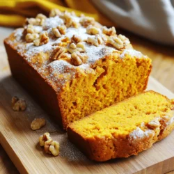 To make my easy pumpkin bread, gather these essential ingredients: - 1 ½ cups all-purpose flour - 1 teaspoon baking powder - 1 teaspoon baking soda - ½ teaspoon salt - 1 teaspoon ground cinnamon - ½ teaspoon ground nutmeg - ¼ teaspoon ground ginger - ½ cup vegetable oil - 1 cup granulated sugar - 2 large eggs - 1 cup canned pumpkin puree - 1 teaspoon vanilla extract These ingredients combine perfectly to create a warm, spiced loaf that feels like a hug in bread form. The pumpkin puree adds moisture and flavor, making each bite rich and satisfying. You can jazz up your pumpkin bread with some fun add-ins. Consider these options: - ½ cup chopped walnuts or pecans - ½ cup chocolate chips - ½ cup dried cranberries These add-ins can bring extra flavor and texture. Nuts give a nice crunch, while chocolate chips add sweetness. Dried cranberries can offer a fruity surprise. If you don’t have an ingredient on hand, here are some easy swaps: - Use whole wheat flour for a healthier option. - Swap vegetable oil with melted coconut oil for a different flavor. - Replace granulated sugar with brown sugar for added depth. These substitutions keep the bread delicious, while still making it your own. Don’t be afraid to experiment! Check out the Full Recipe for all the details on how to make this delightful treat. Start by preheating your oven to 350°F (175°C). This heat makes sure your bread cooks evenly. While the oven warms up, take a 9x5-inch loaf pan. You can grease it with butter or spray. If you want an easy cleanup, line it with parchment paper. This keeps your bread from sticking. Next, grab a medium bowl. In this bowl, whisk together these dry items: - 1 ½ cups all-purpose flour - 1 teaspoon baking powder - 1 teaspoon baking soda - ½ teaspoon salt - 1 teaspoon ground cinnamon - ½ teaspoon ground nutmeg - ¼ teaspoon ground ginger Mix them well. This step ensures your spices and leavening agents are evenly spread. Now it's time for the wet mix. In a large bowl, add: - ½ cup vegetable oil - 1 cup granulated sugar Whisk these until smooth. Then, add 2 large eggs, one by one. Beat well after each egg. Next, stir in: - 1 cup canned pumpkin puree - 1 teaspoon vanilla extract Mix until these ingredients are fully combined. Now, take your dry mix and fold it into the wet mix. Be gentle. Overmixing can make your bread tough. If you like nuts, fold in ½ cup of chopped walnuts or pecans. Pour your batter into the prepared loaf pan. Smooth the top with a spatula. Place the pan in the oven for 60-70 minutes. To check if it's done, insert a toothpick into the center. If it comes out clean, your bread is ready. Once baked, let it cool in the pan for 10 minutes. Then, transfer it to a wire rack to cool completely. Enjoy your pumpkin bread! To keep your pumpkin bread soft, mix gently. Overmixing makes the bread tough and dry. After adding the dry mix to the wet, stir just until you see no flour. Clumps are okay. Remember, it's not a race, so take your time. The key to moist pumpkin bread is the pumpkin puree. It adds flavor and keeps the bread soft. Use canned pumpkin puree for ease and consistency. If you want to add moisture, consider using applesauce. It works well without changing the taste much. Let the bread cool in the pan for about 10 minutes. Then, transfer it to a wire rack. This helps it cool evenly. When slicing, use a serrated knife for clean cuts. Warm slices are perfect with a little butter or cream cheese. Enjoy your delicious pumpkin bread! {{image_2}} You can boost the flavor of your pumpkin bread by adding more spices. Try adding a pinch of cloves for warmth. Or, mix in some allspice for a unique taste. You can even add a bit of cardamom for a fragrant twist. These spices work well with pumpkin, making the bread even tastier. If you want a healthier version, swap all-purpose flour for whole wheat flour. This change gives you more fiber and nutrients. For sugar, you can use honey or maple syrup. This switch keeps the sweet flavor but reduces refined sugars. These options make your pumpkin bread a bit better for you. Adding mix-ins can take your pumpkin bread to another level. Chocolate chips give a sweet and rich flavor. Dried cranberries add a tart bite that contrasts with the sweetness. You can also add nuts for crunch. Walnuts or pecans work great in this recipe. Get creative with your mix-ins, and enjoy trying new combinations. To keep your pumpkin bread fresh, wrap it in plastic wrap. You can also use aluminum foil or store it in an airtight container. This helps keep moisture in and prevents it from drying out. Store it at room temperature for best results. If you live in a humid area, consider refrigerating it. When stored properly, your pumpkin bread lasts about 3 to 4 days at room temperature. If you put it in the fridge, it can last up to a week. However, refrigeration can change the texture, making it a bit firmer. For the best taste, eat it fresh within the first few days. Freezing is a great way to keep your pumpkin bread longer. First, let it cool completely. Then, wrap it tightly in plastic wrap and place it in a freezer bag. Remove as much air as you can. Pumpkin bread can last up to 3 months in the freezer. When you're ready to enjoy it, just thaw it in the fridge or at room temperature. For quick enjoyment, you can even slice and toast the frozen bread! You can test if your pumpkin bread is done by using a toothpick. Insert the toothpick into the center of the bread. If it comes out clean, your bread is ready. If it has batter on it, bake for a few more minutes. The top should look golden and feel firm to the touch. Yes, you can use fresh pumpkin. Start by roasting a pumpkin until soft. Then, scoop out the flesh and blend it until smooth. Make sure to measure it as you would canned pumpkin. The flavor will be richer and fresher, giving your bread a unique touch. Pumpkin bread pairs well with many tasty options. Here are some ideas: - Cream cheese spread - Butter - Honey or maple syrup - Chopped nuts on top - A hot drink like coffee or tea These will enhance the flavors and make each bite even more enjoyable. To make your pumpkin bread more moist, you can try a few tricks: - Add a little more oil or butter. - Use brown sugar instead of white sugar. - Include a small amount of yogurt or sour cream. - Ensure you do not overbake the bread. These tips can help keep your pumpkin bread soft and delicious. Try them out next time you bake! To make easy pumpkin bread, you need simple ingredients. Here’s what you'll need: - 1 ½ cups all-purpose flour - 1 teaspoon baking powder - 1 teaspoon baking soda - ½ teaspoon salt - 1 teaspoon ground cinnamon - ½ teaspoon ground nutmeg - ¼ teaspoon ground ginger - ½ cup vegetable oil - 1 cup granulated sugar - 2 large eggs - 1 cup canned pumpkin puree - 1 teaspoon vanilla extract - ½ cup chopped walnuts or pecans (optional) Follow these steps to bake your pumpkin bread. 1. First, preheat your oven to 350°F (175°C). Grease a 9x5-inch loaf pan or line it with parchment paper. 2. In a medium bowl, whisk together flour, baking powder, baking soda, salt, cinnamon, nutmeg, and ginger until mixed. 3. In a large bowl, combine vegetable oil and sugar. Whisk until smooth. 4. Add the eggs to the sugar mix, one at a time. Beat well after each egg. Then stir in pumpkin puree and vanilla until fully mixed. 5. Gradually fold the dry mix into the wet mix. Don't overmix. If using nuts, gently stir them in. 6. Pour the batter into your loaf pan. Smooth the top with a spatula. 7. Bake for 60-70 minutes, or until a toothpick inserted in the center comes out clean. 8. After baking, remove from the oven. Cool in the pan for 10 minutes. Then transfer to a wire rack to cool fully. Each slice of pumpkin bread is a tasty treat. It offers warmth and comfort. Here are some ideas for serving: - Slice the bread and serve warm. A sprinkle of powdered sugar adds a nice touch. - Spread cream cheese on top for extra flavor. - Wrap the loaf in colorful parchment paper. Tie it with twine for a lovely gift. This recipe brings joy to your kitchen with its rich flavors and delightful aroma. Enjoy! You can make easy pumpkin bread with just a few key ingredients and simple steps. We explored different mixes, tips for great texture, and how to store your bread. Remember, you have options for flavors and healthy swaps. Baking can be fun and rewarding. Whether you stick to the basics or try new things, enjoy every moment. Your homemade pumpkin bread will taste great, and you'll impress your friends and family. Let your creativity shine as you bake!