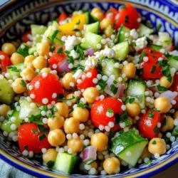 To make a fresh and tasty Pearl Couscous Chickpea Salad, you need simple and vibrant ingredients. Here is the complete list of what you will need: - 1 cup pearl couscous - 1 can (15 oz) chickpeas, rinsed and drained - 1 red bell pepper, diced - 1 cup cherry tomatoes, halved - 1 cucumber, diced - 1/4 red onion, finely chopped - 1/4 cup fresh parsley, chopped - 1/4 cup feta cheese, crumbled (optional) - 3 tablespoons olive oil - 2 tablespoons lemon juice - 1 teaspoon ground cumin - Salt and pepper to taste These ingredients create a bright and colorful dish. Pearl couscous brings a unique texture, while chickpeas add protein. The red bell pepper and cherry tomatoes offer sweetness and crunch. Cucumber adds a refreshing bite, and red onion gives it a bit of zing. Fresh parsley brightens the flavor, and feta cheese adds creaminess if you choose to include it. The olive oil and lemon juice give the salad a zesty finish. Use salt and pepper to taste for extra flavor. For the full recipe, check out the instructions to see how to bring these ingredients together into a delightful salad. To cook pearl couscous, start by boiling 1.5 cups of water in a medium saucepan. Add 1 cup of pearl couscous and a pinch of salt. Cover the pot and reduce the heat to low. Let it simmer for about 8 to 10 minutes. The couscous should be al dente, which means it will have a slight bite. Once cooked, remove it from the heat and let it cool. This cooling step is vital; it keeps the couscous from getting mushy. While the couscous cools, wash and chop your vegetables. Use a sharp knife for easy cutting. Dice the red bell pepper, cucumber, and onion into small pieces. Halve the cherry tomatoes for a juicy burst in every bite. Place all the chopped veggies in a large mixing bowl with one can of rinsed and drained chickpeas. Add freshly chopped parsley for color and flavor. Mixing all ingredients in one bowl makes it easier to combine later. Creating a zesty dressing is simple. In a small bowl, whisk together 3 tablespoons of olive oil, 2 tablespoons of lemon juice, and 1 teaspoon of ground cumin. Add salt and pepper to taste. This dressing adds a bright flavor that ties the salad together. You can adjust the olive oil and lemon juice for a milder or stronger taste based on your preference. Once the couscous is cool, add it to the bowl with the veggies and chickpeas. Drizzle the zesty dressing over the mixture. Use a large spoon to gently toss everything together. This ensures all flavors blend well. It’s important to chill the salad in the fridge for at least 30 minutes. Chilling helps the flavors meld together, making each bite more delicious. You can sprinkle crumbled feta cheese on top just before serving if you like. For the full recipe, check out the detailed instructions above. To boost the flavor of your Pearl Couscous Chickpea Salad, use fresh herbs. Fresh parsley adds brightness. You can also add mint for a unique twist. For extra zest, consider a splash of vinegar or citrus juice. Adjust seasonings to fit your taste. Start with a pinch of salt, then add more if needed. Taste as you go to find the right balance. You can prepare many ingredients in advance. Chop the vegetables a day before. Store them in airtight containers in the fridge. You can also cook the pearl couscous ahead of time. Let it cool completely before storing it. This will help save time on serving day. Keep all prepped items separate until you're ready to mix and serve. For a fun presentation, layer the salad in a clear bowl. This shows off the colorful ingredients. You could also serve it in lettuce cups for a fresh twist. Pair this salad with grilled chicken or fish for a complete meal. It works well for picnics or potlucks too. You can enjoy it as a light lunch or a hearty side dish. For the full recipe, check the earlier section. {{image_2}} You can swap out chickpeas for other beans. Black beans or white beans work well. They add protein and flavor. For vegetables, try using bell peppers or zucchini. You can even add corn for a sweet crunch. Each swap brings a new twist to the salad. If you want a creamy dressing, try yogurt or tahini. Both give a nice flavor boost. For a herbal twist, mix in fresh basil or mint. These herbs add freshness and aroma. You can also use balsamic vinegar for a different taste. To make the salad vegan, leave out the feta cheese. You can add avocado for creaminess instead. For a gluten-free option, choose gluten-free couscous or quinoa. Both give great texture and taste. Adjust the recipe to fit your needs and enjoy! To keep your salad fresh, use an airtight container. Glass or plastic containers work well. Make sure to store it in the fridge. You can keep it for up to three days. After that, the veggies may lose their crunch. This salad is best enjoyed cold. If you want to warm it up, do so gently. Use a microwave on low heat. Be careful not to overheat, as this can ruin the texture. If it feels dry, drizzle a little olive oil on top before serving. Freezing this salad is not recommended. The texture of the veggies and couscous changes when frozen. If you must freeze it, separate the dressing and veggies first. Store the salad base in a freezer bag. When ready to eat, thaw overnight in the fridge and mix in the dressing. This way, you can revive it without losing too much flavor. Pearl couscous cooks in about 8 to 10 minutes. Boil 1.5 cups of water. Add a pinch of salt. Stir in 1 cup of pearl couscous. Cover and simmer on low heat. It should be al dente when done. Yes, you can make this salad ahead of time. It keeps well in the fridge. I suggest letting it chill for at least 30 minutes before serving. - Calories: About 250 per serving - Protein: Around 9 grams - Fats: Approximately 10 grams - Carbs: Roughly 35 grams This salad is hearty yet light. It's a great option for lunch or dinner. Absolutely! You can skip the feta cheese if you want. The salad will still taste fresh and zesty. Try adding avocado for creaminess instead. To make a warm version, cook the couscous as usual. Sauté the veggies in olive oil. Mix the warm couscous with the cooked veggies. Add the dressing while warm. Serve it right away for a cozy dish. For the full recipe, check the earlier section. Enjoy your cooking! In this blog post, I shared a simple recipe for Zesty Pearl Couscous Chickpea Salad. You learned about the fresh ingredients and step-by-step instructions to prepare it. I also offered tips for enhancing flavor and storage advice. This salad is versatile and easy to customize, making it perfect for any meal. Enjoy trying different ingredients and dressing options. With this recipe, you can create a delicious and healthy dish that suits your taste. Keep it fresh, mix it up, and savor every bite!
