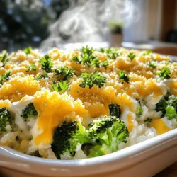 To make this tasty dish, you need some key ingredients. Here they are: - 2 cups cooked rice (white or brown) - 2 cups fresh broccoli florets (or frozen) - 1 cup cheddar cheese, shredded - ½ cup cream cheese, softened - 1 cup vegetable broth - 1 cup milk (can substitute with almond or oat milk) - 1 teaspoon garlic powder - 1 teaspoon onion powder - ½ teaspoon black pepper - 1 tablespoon olive oil - 1 cup breadcrumbs (panko for extra crunch) - Optional: ¼ cup Parmesan cheese, grated These ingredients work together to create a creamy, cheesy, and satisfying casserole. The rice acts as a soft base while the broccoli adds a nice crunch and color. The cheeses melt beautifully, making each bite a delight. If you have dietary needs, you can still enjoy this dish. Here are some swaps: - Use quinoa instead of rice for a gluten-free option. - Substitute cream cheese with cashew cream for a vegan option. - Use dairy-free cheese to keep it plant-based. - Swap vegetable broth with chicken broth for added flavor. These alternatives allow you to customize the casserole to fit your diet while still enjoying its deliciousness. Want to add more flavor or texture? Consider these optional toppings: - ¼ cup grated Parmesan cheese for a savory kick. - Fresh herbs like parsley or chives for a fresh taste. - Cooked chicken or turkey for added protein. - Sliced jalapeños for a spicy touch. Feel free to mix and match these options. They enhance the dish and make it your own. For the full recipe, be sure to check out the complete instructions. Start by gathering your ingredients. You will need cooked rice, fresh broccoli, cheddar cheese, cream cheese, vegetable broth, and milk. Don't forget garlic powder, onion powder, black pepper, olive oil, and breadcrumbs. Preheat your oven to 350°F (175°C). Grease a 9x13-inch baking dish with olive oil. This helps prevent sticking and makes cleanup easy. Next, heat olive oil in a large pan over medium heat. Add broccoli florets and sauté them for 3 to 5 minutes. You want them bright green and a bit tender. This step brings out their flavor and keeps them vibrant. While the broccoli cooks, mix the rice, sautéed broccoli, cheddar cheese, and cream cheese in a bowl. Pour in vegetable broth and milk, then add garlic powder, onion powder, and black pepper. Stir well until everything is combined. Once your mixture is ready, pour it into the greased baking dish. Spread it out evenly to ensure even cooking. In a separate bowl, mix breadcrumbs with grated Parmesan cheese if you choose to add it. This gives a nice crunch and extra flavor. Sprinkle the breadcrumb mixture over the casserole. Cover the dish with aluminum foil to keep moisture in, then bake for 25 minutes. This helps the flavors meld together. After 25 minutes, remove the foil and bake for another 15 minutes. You want the breadcrumbs golden brown and crispy. This creates a delightful texture contrast with the creamy filling. For this casserole, the total cooking time is 40 minutes. Bake at 350°F (175°C) for best results. Make sure to let the casserole cool for a few minutes before serving. This allows the layers to set and makes it easier to cut. Serve warm for the best cheesy experience. You can find the full recipe for more details on cooking times and tips. To make your casserole creamy, use both cream cheese and cheddar cheese. Cream cheese adds a rich texture. Cheddar brings a lovely flavor. Combine these with the milk and broth for the best results. Mixing well ensures a smooth blend. If you want it even creamier, try adding a splash of sour cream. This will enhance the taste and texture. One common mistake is not cooking the rice fully. If rice is undercooked, it can affect the dish. Be sure to follow the cooking time on the rice package. Another mistake is not sautéing the broccoli long enough. Sautéing helps keep its bright color and flavor. Lastly, avoid overbaking. This can dry out the casserole. Keep an eye on the time to get that perfect golden top. To boost flavor, consider adding more spices. A pinch of smoked paprika can add a nice kick. You might also try some cayenne for heat. If you enjoy herbs, fresh thyme or parsley can brighten up the dish. Adding a splash of lemon juice before serving can also enhance the flavors. Feel free to experiment with your favorite seasonings to make this casserole your own. For the full recipe, check out the details above. {{image_2}} You can switch up the cheese in this dish. Try using mozzarella for a gooey texture. Gouda adds a nice smokiness, while pepper jack gives a spicy kick. Mixing different cheeses can create a unique flavor. Just remember to keep the total amount of cheese similar to the recipe. For a vegetarian twist, use vegetable broth and stick to the dairy cheeses. If you want a vegan option, replace cream cheese and milk with plant-based versions. Use cashew cream or a vegan cream cheese. Nutritional yeast can also add a cheesy flavor. These swaps keep the dish rich and tasty. Want to make it heartier? You can add proteins like chicken, turkey, or beans. Cooked chicken mixes well and adds flavor. For a veggie boost, toss in bell peppers, peas, or spinach. Just make sure to adjust cooking time so everything cooks evenly. Each addition will make this cheesy broccoli rice casserole your own. Check out the Full Recipe for more ideas! To keep your cheesy broccoli rice casserole fresh, place it in an airtight container. You can store it in the fridge for up to three days. Make sure the casserole cools before sealing the container. This helps prevent moisture buildup and keeps it tasty. When you're ready to enjoy leftovers, reheat them in the oven for the best taste. Preheat your oven to 350°F (175°C). Place the casserole in an oven-safe dish. Cover it with foil to keep moisture in. Heat for about 20 minutes or until warm. You can also use the microwave. Just heat it in short bursts of one minute, stirring in between. If you want to save your casserole for later, freezing works great. To freeze, let the dish cool completely. Then, wrap it tightly in plastic wrap and aluminum foil. This protects it from freezer burn. You can freeze it for up to three months. When you're ready to eat, thaw it in the fridge overnight before reheating. For the full recipe, check out the Cheesy Broccoli Rice Casserole preparation steps. You can make this dish gluten-free by using gluten-free breadcrumbs. There are many great options at stores. Instead of regular cream cheese, look for a gluten-free brand. Use rice and broth that are labeled gluten-free. This way, you can enjoy this tasty casserole without worry. Yes, you can use different types of rice. Brown rice adds a nutty flavor and a chewy texture. If you prefer white rice, that works too! You can even try jasmine or basmati rice for a unique taste. Just make sure to cook the rice before adding it to the casserole. This casserole goes great with many side dishes. A fresh salad adds crunch and color. Roasted vegetables also complement the creamy casserole well. You could serve it with garlic bread for a hearty meal. For a lighter option, try steamed green beans or a side of fruit. In this post, we explored how to make Cheesy Broccoli Rice Casserole. We covered essential ingredients, dietary alternatives, and fun toppings. You learned step-by-step instructions for preparation and baking, plus tips to avoid common mistakes. Variations allowed for different cheeses and protein choices. Finally, we provided storage tips to keep leftovers fresh. Enjoy creating this dish your way and savoring every bite!