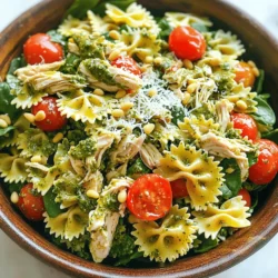 To make a tasty Chicken Pesto Pasta Salad, you need a mix of fresh and simple items. Here’s what you will need: - 2 cups cooked pasta (farfalle or rotini work well) - 1 cup cooked chicken breast, shredded or diced - 1 cup cherry tomatoes, halved - 1 cup fresh spinach, roughly chopped - 1/2 cup basil pesto - 1/4 cup grated Parmesan cheese - 1/4 cup pine nuts, toasted - Salt and pepper to taste - 1 tablespoon olive oil (optional for drizzling) Each ingredient plays a key role. The pasta serves as the base. The chicken adds protein, while the tomatoes and spinach bring freshness. The pesto gives it a rich, herby flavor. Together, these ingredients create a colorful and delicious salad. You don’t need fancy tools to make this dish. Here’s a list of what you’ll need: - Large mixing bowl - Measuring cups - Knife and cutting board - Spoon for mixing - Optional: Tongs for serving These tools help you prepare the salad with ease. A simple mixing bowl works well for combining everything. This Chicken Pesto Pasta Salad is not only tasty but also good for you. Here’s a quick look at what’s in it: - Calories: About 400 per serving - Protein: 25 grams - Carbohydrates: 35 grams - Fat: 20 grams This salad packs a balanced punch! It offers protein from chicken and healthy fats from olive oil and pine nuts. It’s filling without being heavy. If you want more info, check out the Full Recipe. Start by gathering your ingredients. You will need: - 2 cups cooked pasta (farfalle or rotini work well) - 1 cup cooked chicken breast, shredded or diced - 1 cup cherry tomatoes, halved - 1 cup fresh spinach, roughly chopped - 1/2 cup basil pesto - 1/4 cup grated Parmesan cheese - 1/4 cup pine nuts, toasted - Salt and pepper to taste - 1 tablespoon olive oil (optional for drizzling) First, cook the pasta according to package directions. Drain it and let it cool. While the pasta cooks, shred or dice your chicken. You can use leftover chicken or cook it fresh. Halve the cherry tomatoes and chop the spinach. In a large mixing bowl, combine the cooked pasta, chicken, and halved tomatoes. Gently add the chopped spinach and basil pesto. Mix well so every piece gets coated. Next, sprinkle in the grated Parmesan cheese and the toasted pine nuts. Toss everything together until it is all well combined. Now it's time to taste your salad! Add salt and pepper to your liking. If you want it richer, drizzle a tablespoon of olive oil over the top. Cover the salad and chill it in the fridge for at least 30 minutes. This helps the flavors blend nicely. When serving, you can place the salad in a big bowl or dish it out into individual portions. For a nice touch, garnish with extra pine nuts, a sprinkle of Parmesan, and fresh basil leaves. Enjoy your Chicken Pesto Pasta Salad! For the full recipe, check the earlier section. To make the best pasta, choose the right type. I love farfalle or rotini for this dish. Boil water in a large pot, then add salt. This adds flavor as the pasta cooks. Cook the pasta until it's al dente. This means it should still have a slight bite. Drain it well and rinse under cold water to stop the cooking. Cooking chicken properly is key for this salad. I recommend baking or poaching the chicken. Once it cools, use two forks to shred it. This method makes it easy and quick. Shredded chicken mixes well with the pasta and pesto. If you prefer diced pieces, cut the chicken into small cubes instead. You can add more flavor to your salad with extra ingredients. Try adding olives for a briny kick. Sun-dried tomatoes give a sweet and tangy taste. For crunch, consider adding bell peppers or cucumbers. You can also sprinkle in some herbs like oregano or thyme. If you like spice, add a pinch of red pepper flakes. These options let you personalize the dish. For the full recipe, check out Chicken Pesto Pasta Salad. {{image_2}} You can make this dish even better by adding more vegetables. Try bell peppers for a crunchy bite. Zucchini adds a fresh taste. You can also use broccoli florets or peas. These veggies not only taste great but also add color. Mix and match to find your favorite combo! If you want to change the protein, go for grilled shrimp or tofu. Both options will keep the salad light. You could also use turkey or ham for a different flavor. Each protein gives the dish a new twist. Experiment to find what you like best! The pasta shape can change the whole feel of this dish. Farfalle and rotini work well, but don’t stop there! Try penne, or even spaghetti, for fun. Each shape holds the pesto in its own way. This small change can make a big difference in each bite. For complete details on how to make this salad, check out the Full Recipe! To keep your Chicken Pesto Pasta Salad fresh, place it in an airtight container. This helps keep out air and moisture. Store it in the fridge for up to three days. Make sure to mix it well before serving again. The flavors will blend more as it sits. Freezing this pasta salad isn’t the best choice. The pasta may become mushy when thawed. However, if you must freeze it, do so without the pesto. Store the pasta and chicken in separate containers. Use them within two months for the best taste. When ready, defrost them in the fridge overnight. Reheat your Chicken Pesto Pasta Salad gently. Use the microwave and heat in short bursts. Stir often to ensure even warming. If the salad seems dry, add a splash of olive oil or a bit of fresh pesto before serving. This will bring back some moisture and flavor. Yes, you can make Chicken Pesto Pasta Salad ahead of time. It tastes even better after chilling. I recommend preparing it a few hours before serving. This gives the flavors time to mix well. Just cover it tightly and store it in the fridge. If you need a substitute for pesto, try using hummus or sun-dried tomato spread. These options add flavor without using pesto. You can also make your own pesto with spinach, garlic, and nuts if you prefer. Chicken Pesto Pasta Salad lasts about three to four days in the fridge. Make sure to store it in an airtight container. If it starts to look or smell off, it's best to throw it away. Absolutely! Leftover chicken works great in this salad. It saves time and adds extra flavor. Just shred or dice the chicken before adding it to the salad. To make this salad gluten-free, use gluten-free pasta. There are many options available that taste great. Just make sure to check the label when you buy it. Yes, you can add more veggies! Bell peppers, cucumbers, or olives work well. Just chop them up and toss them in with the other ingredients. This adds color and crunch. To make it vegetarian, skip the chicken and add more veggies or beans. Chickpeas or black beans can add protein and texture. You can also add more cheese for extra flavor. Serve this salad cold or at room temperature. You can put it in a large bowl or individual cups. Garnish with extra pine nuts and Parmesan cheese for a nice touch. Yes, you can easily make a smaller batch. Just reduce the ingredients to fit your needs. Keep the same ratios for the best taste. To make it creamier, add a bit of Greek yogurt or sour cream. Mix it in with the pesto for a richer flavor. This adds a nice tang and helps bind the salad together. For more details, check out the Full Recipe. This blog post covered the key steps to make Chicken Pesto Pasta Salad. We discussed main ingredients, tools, and nutritional info. I provided easy instructions for preparation, mixing, and serving the salad. You learned tips for perfect pasta and flavor boosts. We explored fun variations and how to store leftovers safely. In conclusion, making this dish is simple and fun. You can customize it to fit your taste. Enjoy your healthy, tasty salad anytime!