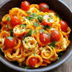 - Spiralized Sweet Potatoes - Cherry Tomatoes - Eggs - Parmesan Cheese - Garlic - Olive Oil - Seasoning - Garnish Cooking with fresh ingredients makes a difference. Spiralized sweet potatoes are fun and healthy. They add a sweet taste and great texture to the dish. I use two medium sweet potatoes for this recipe. It’s easy to spiralize them with a spiralizer. Cherry tomatoes add a burst of flavor. Halve them to enhance their sweetness. I use one cup, but you can adjust to your liking. Eggs create a rich sauce. Four large eggs whisked with cheese is the secret to creaminess. Parmesan cheese gives a salty bite. One cup of grated cheese works best. Garlic adds depth. I use three cloves, minced finely. Olive oil is key for sautéing. Four tablespoons help bring all the flavors together. Seasoning is simple: salt, pepper, and smoked paprika. They enhance every bite. Fresh parsley is my go-to for garnish. A sprinkle adds color and freshness. - Calories per serving: About 350 calories. - Macronutrient content: - Protein: 12g - Fat: 18g - Carbs: 42g Sweet potatoes are nutrient powerhouses. They are high in vitamin A and fiber. This dish is filling and good for your health. Eating sweet potatoes can help with vision and digestion. Enjoy the tasty flavor and health benefits of this recipe! How to spiralize sweet potatoes To start, grab your spiralizer. Cut the ends off the sweet potatoes. Secure one end in the spiralizer. Turn the handle to create long noodles. Aim for thin spirals for a nice texture. Set the spiralized sweet potatoes aside for later use. Sautéing garlic and sweet potatoes Next, heat 2 tablespoons of olive oil in a large skillet. Use medium heat to avoid burning. Add 3 minced garlic cloves and stir for about 1 minute. You want the garlic to be fragrant but not brown. Then, add the spiralized sweet potatoes. Toss them gently in the oil and garlic. Cook for about 5 to 7 minutes until they soften. Stir the noodles occasionally to cook evenly. Mixing the egg and cheese sauce While the sweet potatoes cook, take a mixing bowl. Whisk together 4 large eggs, 1 cup of grated Parmesan cheese, 1 teaspoon of smoked paprika, salt, and pepper. Keep whisking until the mixture is smooth and creamy. This will be your rich sauce. Combining ingredients in the skillet Once the sweet potatoes are tender, remove the skillet from the heat. Quickly pour the egg mixture over the sweet potatoes. Toss everything together right away. The heat will cook the eggs and create a creamy sauce. Add 1 cup of halved cherry tomatoes and mix well. Adjusting seasoning Taste your dish and adjust the seasoning. Add extra salt and pepper if you need more flavor. Let it sit for a minute. This helps the sauce thicken a bit. Serving suggestions Serve your Spiralized Sweet Potato Carbonara right away. Garnish with fresh parsley for color and flavor. Enjoy this delightful dish, and remember to check out the Full Recipe for more tips! To get a creamy texture in your carbonara, use fresh eggs. Whisk them well with cheese before adding to the sweet potatoes. The heat will cook the eggs gently, forming a sauce. Avoid scrambling the eggs by swiftly mixing them with the sweet potatoes off the heat. If you leave them on the stove, the eggs can cook too much. For sautéing, a non-stick skillet works best. It helps prevent sticking and makes cleanup easy. Heat the skillet on medium to keep the sweet potatoes from burning. Cook them until they soften, about 5 to 7 minutes. Stir gently to avoid breaking the spirals. If you want a different cheese, try pecorino or nutritional yeast for a vegan option. These can add a unique flavor. For a dairy-free version, use cashew cream or silken tofu blended until smooth. Both can help create that creamy sauce you crave without dairy. {{image_2}} You can add protein to your Spiralized Sweet Potato Carbonara. Chicken or bacon works great. Just cook these before adding them to the dish. Leafy greens like spinach or kale can also fit well. They add color and nutrients. Toss them in during the last minute of cooking for a fresh taste. Spices can change the flavor a lot. Try adding red pepper flakes for heat or Italian herbs for a classic touch. Mix different sweet potatoes too. Purple or white sweet potatoes can give you a new look and taste. Want to serve this dish cold? Just let it chill in the fridge after cooking. It makes a great salad! If you prefer it hot, enjoy it right after cooking. Each way offers a tasty experience. For the full recipe, check the details above. To store leftovers, place the carbonara in an airtight container. Make sure it cools down first. This helps keep the flavors fresh. Use a glass or plastic container with a tight seal. This keeps moisture out and prevents spills. The best way to reheat is on the stove. Heat a pan over low heat and add a splash of water or olive oil. Stir gently to warm it up. This helps maintain the creamy texture. You can also microwave it, but do so in short bursts. Stir in between to avoid hot spots. Serve leftovers with a sprinkle of fresh parsley. This adds a nice touch of color. Yes, you can freeze Spiralized Sweet Potato Carbonara. Just make sure to cool it completely first. Transfer it to a freezer-safe container. Leave some space at the top for expansion. To thaw, place it in the fridge overnight. Reheat it on the stove for the best texture. Avoid freezing for too long. Enjoy the flavors fresh for the best taste! Spiralized Sweet Potato Carbonara is a fun twist on the classic carbonara. Instead of pasta, we use spiralized sweet potatoes. This dish tastes rich and creamy, thanks to the eggs and cheese. Sweet potatoes add natural sweetness and a bright color. They are also packed with vitamins and fiber, making this meal healthy. You get all the comfort of carbonara with a nutritious twist. Yes, you can prep parts of this dish in advance. Spiralize the sweet potatoes the day before. Store them in water to keep them fresh. You can also mix the egg and cheese sauce ahead of time. Just make sure to whisk it well before using. This way, you can enjoy quick cooking when you are ready to eat. To check if the sweet potatoes are done, look for a soft texture. They should be tender but not mushy. You can test them with a fork. If the fork easily goes in, they are ready. Be careful not to overcook them, or they may lose their shape. This blog post covered making Spiralized Sweet Potato Carbonara. We explored ingredients, including spiralized sweet potatoes, eggs, and cheese. I shared step-by-step instructions from prep to serving. You learned tips for a creamy sauce and cooking techniques. Variations like adding protein and greens were discussed. Remember, this dish is not only tasty but also healthy. Enjoy creating your own version of this fun recipe. You can get creative and make it your own!