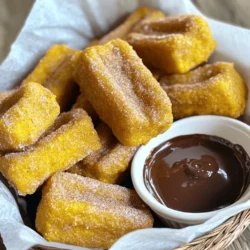 To make delicious pumpkin churro bites, you need the right ingredients. Here’s what you will need: - 1 cup all-purpose flour - 1/2 cup pumpkin puree - 1/4 cup brown sugar - 1/2 teaspoon ground cinnamon - 1/2 teaspoon baking powder - 1/4 teaspoon salt - 1/4 cup unsalted butter, melted - 1/2 teaspoon vanilla extract - 1/2 cup sugar (for rolling) - 1 tablespoon ground cinnamon (for rolling) - Oil for frying Each ingredient plays a key role in flavor and texture. Here are the exact amounts you need: - All-purpose flour: 1 cup gives the dough structure. - Pumpkin puree: 1/2 cup adds moisture and flavor. - Brown sugar: 1/4 cup sweetens and adds depth. - Ground cinnamon: 1/2 teaspoon spices up the mix. - Baking powder: 1/2 teaspoon helps the churros rise. - Salt: 1/4 teaspoon enhances all the flavors. - Unsalted butter: 1/4 cup, melted, adds richness. - Vanilla extract: 1/2 teaspoon brings warmth. - Sugar (for rolling): 1/2 cup makes them sweet and crunchy. - Ground cinnamon (for rolling): 1 tablespoon adds a cozy touch. - Oil for frying: Enough to fill the pan for frying. You can make your churro bites even better with some fun add-ins. Consider these options: - Nutmeg: Just a pinch can bring a warm flavor. - Allspice: A little can add a nice twist. - Orange zest: A teaspoon brightens the taste. - Chocolate chips: Add a few for sweetness in the dough. These optional ingredients let you customize your pumpkin churro bites. Feel free to experiment and find your favorite mix! For the complete recipe, check out the Full Recipe. To make pumpkin churro bites, start by mixing the dry ingredients. In a large bowl, combine 1 cup of all-purpose flour, 1/4 cup of brown sugar, 1/2 teaspoon of ground cinnamon, 1/2 teaspoon of baking powder, and 1/4 teaspoon of salt. Stir these well to blend them. In another bowl, mix together 1/2 cup of pumpkin puree, 1/4 cup of melted unsalted butter, and 1/2 teaspoon of vanilla extract. Stir until smooth. Slowly add the wet mix to the dry mix. Combine them until a dough forms. It should feel slightly sticky but still easy to handle. Next, heat oil in a deep frying pan over medium heat. Use enough oil to cover the dough balls when frying. To check if the oil is ready, drop a small piece of dough in it. If it sizzles and rises, you’re ready to fry! Scoop out tablespoon-sized portions of the dough. Roll them into small balls, about 1 inch in size. Carefully drop the dough balls into the hot oil in batches, making sure not to overcrowd the pan. Fry them for about 2-3 minutes. They should turn golden brown. Use a slotted spoon to remove them and let them drain on a paper towel. While the churro bites are still warm, prepare to coat them in sugar. In a shallow bowl, mix 1/2 cup of sugar with 1 tablespoon of ground cinnamon. Roll each churro bite in this mixture. Make sure they are evenly coated. This step adds a sweet and spicy finish to your bites. Serve them warm for the best taste. If you want, you can check out the Full Recipe for more details. Frying can be tricky. Here are some mistakes to avoid: - Overcrowding the pan: Placing too many churro bites in at once lowers the oil's heat. This leads to soggy churros. - Not testing the oil: Always check if the oil is hot enough. Use a small piece of dough to test. If it sizzles and rises, you're good to go. - Using cold dough: Cold dough can lead to uneven cooking. Let your dough sit at room temperature for a bit before frying. To cook churros to perfection: - Maintain the right heat: Keep your oil at medium heat. Too hot will burn the churros; too low will make them greasy. - Flip carefully: Use a slotted spoon to turn the churros gently. This helps cook them evenly. - Fry in batches: Fry only a few churros at a time. This allows each one to cook properly and become golden. A crispy texture is key for churros. Here’s how to get it: - Roll in cinnamon-sugar immediately: As soon as you remove them from the oil, roll the churros in the sugar mix. This adds a nice crunch. - Drain properly: Use paper towels to drain excess oil. This helps keep them crispy. - Serve warm: Churros taste best when they are warm and fresh. Enjoy them right after frying for the best texture. For all the details, check out the Full Recipe. {{image_2}} You can add fun flavors to your pumpkin churro bites. Try adding nutmeg for warmth. A little allspice can bring a unique kick. Just mix a pinch into the dry ingredients. You’ll find these spices lift the flavor and make them special. Want a gluten-free option? Use gluten-free flour instead of all-purpose flour. This change keeps the bites tasty and soft. For a vegan version, swap out the butter for coconut oil. Use a flax egg instead of a regular egg if you choose. Just mix 1 tablespoon of flaxseed meal with 2.5 tablespoons of water. Let it sit until it thickens, then add it to your dough. Presentation makes a big difference! Serve your pumpkin churro bites warm with a festive touch. Place them in a cute basket lined with parchment paper. You can also add a small bowl of chocolate or caramel sauce on the side. This makes a fun dipping option. You can even sprinkle some extra cinnamon sugar on top for added flair. For a twist, serve them with whipped cream or ice cream. Enjoy making these treats your own! Check out the Full Recipe for more details. To keep your pumpkin churro bites fresh, let them cool completely first. Then, place them in an airtight container. You can also layer them with parchment paper to prevent sticking. Store the container in the fridge for the best results. This helps keep their flavor and texture. When you want to enjoy your churro bites again, reheating is key. Preheat your oven to 350°F (175°C). Place the churro bites on a baking sheet lined with parchment paper. Heat them for about 5 to 7 minutes. This keeps them warm and slightly crispy. Avoid using the microwave, as it can make them soggy. Pumpkin churro bites can last for about 3 to 4 days in the fridge. If you want to keep them longer, consider freezing them. They can last up to 2 months in the freezer. Just remember to use a freezer-safe container. Thaw them in the fridge before reheating for the best taste. For the full recipe, check out the detailed guide. Yes, you can make pumpkin churro bites ahead of time. Prepare the dough and shape it into balls. Store them in the fridge for up to a day. When ready to eat, fry them fresh. This keeps them warm and crispy. You could also fry them and then store them. Just keep in mind they will lose some crispiness. For frying pumpkin churro bites, use oils with high smoke points. Good options are vegetable oil or canola oil. These oils heat well and won’t burn easily. Olive oil is not ideal for frying at high heat. It can create a burnt taste and smoke. You can check the oil’s heat easily. Drop a small piece of dough into the oil. If it sizzles and rises, the oil is ready. Another method is to use a thermometer. The oil should reach around 350°F (175°C). This helps cook the churro bites perfectly. If the oil is too cool, they will absorb too much oil. If it's too hot, they might burn. Keeping an eye on the temperature helps you fry them just right. In this article, I covered how to make delicious pumpkin churro bites. I shared ingredients, measurements, and optional flavors for a unique twist. You also learned step-by-step instructions for preparing and frying the churros. I offered tips to avoid mistakes and achieve a crisp texture. Finally, I discussed variations, storage methods, and answered common questions. Enjoy creating these tasty treats! You can make them your own and impress everyone. Now, it’s time to fry up some churros and enjoy every bite!