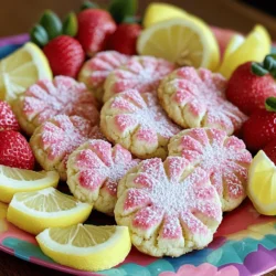 To make these delightful Strawberry Lemonade Cookies, you will need: - 1 cup unsalted butter, softened - 1 cup granulated sugar - 1 egg - 2 tablespoons fresh lemon juice - 1 tablespoon lemon zest - 2 cups all-purpose flour - 1/2 teaspoon baking soda - 1/4 teaspoon salt - 1 cup finely chopped fresh strawberries - 1/2 cup powdered sugar (for dusting) You can swap unsalted butter for coconut oil for a dairy-free option. Granulated sugar can be replaced with brown sugar if you want a richer flavor. If you need a vegan version, use flaxseed meal mixed with water instead of the egg. For the lemons, bottled lemon juice works, but fresh juice is best for taste. Fresh strawberries and lemons bring bright flavors to these cookies. Strawberries add sweetness and moisture, making the cookies soft. They also provide a lovely red color. Fresh lemons give a zesty kick that balances the sweetness. The zest carries essential oils, enhancing the lemon flavor. Using fresh ingredients makes your cookies taste better and more vibrant. Start by preheating your oven to 350°F (175°C). This temperature is key for baking. Line a baking sheet with parchment paper. This helps the cookies not stick. You can use multiple sheets if you want to bake more at once. In a large mixing bowl, cream together 1 cup of softened butter and 1 cup of granulated sugar. Mix until it looks light and fluffy. Then, add in 1 egg, 2 tablespoons of fresh lemon juice, and 1 tablespoon of lemon zest. Stir well to combine. In a different bowl, whisk together 2 cups of all-purpose flour, 1/2 teaspoon of baking soda, and 1/4 teaspoon of salt. Gradually add this dry mix to the wet mix. Stir until just combined. Gently fold in 1 cup of finely chopped fresh strawberries. This step is fun and colorful. The strawberries will add a refreshing taste. Using a tablespoon or cookie scoop, drop rounded balls of dough onto your prepared baking sheet. Make sure to space them about 2 inches apart. Bake the cookies for 12-15 minutes. Look for edges that are lightly golden. This shows they are ready. Once done, remove them from the oven and let them cool on the sheet for 5 minutes. Then, transfer the cookies to a wire rack to cool completely. For an extra sweet touch, dust the cookies with powdered sugar. For the full recipe, check the earlier section. To get cookies that are soft and chewy, focus on your mixing. Cream the butter and sugar well. This step adds air and helps your cookies rise. Do not overmix after adding flour. Mix until just combined for the best texture. If your cookies spread too much while baking, try chilling the dough. Once you mix the dough, refrigerate it for 30 minutes. This helps the butter firm up. Also, ensure you measure your flour correctly. Too little flour can lead to flat cookies. Lemon zest gives a bright taste to your cookies. Use a microplane to get fine zest from fresh lemons. Just be careful not to get any white pith, as it can be bitter. Adding zest brightens the flavor and makes your cookies stand out. For a full flavor experience, don’t skip this step while making your Strawberry Lemonade Cookies. {{image_2}} You can add chocolate chips to your cookies for a rich twist. Mix in 1 cup of semi-sweet chocolate chips after folding in the strawberries. The chocolate adds depth to the sweet and tangy flavor. The cookies become even more delicious, blending fruity and chocolatey notes. Try adding herbs like basil or mint for a fresh flavor. Use 1 tablespoon of finely chopped herbs mixed into the dough. Basil pairs well with strawberries, giving a sweet and savory profile. Mint adds a cooling touch, making the cookies refreshing. For a gluten-free version, swap all-purpose flour with almond flour or a gluten-free blend. Ensure your baking soda is gluten-free too. For a vegan option, replace the egg with flaxseed meal. Mix 1 tablespoon of flaxseed with 2.5 tablespoons of water. Let it sit until it thickens. Use vegan butter instead of regular butter. These swaps keep the cookies tasty and inclusive. For more details, check the Full Recipe. To keep your strawberry lemonade cookies fresh, store them in an airtight container. This helps prevent moisture loss and keeps them soft. You can add a slice of bread in the container. This slice absorbs excess moisture, keeping the cookies from getting hard. Keep the container at room temperature, away from sunlight. You can freeze these cookies for later enjoyment. First, let them cool completely. Then, place them in a single layer on a baking sheet. Freeze them for about one hour. Once frozen, transfer the cookies to a freezer-safe bag. This helps keep them from sticking together. Make sure to label the bag with the date. You can freeze them for up to three months. When stored properly, these cookies last about one week at room temperature. If you freeze them, they last much longer. Just remember to thaw them at room temperature for a few hours before serving. They will taste just as good as fresh-baked cookies. Enjoy these sweet treats any time! You can make these cookies ahead of time by preparing the dough. After mixing, wrap the dough tightly in plastic wrap. Then, place it in the fridge for up to three days. When you are ready to bake, scoop and bake as instructed in the Full Recipe. This way, you enjoy fresh cookies anytime! If you don't have fresh strawberries, you can use frozen strawberries. Thaw them first and drain any excess juice. Chop them finely before adding to the dough. Dried strawberries also work but will change the cookie's texture. Keep in mind, fresh berries give the best flavor! Yes, you can add icing to these cookies. A simple lemon glaze works great. Just mix powdered sugar with lemon juice until smooth. Drizzle it over cooled cookies for a sweet touch. You can also use a cream cheese frosting for a richer flavor. In this blog post, we explored key ingredients for delicious strawberry lemonade cookies. We discussed how fresh strawberries and lemons enhance flavor. I shared step-by-step instructions to help you bake perfectly every time. Remember to use my tips for the right cookie texture and avoiding spreading. I also offered fun variations and smart storage info to keep your cookies fresh. Enjoy your baking adventure! These cookies will surely impress your friends and family.