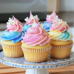 - 1 ½ cups all-purpose flour - 1 cup granulated sugar - ½ cup unsalted butter, softened - 2 large eggs - 1 tsp vanilla extract - ½ cup milk - 1 ½ tsp baking powder - ¼ tsp salt - Food coloring paste (various colors) - 2 cups powdered sugar - 1 cup unsalted butter (for buttercream) - 2-3 tbsp heavy cream or milk (for buttercream) To make these delightful watercolor buttercream cupcakes, you need fresh, quality ingredients. The cupcakes are fluffy and sweet, while the buttercream adds a beautiful touch. For the cupcakes, all-purpose flour gives structure. Granulated sugar adds sweetness, while softened butter adds moistness. Eggs help bind the mix, and vanilla extract gives a warm flavor. Milk keeps the cupcakes tender, while baking powder ensures they rise. Salt balances the sweetness. For the buttercream, food coloring paste allows you to create vibrant colors. Powdered sugar gives the frosting its sweetness and smooth texture. Unsalted butter adds richness and creaminess. Heavy cream or milk helps to achieve the right consistency for easy spreading. You can find the full recipe to guide you through the steps. Enjoy crafting these lovely treats! - Preheat your oven to 350°F (175°C). - Line a muffin tin with cupcake liners. - Cream together butter and sugar until light and fluffy. - Beat in the eggs one at a time and stir in vanilla extract. - Combine dry ingredients and gradually mix with the wet ingredients. - Fill cupcake liners and bake for 18-20 minutes. Baking these cupcakes is simple and fun. Start by preheating your oven. This step ensures even baking. While it heats up, line your muffin tin with colorful cupcake liners. This adds a vibrant touch to your treats. Next, make the batter. In a big bowl, cream the softened butter and granulated sugar together. You want it to be light and fluffy. This step is key for a soft cupcake. Then, add your large eggs one at a time. Mix well after each addition. Finally, add in the vanilla extract for great flavor. In a separate bowl, mix the dry ingredients. This includes flour, baking powder, and salt. Whisk them together to avoid lumps. Add this dry mix to the butter mixture slowly. Alternate it with the milk. This helps keep the batter smooth. Once your batter is ready, fill each cupcake liner about two-thirds full. This allows room for the cupcakes to rise without overflowing. Bake them in the preheated oven for 18-20 minutes. Check for doneness by inserting a toothpick. If it comes out clean, your cupcakes are perfect! This process is not just about following steps. It’s about creating something delightful. For the full experience, check out the Full Recipe. Happy baking! To make fluffy cupcakes, start with room temperature ingredients. This helps them mix better. When you cream the butter and sugar, aim for a light and fluffy texture. Be careful not to over-mix the batter. Over-mixing can make your cupcakes dense. Getting the right buttercream consistency is key. Your butter should be soft but not melted. Mix the powdered sugar in slowly. If too thick, add heavy cream or milk a little at a time. For coloring, divide your buttercream into bowls. Use a toothpick to add food coloring paste for better control. Mix each bowl gently to create different shades. To create beautiful watercolor effects, start with a base layer of buttercream. Use a spatula to smooth it out. When adding colors, apply them in small dollops. Blend the colors lightly to create smooth transitions. For decoration, fill a piping bag with different shades. Use a round tip and apply the frosting in a circular motion. This technique helps achieve the gorgeous watercolor look. Explore more techniques in the Full Recipe for Watercolor Buttercream Cupcakes. {{image_2}} You can add unique flavors to your cupcakes. Try different extracts like almond or lemon. A few drops can change the whole cupcake. You can also add zest from citrus fruits. This simple step boosts freshness and taste. Think of it as a flavor upgrade! Color is key to making your cupcakes pop. For spring, use pastel colors like soft pink or light blue. These shades feel light and cheerful. In fall, switch to warm tones like amber or deep red. You can even use natural food coloring. Beet juice or matcha are great choices. They add color without chemicals! Buttercream can be much more than plain vanilla. You might love chocolate buttercream or mint buttercream. You can mix flavors too, like chocolate and orange. This combo gives a fun twist! Be creative and have fun with it. Each frosting can bring a new treat to your cupcake! For the complete recipe, check the Full Recipe link. Store your cupcakes properly to keep them fresh. If they are frosted, place them in a single layer in an airtight container. A clamshell container works well for this. If they are unfrosted, stack them with parchment paper between layers. This prevents sticking. Keep the cupcakes at room temperature for up to three days. If it's hot or humid, refrigerate them. The cold air will keep them fresh. You can freeze cupcakes for later. First, let them cool completely. Then, wrap each cupcake in plastic wrap. Next, place them in a freezer bag. This keeps out air and moisture. To thaw, move them to the fridge overnight. For a fun touch, re-decorate them after thawing. Use fresh buttercream or a drizzle of chocolate for added flair. Cupcakes have a good shelf life when stored right. They last about three days at room temperature. In the fridge, they can last up to a week. If you freeze them, they stay fresh for about three months. The buttercream will keep for about two weeks in the fridge. Always check for changes in texture or smell before enjoying! To get the best watercolor effect, start with good food coloring paste. Mix colors well before applying them to the cupcakes. Use a toothpick to pick up a small amount of color. This gives you control over how much you use. Apply different shades lightly on the cupcake. Blend colors with a spatula for a smooth look. Keep your colors close together, but not mixed. This will give a lovely watercolor effect. Yes, you can make buttercream ahead of time. Store it in an airtight container. Place it in the fridge for about a week. If you need it for longer, freeze it. Just make sure to let it thaw in the fridge before using. When ready to use, beat it again to restore its creamy texture. This way, you can save time and have fresh buttercream ready when you need it. If your cupcakes overflow, don’t worry; it happens! First, check if you filled the liners too much. Aim to fill them about two-thirds full. If they still overflow, you can trim the tops after baking. Use a serrated knife to even them out. Another tip is to place a baking sheet under the muffin tin. This catches any spills and keeps your oven clean. Remember, practice makes perfect, so keep trying! You now have everything you need to create tasty cupcakes and buttercream. Start by gathering the listed ingredients and follow the step-by-step guide. Remember to use room temperature ingredients and avoid over-mixing for fluffy cupcakes. Try flavor variations and color themes to make your treats unique. Store them well and enjoy your creations for days. Baking can be fun and rewarding, so don’t hesitate to experiment. Happy baking!