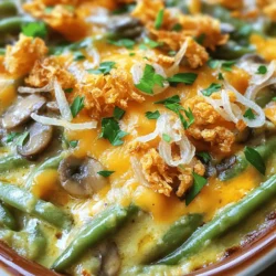 - 1 pound fresh green beans, trimmed and halved - 1 can (10.5 oz) cream of mushroom soup - 1 cup milk - 1 teaspoon garlic powder - 1 teaspoon onion powder - 1 cup crispy fried onions - 1/2 cup shredded cheddar cheese - Salt and pepper to taste - You can add herbs like thyme or rosemary. - Try gluten-free cream of mushroom soup. - Use almond milk or cashew cheese for vegan options. The green beans give this dish a nice crunch. The cream of mushroom soup adds rich flavor. Milk helps make it creamy. Garlic and onion powders enhance the taste. Crispy fried onions on top add a fun crunch. Cheese makes it extra yummy. Feel free to play with the ingredients. You can swap in your favorite herbs or spices. This lets you make the dish your own. - Preheat the oven to 350°F (175°C). - Blanch the green beans in salted water. To start, preheating the oven ensures the casserole cooks evenly. While the oven heats, fill a large pot with water and add a generous pinch of salt. Bring it to a boil. Once boiling, add one pound of fresh green beans, trimmed and halved. Blanch them for five minutes. This step brightens their color and keeps them crisp. After five minutes, drain the beans and set them aside. - Combine soup mixture ingredients in a bowl. - Mix blanched green beans with soup and cheeses. Next, grab a mixing bowl. In it, combine one can of cream of mushroom soup, one cup of milk, one teaspoon of garlic powder, one teaspoon of onion powder, and salt and pepper to taste. Whisk this mixture until it is smooth and creamy. In a large baking dish, add the blanched green beans. Pour the soup mixture over the beans. Then, stir in half a cup of shredded cheddar cheese and half a cup of crispy fried onions. Make sure all the green beans are coated evenly. - Add crispy fried onions and cheese on top. - Bake until golden brown and bubbly. Spread the mixture evenly in the baking dish. Top it with the remaining cheddar cheese and crispy fried onions. This layer adds crunch and flavor. Now, place the dish in your preheated oven and bake for 25 to 30 minutes. You want the casserole to be bubbly and golden brown on top. When it’s done, take it out and let it cool for a few minutes before serving. Enjoy your easy green bean casserole, a simple and comforting dish that everyone will love! For the full recipe, check the earlier section. To get the best texture, start with fresh green beans. Blanch them in boiling water for just five minutes. This step keeps them bright and crisp. If you prefer softer beans, cook them a bit longer. Every oven cooks differently. Check your casserole after 25 minutes. If it looks too soft, let it bake a little longer. Garnish your casserole with more than just parsley. Try crispy fried onions or even sliced almonds for crunch. You can also sprinkle fresh thyme or chives for color and flavor. Serve it straight from the baking dish for a homey feel. For special occasions, add a side salad for a nice touch. Use a 9x13-inch baking dish for best results. This size helps the casserole cook evenly. A glass dish works great, as it lets you see the bubbling goodness inside. For easier prep, use a large mixing bowl to mix your ingredients. A whisk makes blending the soup and milk smooth. {{image_2}} You can easily tweak the easy green bean casserole to match your taste. Adding bacon or sausage gives it a nice protein boost. The smoky flavor of bacon pairs well with green beans. Sausage adds a hearty touch that everyone loves. You can also mix in different vegetables. Mushrooms add a rich texture, while corn brings a sweet crunch. These additions make the dish more colorful and fun. If you follow a low-carb diet, you can still enjoy this dish. Simply swap out the cream of mushroom soup for a low-carb option. You can also use almond milk in place of regular milk. For those who are lactose intolerant, there are dairy-free cream soups available. You can try coconut milk for a rich, creamy texture. These versions keep the dish tasty while being diet-friendly. Time is precious, especially on busy days. Using frozen green beans helps cut down prep time. They are just as nutritious and save you from washing and cutting fresh beans. You can also choose ready-made soups. These soups can save time and make the prep faster. Just mix them with the beans and bake. With these shortcuts, you can have a delicious meal in no time! You can find the full recipe for a savory green bean delight in the previous section. To keep your easy green bean casserole fresh, store it in an airtight container. Place it in the fridge if you plan to eat it within a few days. The casserole stays good for about 3-4 days when refrigerated. For longer storage, consider freezing it. In the freezer, it can last up to 2-3 months. Be sure to label your container with the date so you know when to use it. When you're ready to enjoy the leftovers, you can reheat them in a few ways. The microwave is quick and easy. Just place a serving on a plate and heat for 1-2 minutes. If you prefer the oven, preheat it to 350°F (175°C). Place the casserole in a baking dish and cover it with foil to keep it moist. Bake for about 15-20 minutes until hot. To keep the texture nice, avoid overheating. You want to warm it, not cook it again. If the top gets too soft, you can remove the foil for the last few minutes. This will help it crisp up a bit. Enjoy your delicious, comforting dish! For the full recipe, visit the main article. How long does it take to bake an easy green bean casserole? It takes about 25 to 30 minutes to bake. You want it bubbly and golden brown. Can I make this casserole ahead of time? Yes, you can prepare it a day in advance. Just cover it and refrigerate. Bake it right before serving. What can I substitute for cream of mushroom soup? Try cream of chicken soup or a homemade béchamel sauce. Both work well and add great flavor. Can I use fresh green beans instead of canned? Absolutely! Fresh green beans add a nice crunch. Blanch them in boiling water for five minutes first. What are the best ways to enhance the flavor? Add a splash of soy sauce or Worcestershire sauce. Fresh herbs like thyme or rosemary also boost taste. How do I serve green bean casserole at a potluck? Serve it straight from the baking dish. This makes it easy for guests to help themselves. Can I double the recipe for a large gathering? Yes, just use a larger baking dish. Make sure to adjust baking time as needed for a bigger batch. This blog post covered how to make a delicious green bean casserole. We looked at key ingredients, preparation steps, and unique variations. You learned useful tips for perfecting your dish and storing leftovers. Creating this casserole is easy, and you can customize it to fit your needs. Enjoy the cooking process and share it with others. It’s a great dish for any meal or gathering. Happy cooking!