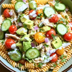 - 2 cups whole wheat pasta (fusilli or rotini) - 1 cup cooked chicken breast, shredded - 1 ripe avocado, diced - 1 cup cherry tomatoes, halved - 1/2 cucumber, diced - 1/4 red onion, finely chopped - 1/4 cup Greek yogurt - 2 tablespoons lime juice - 1 tablespoon olive oil - 1 teaspoon garlic powder - Salt and pepper to taste - Fresh cilantro or parsley for garnish This salad packs a punch of health. Whole wheat pasta offers fiber for digestion. Chicken is a great source of lean protein, helping build and repair muscles. Avocado provides healthy fats that support heart health. Cherry tomatoes bring antioxidants that fight cell damage. Cucumber adds hydration and crunch. Greek yogurt boosts protein and probiotics, aiding gut health. Lime juice gives a fresh flavor and vitamin C. This mix makes a balanced meal! If you need to make swaps, it's easy! Use gluten-free pasta if you avoid gluten. For a plant-based option, replace chicken with chickpeas or tofu. Swap Greek yogurt with a dairy-free yogurt for a vegan choice. You can use lemon juice instead of lime if you prefer that flavor. Don't hesitate to play with the veggies too; bell peppers or spinach work well! Enjoy your cooking adventure with these fun swaps. First, you need to cook the whole wheat pasta. Use fusilli or rotini for best results. Bring a large pot of water to a boil. Add a pinch of salt to the water. Cook the pasta according to the package directions until it is al dente. This usually takes about 8 to 10 minutes. Once cooked, drain the pasta. Rinse it under cold water to stop the cooking process. This also helps cool the pasta down. Now, let’s prepare the salad. In a large mixing bowl, combine the shredded chicken, diced avocado, halved cherry tomatoes, diced cucumber, and chopped red onion. Make sure to mix these ingredients well. You want every bite to have a little bit of everything. This mix adds color and flavor. Remember, the avocado is soft, so handle it gently to keep it intact. Next, let’s make the dressing. In a small bowl, whisk together the Greek yogurt, lime juice, olive oil, garlic powder, salt, and pepper. Mix until it is smooth and creamy. This dressing adds a nice zing to the salad. Pour the dressing over the chicken mixture. Toss everything gently until all the ingredients are well coated. Finally, add the cooled pasta to the salad. Toss again to combine. Chill the salad in the refrigerator for about 30 minutes. This helps the flavors blend well. When you’re ready to serve, garnish with fresh cilantro or parsley. For the full recipe, check out the section above. To make your salad great, focus on the texture. Use whole wheat pasta. It adds a nice chew. Cook the pasta until it's al dente. This means it’s firm, not mushy. Rinse the pasta in cold water to stop cooking. This keeps the pasta from getting sticky. When you mix in the avocado, be gentle. You want it to stay chunky. Add more flavor with fresh herbs. You can use cilantro or parsley for a fresh taste. Lime juice brightens everything up. You can also add a pinch of chili flakes for heat. If you love garlic, use fresh minced garlic instead of garlic powder. This adds a punch. Taste your salad before serving. Adjust salt and pepper to make it perfect. You can make this salad ahead of time. Prepare the pasta and veggies a day before. Keep the dressing separate until serving. This helps the salad stay fresh. The flavors mix well if you let it sit for 30 minutes. Just remember to store it in the fridge. This keeps the ingredients crisp and tasty. For the full process, check out the Full Recipe. {{image_2}} You can swap out chicken for other proteins. Try grilled shrimp for a seafood twist. You might also use diced turkey or even canned tuna. For a vegetarian option, use chickpeas or black beans. Each protein adds its own flavor and texture. Feel free to get creative with your veggies. Bell peppers add crunch and color. Spinach or kale brings in a healthy boost. You can also use broccoli florets or snap peas for added fun. Mixing in different veggies will keep your salad fresh and exciting. The dressing can change with your mood or taste. Instead of Greek yogurt, try a tahini or avocado dressing for creaminess. A vinegar-based dressing with balsamic or apple cider vinegar gives a tangy twist. Add herbs like dill or basil for extra flavor. Each dressing option can transform the salad into something new. For the full recipe, check out Healthy Chicken Pasta Salad with Avocado. To keep your Healthy Chicken Pasta Salad with Avocado fresh, store it in an airtight container. Make sure to cool the salad before you seal it. This helps prevent condensation, which can lead to sogginess. If you have any leftover dressing, store it separately to keep the salad crisp. Use glass or BPA-free plastic containers for storage. Glass containers work well because they do not stain or hold odors. Choose containers that are the right size for your leftovers. This helps minimize air exposure, keeping your salad tasty. Your salad will last in the fridge for about 3 days. After that, it may lose its flavor and texture. Avoid freezing this salad, especially with the avocado. Freezing can change the avocado’s texture, making it mushy. If you want to enjoy this salad later, consider storing the ingredients separately. This way, you can combine them fresh when you're ready to eat. Yes, you can use regular pasta. Whole wheat pasta adds more fiber. It also gives a nutty taste. Regular pasta works just as well for this salad. You may want to cook it slightly less for a firmer bite. You can add many healthy options. Consider bell peppers, spinach, or olives. Chickpeas are a great protein boost. You can also toss in some grated carrots for extra crunch. Nuts like almonds or walnuts can add a nice texture. To stop the avocado from browning, use lime juice. The acid in lime slows down browning. You can also keep the pit in the bowl. Cover the salad tightly with plastic wrap if you store it. Yes, this recipe is very kid-friendly. Kids often love pasta and chicken. The creamy avocado and yogurt dressing add a fun taste. You can adjust the spices to suit their palates. Serve it in colorful bowls for extra fun. Absolutely! Swap the chicken for chickpeas or tofu. Use a plant-based yogurt instead of Greek yogurt. This way, you keep the creaminess while making it vegan. Add some nuts for protein to balance the salad. Check the Full Recipe for more tips. This blog post covered the key ingredients, their nutritional benefits, and dietary substitutions. I shared step-by-step instructions for cooking pasta, making the salad, and creating dressing. Tips for texture, flavors, and advance prep can elevate your dish. We explored variations with proteins, veggies, and dressings. Finally, I provided storage info, including leftovers and shelf life. In summary, this salad is easy, nutritious, and versatile. It’s a dish you can enjoy on any occasion.