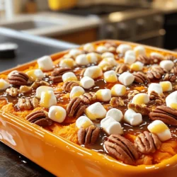 - 4 medium sweet potatoes, peeled and cubed - 1/2 cup brown sugar - 1/4 cup maple syrup Sweet potatoes are the star here. They bring a creamy texture and a sweet taste. Brown sugar adds a rich sweetness. Maple syrup gives a nice twist with its unique flavor. - 1/2 cup unsalted butter, melted - 1 teaspoon vanilla extract - 1/2 teaspoon ground cinnamon - 1/4 teaspoon nutmeg Unsalted butter makes the casserole rich and smooth. Vanilla extract enhances the sweet flavors. Cinnamon and nutmeg add warmth and depth to the dish. - 1/2 cup mini marshmallows - 1/2 cup chopped pecans Mini marshmallows bring a fun, sweet crunch. Chopped pecans add a nice nutty flavor and texture. You can mix and match these toppings to suit your taste. For the full recipe, visit the link provided. - Preheat the Oven and Prepare the Baking Dish Start by preheating your oven to 350°F (175°C). This step warms the oven for even cooking. Next, take a 9x13 inch baking dish and grease it with a little butter. This helps prevent sticking. - Boil and Mash the Sweet Potatoes Fill a large pot with water and bring it to a boil. Add 4 medium, peeled, and cubed sweet potatoes. Cook them for 15-20 minutes until they become tender. Once cooked, drain the water and let them cool slightly. Now, mash the sweet potatoes in a large bowl until smooth. This creates a creamy base for your casserole. - Mixing the Sweet Potato Mixture Add in 1/2 cup of brown sugar, 1/4 cup of maple syrup, and 1/2 cup of melted unsalted butter. Don’t forget to include 1 teaspoon of vanilla extract, 1/2 teaspoon of ground cinnamon, and 1/4 teaspoon of nutmeg. Stir everything together until well combined. This mix gives your casserole a sweet and rich flavor. - Spreading in the Baking Dish Pour the sweet potato mixture into your prepared baking dish. Use a spatula to spread it evenly across the bottom. If you like, sprinkle 1/2 cup of mini marshmallows and 1/2 cup of chopped pecans on top. This adds a nice crunch and sweetness to the dish. - Baking Time and Tips Place the baking dish in the preheated oven. Bake for 25-30 minutes to heat through and brown the marshmallows. Keep an eye on it to avoid burning. - Checking for Doneness You know it’s done when the marshmallows look golden brown. You can also insert a toothpick into the center. If it comes out clean, your casserole is ready to serve. For the full recipe, check out the detailed steps! Achieving the Right Texture To get a smooth and creamy texture, mash the sweet potatoes well. If you want some lumps, use a fork instead of a masher. This gives your casserole a rustic feel. Make sure not to overmix. Overmixing can make it gummy, which is not what we want. Best Practices for Boiling Sweet Potatoes Start by cutting the sweet potatoes into equal-sized cubes. This helps them cook evenly. Boil them in salted water for about 15-20 minutes. They should be tender but not mushy. Check doneness by piercing with a fork. Drain them well before mashing to avoid excess water. Flavor Enhancements with Different Spices You can add more warmth by using spices like ginger or cloves. A pinch of allspice also works well. Don’t be afraid to play with flavors. Each spice adds its own character to your casserole, making it unique. Using Different Sweeteners While brown sugar and maple syrup are great, try honey or agave syrup for a twist. These sweeteners add a different flavor profile. Adjust the amount based on your taste. You can use less sugar if you prefer a healthier option. Best Pairings for Your Sweet Potato Casserole This casserole pairs well with savory dishes like roasted turkey or ham. The sweetness balances the saltiness of meats. It also goes great with a fresh salad for a lighter meal. Presentation Tips for Serving Serve the casserole in the baking dish for a rustic look. For a fancy touch, transfer it to a beautiful serving bowl. Add a sprinkle of chopped pecans or marshmallows on top for color. This small detail makes a big impact when you serve it to guests. For more ideas, check the Full Recipe for variations and tips. {{image_2}} You can make this casserole healthier without losing taste. One great swap is using Greek yogurt instead of butter. Greek yogurt adds creaminess and protein. This change helps cut down on fat and calories. Another option is to reduce the sugar amounts. Instead of using a full half cup of brown sugar, try using a third cup. You can also mix in some unsweetened applesauce. This will keep your casserole sweet and moist. If you need gluten-free options, you are in luck! Sweet potatoes are naturally gluten-free. Just check the toppings you choose. Make sure the mini marshmallows and pecans are gluten-free. For vegan alternatives, you can use plant-based butter. Swap the Greek yogurt for a vegan yogurt. This way, you can enjoy the casserole without dairy. Adding fruits or nuts can take your casserole to the next level. You might try mixing in chopped apples or pears. Dried cranberries also work well. They add a nice tang and chewiness. For a southwestern twist, you can add spices like chili powder or cumin. This gives the casserole a whole new flavor profile. You will impress your family with this fun twist on a classic dish. For the full recipe, check out the Cozy Sweet Potato Delight above! Refrigeration Tips To store leftovers, let the casserole cool. Cover it with plastic wrap or foil. Place it in the fridge. It will stay fresh for up to five days. Freezing Instructions If you want to keep it longer, freeze the casserole. Use an airtight container or a freezer bag. It can last up to three months in the freezer. Thaw it in the fridge before reheating. Best Methods to Reheat The best way to reheat is in the oven. Preheat it to 350°F (175°C). Place the casserole in a baking dish. Heat it for about 20 minutes or until warm. You can also use the microwave for quick reheating. How to Maintain Texture To keep the texture, cover the dish with foil while reheating. This will help keep moisture in. If you want a crispy top, remove the foil for the last few minutes. How Long It Lasts in the Fridge In the fridge, your casserole lasts about five days. Make sure to check for signs of spoilage after that time. Signs of Spoilage Watch for changes in color or smell. If it looks or smells bad, toss it out. You should not eat spoiled food. This easy sweet potato casserole is a great dish to enjoy now and later. For the complete recipe, check out the Full Recipe. Can I make this casserole ahead of time? Yes, you can make this casserole a day early. Prepare it fully, cover, and refrigerate. When ready to bake, let it sit at room temperature for about 30 minutes. Then, bake as directed. This saves time on busy days! What can I substitute for butter? If you need a butter substitute, use coconut oil or vegan butter. Both options will add richness without changing the flavor too much. You can also try applesauce for a lighter option. How can I make it dairy-free? For a dairy-free version, use coconut milk instead of butter. It adds creaminess and a hint of flavor. Remember to use a dairy-free butter substitute for the same taste. What is the best type of sweet potato to use? I recommend using orange-fleshed sweet potatoes. They are sweet and creamy when cooked. Purple or white sweet potatoes work too, but they may alter the flavor. How to avoid mushy sweet potatoes? To avoid mushy sweet potatoes, do not overboil them. Simmer them until just tender, about 15 to 20 minutes. Drain them well and let them cool slightly before mashing. Can I use canned sweet potatoes instead of fresh? Yes, you can use canned sweet potatoes. Drain and rinse them well, then mash them. This saves time and is still very tasty. However, fresh sweet potatoes have a better texture and flavor. For the best experience, I suggest trying the fresh ones first. This blog post shared how to make an easy sweet potato casserole. We covered key ingredients like sweet potatoes, brown sugar, and maple syrup. The step-by-step guide walked you through preparation and baking. I provided tips for perfecting the texture and customizing flavors. You also learned about variations and storage tips. In summary, this dish is simple and tasty. You can make it your own. Enjoy sharing your sweet potato casserole with family and friends.