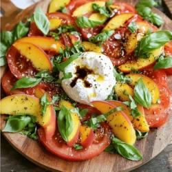 - 2 large heirloom tomatoes, sliced - 2 ripe peaches, pitted and sliced - 1 ball of fresh burrata cheese - 1/4 cup fresh basil leaves, torn - 2 tablespoons balsamic glaze - 2 tablespoons extra virgin olive oil - Salt and freshly cracked black pepper to taste If you can't find heirloom tomatoes, try using vine-ripened tomatoes. They have good flavor too. For cheese, you can use fresh mozzarella instead of burrata. It will still taste great! In different seasons, swap peaches for nectarines or even plums. Each fruit adds its own twist to the salad. To pick ripe peaches, look for ones that feel soft but not mushy. They should smell sweet. For burrata, choose cheese that feels soft and creamy. Fresh burrata should have a smooth surface. When selecting tomatoes, look for ones that are firm and have bright colors. Avoid any that feel too hard or have blemishes. First, wash the heirloom tomatoes and peaches under cold water. Make sure to remove any dirt. Pat them dry with a clean kitchen towel. This step helps keep your salad fresh and clean. Next, slice the heirloom tomatoes into thick rounds. For the peaches, cut them into wedges. This makes them easy to layer later. Now, let’s build the salad. On a large serving platter, alternate layering the sliced tomatoes and peaches. Create a circular pattern for a nice look. This makes for a beautiful presentation. Then, gently tear the burrata cheese into pieces. Place it right in the center of the platter. Let it ooze slightly for a creamy effect that everyone will love. To finish, drizzle balsamic glaze and extra virgin olive oil over the entire salad. This adds a rich flavor and shine. Don't forget to season it with salt and freshly cracked black pepper to taste. These final touches will enhance the taste and make it pop. For the full recipe, check out the complete guide to make this delightful dish. To impress your guests, focus on how you present the salad. Start with a large, white platter. This helps the colors pop. Arrange the tomato and peach slices in a circular pattern. Alternate colors for a striking look. Place the burrata cheese in the center. Let it ooze slightly for a creamy touch. Add torn basil leaves on top for a fresh green accent. Drizzle balsamic glaze and olive oil for a glossy finish. This not only looks good but adds flavor too! You can prep this salad ahead of time. Start by washing and slicing the tomatoes and peaches. Store them in separate containers in the fridge. This keeps them fresh and crisp. On the day you serve, layer the tomatoes and peaches on your platter. Add the burrata and basil last. Drizzle the oils and season just before serving. This keeps the salad looking fresh and vibrant. This salad pairs well with crusty bread or a light white wine. A chilled Sauvignon Blanc complements the sweetness of the peaches. You can serve it at summer picnics, family gatherings, or casual dinners. It’s a great dish for any occasion! Enjoy the bright flavors and fresh ingredients. The Tomato Peach Burrata Salad is sure to delight everyone at your table. For the complete recipe, check out [Full Recipe]. {{image_2}} You can change up the flavor of your salad easily. Adding nuts or seeds gives a nice crunch. I recommend using toasted pine nuts or sliced almonds. They add texture and flavor. You can also use sunflower seeds for a nut-free option. Herbs and spices can change the taste too. Try adding a sprinkle of chili flakes for heat. You can also use mint or arugula for a fresh twist. Each herb brings its own unique flavor to the dish. If you're vegan, you can swap the burrata cheese for tofu. Silken tofu works well for a creamy texture. Make sure to season it with some salt and lemon juice. This keeps the salad tasty and plant-based. For gluten-free options, this salad is naturally gluten-free! Just ensure your balsamic glaze does not contain any gluten. You can enjoy this dish without any worries. The best time to use summer produce is during peak season. Fresh peaches and tomatoes taste amazing when they are in season. You can also experiment with autumn fruits. Try pears or apples for a different flavor profile. Switching fruits based on the season keeps the salad fresh. Each season brings new tastes and colors. Use whatever is ripe and available for the best results. To keep your Tomato Peach Burrata Salad fresh, follow these steps: - Place any leftover salad in an airtight container. - Cover the salad tightly to keep out air. - Store in the fridge for best results. Avoid mixing the salad with the dressing if you want it to last longer. This salad lasts about 2 days in the fridge. Look for these signs to know if it has gone bad: - The tomatoes and peaches become mushy. - The burrata cheese smells sour. - The salad looks dry or discolored. You can repurpose leftover ingredients easily! Here are some fun ideas: - Mix leftover burrata into pasta for a creamy dish. - Use extra peaches in smoothies or desserts. - Toss leftover tomatoes into a quick omelette. These quick recipes make your leftovers shine! Burrata cheese is a fresh Italian cheese. It has a soft outer shell and a creamy inside. The flavor is rich and buttery, making it a perfect match for salads. When you slice it, the creamy center oozes out, adding a delightful texture. This cheese pairs well with fruits, like peaches and tomatoes, enhancing their sweetness. Yes, you can prepare the salad in advance. However, wait to add the burrata until right before serving. To keep the flavors fresh, store the tomatoes and peaches in a covered bowl. Add the dressing just before serving to avoid soggy fruit. This way, your salad stays crisp and tasty. For this salad, I love using a balsamic vinaigrette. It adds a sweet and tangy touch. You can also try a simple olive oil and lemon juice mix. Both options complement the flavors of the peaches and tomatoes. Feel free to experiment with herbs for extra flavor. When selecting peaches, look for a deep yellow or golden color. They should feel slightly soft when you gently press them. Avoid peaches with green spots, as they may not be ripe. A sweet aroma is also a good sign that they are ready to eat. This blog post covered the ingredients and steps for a fresh salad. You learned how to choose ripe peaches and fresh burrata, and we explored ingredient swaps. I shared tips for assembling and presenting the salad, plus variations to suit your taste. Consider trying different fruits or cheeses based on the season. Enjoy the flavors of summer with this bright dish. It’s easy to make and perfect for any gathering. Your kitchen can be a place of creativity and fun!