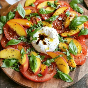 - 2 large heirloom tomatoes, sliced - 2 ripe peaches, pitted and sliced - 1 ball of fresh burrata cheese - 1/4 cup fresh basil leaves, torn - 2 tablespoons balsamic glaze - 2 tablespoons extra virgin olive oil - Salt and freshly cracked black pepper to taste If you can't find heirloom tomatoes, try using vine-ripened tomatoes. They have good flavor too. For cheese, you can use fresh mozzarella instead of burrata. It will still taste great! In different seasons, swap peaches for nectarines or even plums. Each fruit adds its own twist to the salad. To pick ripe peaches, look for ones that feel soft but not mushy. They should smell sweet. For burrata, choose cheese that feels soft and creamy. Fresh burrata should have a smooth surface. When selecting tomatoes, look for ones that are firm and have bright colors. Avoid any that feel too hard or have blemishes. First, wash the heirloom tomatoes and peaches under cold water. Make sure to remove any dirt. Pat them dry with a clean kitchen towel. This step helps keep your salad fresh and clean. Next, slice the heirloom tomatoes into thick rounds. For the peaches, cut them into wedges. This makes them easy to layer later. Now, let’s build the salad. On a large serving platter, alternate layering the sliced tomatoes and peaches. Create a circular pattern for a nice look. This makes for a beautiful presentation. Then, gently tear the burrata cheese into pieces. Place it right in the center of the platter. Let it ooze slightly for a creamy effect that everyone will love. To finish, drizzle balsamic glaze and extra virgin olive oil over the entire salad. This adds a rich flavor and shine. Don't forget to season it with salt and freshly cracked black pepper to taste. These final touches will enhance the taste and make it pop. For the full recipe, check out the complete guide to make this delightful dish. To impress your guests, focus on how you present the salad. Start with a large, white platter. This helps the colors pop. Arrange the tomato and peach slices in a circular pattern. Alternate colors for a striking look. Place the burrata cheese in the center. Let it ooze slightly for a creamy touch. Add torn basil leaves on top for a fresh green accent. Drizzle balsamic glaze and olive oil for a glossy finish. This not only looks good but adds flavor too! You can prep this salad ahead of time. Start by washing and slicing the tomatoes and peaches. Store them in separate containers in the fridge. This keeps them fresh and crisp. On the day you serve, layer the tomatoes and peaches on your platter. Add the burrata and basil last. Drizzle the oils and season just before serving. This keeps the salad looking fresh and vibrant. This salad pairs well with crusty bread or a light white wine. A chilled Sauvignon Blanc complements the sweetness of the peaches. You can serve it at summer picnics, family gatherings, or casual dinners. It’s a great dish for any occasion! Enjoy the bright flavors and fresh ingredients. The Tomato Peach Burrata Salad is sure to delight everyone at your table. For the complete recipe, check out [Full Recipe]. {{image_2}} You can change up the flavor of your salad easily. Adding nuts or seeds gives a nice crunch. I recommend using toasted pine nuts or sliced almonds. They add texture and flavor. You can also use sunflower seeds for a nut-free option. Herbs and spices can change the taste too. Try adding a sprinkle of chili flakes for heat. You can also use mint or arugula for a fresh twist. Each herb brings its own unique flavor to the dish. If you're vegan, you can swap the burrata cheese for tofu. Silken tofu works well for a creamy texture. Make sure to season it with some salt and lemon juice. This keeps the salad tasty and plant-based. For gluten-free options, this salad is naturally gluten-free! Just ensure your balsamic glaze does not contain any gluten. You can enjoy this dish without any worries. The best time to use summer produce is during peak season. Fresh peaches and tomatoes taste amazing when they are in season. You can also experiment with autumn fruits. Try pears or apples for a different flavor profile. Switching fruits based on the season keeps the salad fresh. Each season brings new tastes and colors. Use whatever is ripe and available for the best results. To keep your Tomato Peach Burrata Salad fresh, follow these steps: - Place any leftover salad in an airtight container. - Cover the salad tightly to keep out air. - Store in the fridge for best results. Avoid mixing the salad with the dressing if you want it to last longer. This salad lasts about 2 days in the fridge. Look for these signs to know if it has gone bad: - The tomatoes and peaches become mushy. - The burrata cheese smells sour. - The salad looks dry or discolored. You can repurpose leftover ingredients easily! Here are some fun ideas: - Mix leftover burrata into pasta for a creamy dish. - Use extra peaches in smoothies or desserts. - Toss leftover tomatoes into a quick omelette. These quick recipes make your leftovers shine! Burrata cheese is a fresh Italian cheese. It has a soft outer shell and a creamy inside. The flavor is rich and buttery, making it a perfect match for salads. When you slice it, the creamy center oozes out, adding a delightful texture. This cheese pairs well with fruits, like peaches and tomatoes, enhancing their sweetness. Yes, you can prepare the salad in advance. However, wait to add the burrata until right before serving. To keep the flavors fresh, store the tomatoes and peaches in a covered bowl. Add the dressing just before serving to avoid soggy fruit. This way, your salad stays crisp and tasty. For this salad, I love using a balsamic vinaigrette. It adds a sweet and tangy touch. You can also try a simple olive oil and lemon juice mix. Both options complement the flavors of the peaches and tomatoes. Feel free to experiment with herbs for extra flavor. When selecting peaches, look for a deep yellow or golden color. They should feel slightly soft when you gently press them. Avoid peaches with green spots, as they may not be ripe. A sweet aroma is also a good sign that they are ready to eat. This blog post covered the ingredients and steps for a fresh salad. You learned how to choose ripe peaches and fresh burrata, and we explored ingredient swaps. I shared tips for assembling and presenting the salad, plus variations to suit your taste. Consider trying different fruits or cheeses based on the season. Enjoy the flavors of summer with this bright dish. It’s easy to make and perfect for any gathering. Your kitchen can be a place of creativity and fun!
