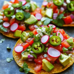 - 1 cup pickled jalapeños, diced - 1 cup diced tomatoes - 1/2 cup red onion, finely chopped - 1/2 cup fresh cilantro, chopped - 1 avocado, diced - 1 tablespoon lime juice - Salt to taste - 8 tostada shells - 1 cup crumbled queso fresco (or your preferred cheese) - Sliced radishes for garnish Gather these fresh ingredients to make the best Pickle De Gallo Tostadas. Each ingredient plays a key role in creating a burst of flavor. The pickled jalapeños add heat, while the tomatoes bring sweetness. Red onion adds crunch, and cilantro brings a fresh taste. Use ripe avocados for creaminess and a squeeze of lime for a zesty kick. Don't forget the salt to enhance all the flavors. Choose your favorite cheese to sprinkle on top. Then, get some crispy tostada shells to hold everything together. These simple ingredients make a vibrant treat. You can find the full recipe in the earlier section of this article. Enjoy making these tasty tostadas! To start, gather your ingredients. In a medium bowl, combine: - 1 cup pickled jalapeños, diced - 1 cup diced tomatoes - 1/2 cup red onion, finely chopped - 1/2 cup fresh cilantro, chopped Next, drizzle in 1 tablespoon of lime juice. Add salt to taste. Gently toss everything together until well mixed. This mixture is fresh and bright. It brings a nice kick to your tostadas. Now, let's get those tostada shells ready. Preheat your oven to 350°F (175°C). Spread the tostada shells on a baking sheet. Bake them for 5 to 7 minutes. You want them to be crispy but not burnt. Keep an eye on them as they bake. Once the shells are crispy, take them out of the oven. Let them cool slightly. Then, it's time to build your tostadas. Top each shell with a generous spoonful of the pickle de gallo mixture. Next, add diced avocado on top for creaminess. Finally, sprinkle crumbled queso fresco over each tostada for a salty bite. For a nice touch, garnish with sliced radishes. These add color and crunch. Enjoy your fresh and flavorful Pickle De Gallo Tostadas! For the complete steps, check the Full Recipe. - Use fresh ingredients for the best flavor. Fresh tomatoes, cilantro, and jalapeños make a big difference. They add bright flavors and vibrant colors to your tostadas. - Adjust lime and salt for personal taste. Taste your pickle de gallo mix as you go. If you like it tangier, add more lime juice. If it needs salt, sprinkle a bit more until it tastes just right. - Baking vs. frying: which method to choose? Baking is healthier and easier. I like to bake my tostada shells at 350°F for 5-7 minutes. This gives them a nice crunch without the mess of frying. - How to store tostada shells before serving. Keep your tostada shells in an airtight container. This keeps them crisp until you are ready to serve. Avoid stacking them to prevent them from getting soft. {{image_2}} You can play with different types of peppers to change the heat level. Try serrano or habanero for a spicier kick. Each pepper brings its own flavor and heat, so have fun experimenting. You can also switch up the cheese. Crumbled feta or shredded cheddar can add a unique twist. Don’t be afraid to mix flavors! If you want a vegan option, you can skip the cheese or use a plant-based cheese. There are great vegan cheeses that melt well and taste good. For those needing gluten-free options, look for tostada shells made from corn. They are crunchy and perfect for this dish. These tostadas make great snacks or appetizers. You can serve them at parties or family gatherings. For a fun twist, pair them with dips like guacamole or salsas. They can add extra flavor and texture to your meal. Consider stacking some tostadas for a beautiful display on your table. Enjoy the fresh and vibrant flavors of your Pickle De Gallo Tostadas! Check the Full Recipe for more ideas. Store leftover pickle de gallo mixture in a sealed container. Keep it in the fridge. It will stay fresh for about 3 days. The flavors will blend together, which can make it even tastier. If you want to keep it longer, freeze it. Just remember to thaw it in the fridge before using. For tostada shells, store them in a cool, dry place. Use a zip-top bag or an airtight container. They can last for about 2 weeks. If you see any signs of moisture, toss them out. Moisture can make the shells soggy. To reheat tostadas, you want them to stay crispy. The best way is to use the oven. Preheat your oven to 350°F (175°C). Place the tostadas on a baking sheet. Heat them for about 5 minutes. This will help them regain their crunch. Avoid using the microwave, as it can make them soft and chewy. - Pickled jalapeños: Last for 1-2 months in the fridge. - Diced tomatoes: Keep for 3-5 days in the fridge. - Red onion: Can stay fresh for about 1-2 weeks. - Fresh cilantro: Lasts for up to 1 week. - Avocado: Best used within 1-2 days once cut. - Lime juice: Fresh juice lasts about 1 week; bottled juice can last longer. - Salt: Indefinite shelf life if kept dry. - Tostada shells: Can be stored for 2 weeks. - Queso fresco: Best used within 1 week once opened. - Sliced radishes: Keep for about 5 days in the fridge. Pickle de gallo is a fresh, zesty salsa made with pickled jalapeños, tomatoes, onions, and cilantro. You mix these ingredients together, adding lime juice and salt for flavor. This dish brings a nice crunch and bright taste to any meal. It is great on its own or as a topping for tostadas. Yes, you can prep some parts in advance. Make the pickle de gallo mixture a day before and store it in the fridge. Just keep the tostada shells separate until you are ready to serve. This way, they stay crispy. Assemble your tostadas just before eating for the best taste. You can top your tostadas with many things. Here are some great options: - Sliced avocado for creaminess - Crumbled queso fresco or your favorite cheese - Fresh cilantro for extra flavor - Sliced radishes for crunch - A drizzle of sour cream for tanginess - Chopped green onions for freshness Mix and match to find your favorite combinations! Pickle De Gallo Tostadas are easy and fun to make. We covered the ingredients and how to prepare them. You learned ways to make your tostadas extra crispy and how to store leftovers. Try different peppers or cheeses for unique flavors. Enjoy this tasty snack with friends or family! With these tips, you can create the perfect dish every time. Great food brings people together. Enjoy your cooking adventure!