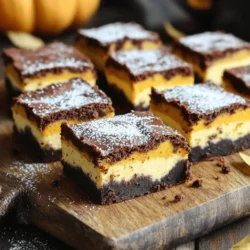 - 1 cup unsweetened cocoa powder - 1 cup all-purpose flour - 1 cup granulated sugar - 1/2 cup brown sugar, packed - 1/2 cup unsalted butter, melted - 3 large eggs - 1 teaspoon vanilla extract - 1/2 teaspoon baking powder - 1/4 teaspoon salt - 1 cup pumpkin puree - 8 oz cream cheese, softened - 1/2 cup powdered sugar - 1 teaspoon pumpkin pie spice Each ingredient plays a key role in making these brownies rich and tasty. For instance, the cocoa powder gives a deep chocolate flavor while the pumpkin puree adds moistness and a hint of spice. The combination of granulated and brown sugar creates a balance of sweetness and texture. You can swap some ingredients if needed. Use almond flour for a gluten-free option. Coconut sugar can replace granulated sugar for a healthier choice. Greek yogurt works well instead of cream cheese for a lighter version. Feel free to play with spices, like adding cinnamon or nutmeg, to customize the flavor. Check the full recipe for exact measurements and instructions. Start by preheating your oven to 350°F (175°C). This temperature helps the brownies bake evenly. Next, grab a 9x9-inch baking pan. Grease it with butter or cooking spray. Then, line the bottom with parchment paper. This makes it easy to lift out the brownies later. In a large bowl, whisk together 1/2 cup of melted unsalted butter, 1 cup of granulated sugar, and 1/2 cup of brown sugar. Mix until the mixture is smooth. Next, add 3 large eggs, one at a time. Make sure to mix well after each egg. Stir in 1 teaspoon of vanilla extract. In a separate bowl, combine 1 cup of unsweetened cocoa powder, 1 cup of all-purpose flour, 1/2 teaspoon of baking powder, and 1/4 teaspoon of salt. Gradually add this dry mix to the wet ingredients. Stir until just combined. In another bowl, beat 8 oz of softened cream cheese with 1/2 cup of powdered sugar. Then add 1 cup of pumpkin puree and 1 teaspoon of pumpkin pie spice. Mix until the cream cheese layer is smooth and creamy. This layer gives the brownies a rich flavor and texture. Pour half of the brownie batter into the prepared pan. Spread it out evenly. Next, spoon dollops of the cream cheese mixture over the brownie batter. Use a knife or toothpick to swirl the cream cheese into the brownie batter. This creates a beautiful marbled effect. Pour the remaining brownie batter over the cream cheese layer. Spread it evenly. Bake in the preheated oven for 30-35 minutes. Check with a toothpick; it should come out mostly clean. Once baked, let the brownies cool in the pan for 15 minutes. Then lift them out using the parchment paper. Cool completely on a wire rack. Cut into squares to serve. For the full recipe, check back to make sure you have all the steps right! To get soft and fudgy brownies, use fresh pumpkin puree. Make sure to measure it accurately. Too much pumpkin can make the brownies too moist. If you want a denser texture, try adding an extra egg. Mix the batter just until it's smooth; overmixing can lead to tough brownies. One common mistake is baking too long. Always check with a toothpick around 30 minutes. If it comes out with a few moist crumbs, you are good! Another mistake is not letting the brownies cool enough before cutting. This can make them fall apart. Patience is key here! These brownies are great on their own, but you can make them shine. Serve them warm with a scoop of vanilla ice cream. For a festive touch, drizzle caramel sauce over the top. You can also sprinkle some crushed nuts for texture. Always dust with a bit of powdered sugar for a pretty finish! For the full recipe, be sure to follow along with the steps closely. {{image_2}} You can make these brownies gluten-free by swapping the all-purpose flour. Use a gluten-free flour blend instead. This works great and keeps the taste yummy. Make sure your cocoa powder is gluten-free too. This way, everyone can enjoy this tasty treat! Want to give your brownies a twist? Add chocolate chips or nuts. Mix in half a cup of chocolate chips for a sweeter bite. Chopped nuts add a nice crunch. You can use walnuts or pecans. Just stir them into the batter before you bake. You can change the flavors for each season. Add a splash of maple syrup for fall vibes. In winter, try a hint of peppermint extract. For spring, a bit of orange zest can brighten the taste. These small changes will keep your recipe fresh and fun! For the full recipe, check out the details above. To keep your pumpkin cheesecake brownies fresh, let them cool completely. Place them in an airtight container. Store them at room temperature for up to three days. For longer storage, put them in the fridge. This helps them stay moist and tasty. If you want to save brownies for later, freezing is a great option. First, cut them into squares. Wrap each square tightly in plastic wrap. Then, place the wrapped brownies in a freezer bag. They can stay frozen for up to three months. When you’re ready to eat, just thaw them in the fridge overnight. To warm up your brownies, use a microwave. Heat them on low for about 10 to 15 seconds. This makes them soft and gooey again. You can also use an oven. Preheat it to 350°F (175°C). Place the brownies on a baking sheet and warm them for about 5 minutes. Enjoy the delicious taste of your pumpkin cheesecake brownies again! For the full recipe, check out the complete guide. These brownies stay fresh for about 5 to 7 days. Keep them in an airtight container. They taste best at room temperature. You can also chill them in the fridge for a cool treat. Yes! You can make them a day or two ahead. Just store them properly. This way, they will be ready for your guests or a party. The flavors may even get better as they sit! To cut brownies neatly, use a sharp knife. Dip it in hot water first, then wipe it dry. Cut straight down, not back and forth. Repeat this for each cut to keep edges clean. You can use applesauce or mashed bananas instead of pumpkin puree. This will change the flavor a bit, but it can still be tasty. Just make sure to keep the same amount for the best results. Check the full recipe for more tips! These pumpkin cheesecake brownies are a tasty treat you'll love. We covered ingredients, steps for baking, and tips for perfect results. Remember, you can mix in variations and store leftovers easily. Enjoy exploring flavors and impressing others with your skills. Try making these brownies today, and share the joy with your friends!