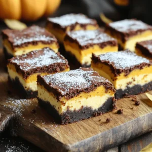 - 1 cup unsweetened cocoa powder - 1 cup all-purpose flour - 1 cup granulated sugar - 1/2 cup brown sugar, packed - 1/2 cup unsalted butter, melted - 3 large eggs - 1 teaspoon vanilla extract - 1/2 teaspoon baking powder - 1/4 teaspoon salt - 1 cup pumpkin puree - 8 oz cream cheese, softened - 1/2 cup powdered sugar - 1 teaspoon pumpkin pie spice Each ingredient plays a key role in making these brownies rich and tasty. For instance, the cocoa powder gives a deep chocolate flavor while the pumpkin puree adds moistness and a hint of spice. The combination of granulated and brown sugar creates a balance of sweetness and texture. You can swap some ingredients if needed. Use almond flour for a gluten-free option. Coconut sugar can replace granulated sugar for a healthier choice. Greek yogurt works well instead of cream cheese for a lighter version. Feel free to play with spices, like adding cinnamon or nutmeg, to customize the flavor. Check the full recipe for exact measurements and instructions. Start by preheating your oven to 350°F (175°C). This temperature helps the brownies bake evenly. Next, grab a 9x9-inch baking pan. Grease it with butter or cooking spray. Then, line the bottom with parchment paper. This makes it easy to lift out the brownies later. In a large bowl, whisk together 1/2 cup of melted unsalted butter, 1 cup of granulated sugar, and 1/2 cup of brown sugar. Mix until the mixture is smooth. Next, add 3 large eggs, one at a time. Make sure to mix well after each egg. Stir in 1 teaspoon of vanilla extract. In a separate bowl, combine 1 cup of unsweetened cocoa powder, 1 cup of all-purpose flour, 1/2 teaspoon of baking powder, and 1/4 teaspoon of salt. Gradually add this dry mix to the wet ingredients. Stir until just combined. In another bowl, beat 8 oz of softened cream cheese with 1/2 cup of powdered sugar. Then add 1 cup of pumpkin puree and 1 teaspoon of pumpkin pie spice. Mix until the cream cheese layer is smooth and creamy. This layer gives the brownies a rich flavor and texture. Pour half of the brownie batter into the prepared pan. Spread it out evenly. Next, spoon dollops of the cream cheese mixture over the brownie batter. Use a knife or toothpick to swirl the cream cheese into the brownie batter. This creates a beautiful marbled effect. Pour the remaining brownie batter over the cream cheese layer. Spread it evenly. Bake in the preheated oven for 30-35 minutes. Check with a toothpick; it should come out mostly clean. Once baked, let the brownies cool in the pan for 15 minutes. Then lift them out using the parchment paper. Cool completely on a wire rack. Cut into squares to serve. For the full recipe, check back to make sure you have all the steps right! To get soft and fudgy brownies, use fresh pumpkin puree. Make sure to measure it accurately. Too much pumpkin can make the brownies too moist. If you want a denser texture, try adding an extra egg. Mix the batter just until it's smooth; overmixing can lead to tough brownies. One common mistake is baking too long. Always check with a toothpick around 30 minutes. If it comes out with a few moist crumbs, you are good! Another mistake is not letting the brownies cool enough before cutting. This can make them fall apart. Patience is key here! These brownies are great on their own, but you can make them shine. Serve them warm with a scoop of vanilla ice cream. For a festive touch, drizzle caramel sauce over the top. You can also sprinkle some crushed nuts for texture. Always dust with a bit of powdered sugar for a pretty finish! For the full recipe, be sure to follow along with the steps closely. {{image_2}} You can make these brownies gluten-free by swapping the all-purpose flour. Use a gluten-free flour blend instead. This works great and keeps the taste yummy. Make sure your cocoa powder is gluten-free too. This way, everyone can enjoy this tasty treat! Want to give your brownies a twist? Add chocolate chips or nuts. Mix in half a cup of chocolate chips for a sweeter bite. Chopped nuts add a nice crunch. You can use walnuts or pecans. Just stir them into the batter before you bake. You can change the flavors for each season. Add a splash of maple syrup for fall vibes. In winter, try a hint of peppermint extract. For spring, a bit of orange zest can brighten the taste. These small changes will keep your recipe fresh and fun! For the full recipe, check out the details above. To keep your pumpkin cheesecake brownies fresh, let them cool completely. Place them in an airtight container. Store them at room temperature for up to three days. For longer storage, put them in the fridge. This helps them stay moist and tasty. If you want to save brownies for later, freezing is a great option. First, cut them into squares. Wrap each square tightly in plastic wrap. Then, place the wrapped brownies in a freezer bag. They can stay frozen for up to three months. When you’re ready to eat, just thaw them in the fridge overnight. To warm up your brownies, use a microwave. Heat them on low for about 10 to 15 seconds. This makes them soft and gooey again. You can also use an oven. Preheat it to 350°F (175°C). Place the brownies on a baking sheet and warm them for about 5 minutes. Enjoy the delicious taste of your pumpkin cheesecake brownies again! For the full recipe, check out the complete guide. These brownies stay fresh for about 5 to 7 days. Keep them in an airtight container. They taste best at room temperature. You can also chill them in the fridge for a cool treat. Yes! You can make them a day or two ahead. Just store them properly. This way, they will be ready for your guests or a party. The flavors may even get better as they sit! To cut brownies neatly, use a sharp knife. Dip it in hot water first, then wipe it dry. Cut straight down, not back and forth. Repeat this for each cut to keep edges clean. You can use applesauce or mashed bananas instead of pumpkin puree. This will change the flavor a bit, but it can still be tasty. Just make sure to keep the same amount for the best results. Check the full recipe for more tips! These pumpkin cheesecake brownies are a tasty treat you'll love. We covered ingredients, steps for baking, and tips for perfect results. Remember, you can mix in variations and store leftovers easily. Enjoy exploring flavors and impressing others with your skills. Try making these brownies today, and share the joy with your friends!