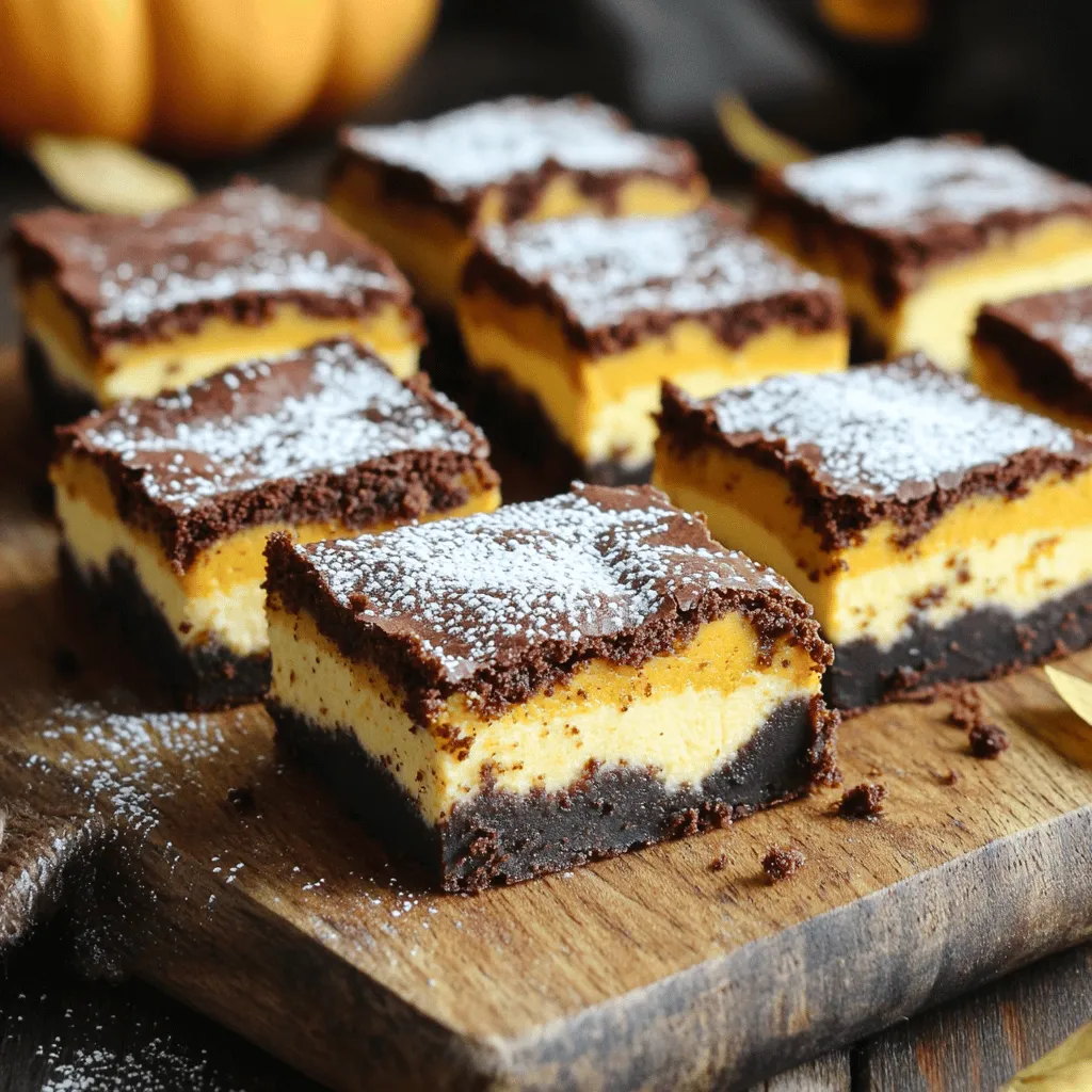 - 1 cup unsweetened cocoa powder - 1 cup all-purpose flour - 1 cup granulated sugar - ½ cup brown sugar, packed - ½ cup unsalted butter, melted - 3 large eggs - 1 teaspoon vanilla extract - ½ teaspoon baking powder - ¼ teaspoon salt - 1 cup pumpkin puree - 8 oz cream cheese, softened - ½ cup powdered sugar - 1 teaspoon pumpkin pie spice Each ingredient plays a key role in making these brownies rich and tasty. For instance, the cocoa powder gives a deep chocolate flavor while the pumpkin puree adds moistness and a hint of spice. The combination of granulated and brown sugar creates a balance of sweetness and texture. You can swap some ingredients if needed. Use almond flour for a gluten-free option. Coconut sugar can replace granulated sugar for a healthier choice. Greek yogurt works well instead of cream cheese for a lighter version. Feel free to play with spices, like adding cinnamon or nutmeg, to customize the flavor. Check the full recipe for exact measurements and instructions. Start by preheating your oven to 350°F (175°C). This temperature helps the brownies bake evenly. Next, grab a 9x9-inch baking pan. Grease it with butter or cooking spray. Then, line the bottom with parchment paper. This makes it easy to lift out the brownies later. In a large bowl, whisk together ½ cup of melted unsalted butter, 1 cup of granulated sugar, and ½ cup of brown sugar. Mix until the mixture is smooth. Next, add 3 large eggs, one at a time. Make sure to mix well after each egg. Stir in 1 teaspoon of vanilla extract. In a separate bowl, combine 1 cup of unsweetened cocoa powder, 1 cup of all-purpose flour, ½ teaspoon of baking powder, and ¼ teaspoon of salt. Gradually add this dry mix to the wet ingredients. Stir until just combined. In another bowl, beat 8 oz of softened cream cheese with ½ cup of powdered sugar. Then add 1 cup of pumpkin puree and 1 teaspoon of pumpkin pie spice. Mix until the cream cheese layer is smooth and creamy. This layer gives the brownies a rich flavor and texture. Pour half of the brownie batter into the prepared pan. Spread it out evenly. Next, spoon dollops of the cream cheese mixture over the brownie batter. Use a knife or toothpick to swirl the cream cheese into the brownie batter. This creates a beautiful marbled effect. Pour the remaining brownie batter over the cream cheese layer. Spread it evenly. Bake in the preheated oven for 30-35 minutes. Check with a toothpick; it should come out mostly clean. Once baked, let the brownies cool in the pan for 15 minutes. Then lift them out using the parchment paper. Cool completely on a wire rack. Cut into squares to serve. For the full recipe, check back to make sure you have all the steps right! To get soft and fudgy brownies, use fresh pumpkin puree. Make sure to measure it accurately. Too much pumpkin can make the brownies too moist. If you want a denser texture, try adding an extra egg. Mix the batter just until it's smooth; overmixing can lead to tough brownies. One common mistake is baking too long. Always check with a toothpick around 30 minutes. If it comes out with a few moist crumbs, you are good! Another mistake is not letting the brownies cool enough before cutting. This can make them fall apart. Patience is key here! These brownies are great on their own, but you can make them shine. Serve them warm with a scoop of vanilla ice cream. For a festive touch, drizzle caramel sauce over the top. You can also sprinkle some crushed nuts for texture. Always dust with a bit of powdered sugar for a pretty finish! For the full recipe, be sure to follow along with the steps closely. {{image_2}} You can make these brownies gluten-free by swapping the all-purpose flour. Use a gluten-free flour blend instead. This works great and keeps the taste yummy. Make sure your cocoa powder is gluten-free too. This way, everyone can enjoy this tasty treat! Want to give your brownies a twist? Add chocolate chips or nuts. Mix in half a cup of chocolate chips for a sweeter bite. Chopped nuts add a nice crunch. You can use walnuts or pecans. Just stir them into the batter before you bake. You can change the flavors for each season. Add a splash of maple syrup for fall vibes. In winter, try a hint of peppermint extract. For spring, a bit of orange zest can brighten the taste. These small changes will keep your recipe fresh and fun! For the full recipe, check out the details above. To keep your pumpkin cheesecake brownies fresh, let them cool completely. Place them in an airtight container. Store them at room temperature for up to three days. For longer storage, put them in the fridge. This helps them stay moist and tasty. If you want to save brownies for later, freezing is a great option. First, cut them into squares. Wrap each square tightly in plastic wrap. Then, place the wrapped brownies in a freezer bag. They can stay frozen for up to three months. When you’re ready to eat, just thaw them in the fridge overnight. To warm up your brownies, use a microwave. Heat them on low for about 10 to 15 seconds. This makes them soft and gooey again. You can also use an oven. Preheat it to 350°F (175°C). Place the brownies on a baking sheet and warm them for about 5 minutes. Enjoy the delicious taste of your pumpkin cheesecake brownies again! For the full recipe, check out the complete guide. These brownies stay fresh for about 5 to 7 days. Keep them in an airtight container. They taste best at room temperature. You can also chill them in the fridge for a cool treat. Yes! You can make them a day or two ahead. Just store them properly. This way, they will be ready for your guests or a party. The flavors may even get better as they sit! To cut brownies neatly, use a sharp knife. Dip it in hot water first, then wipe it dry. Cut straight down, not back and forth. Repeat this for each cut to keep edges clean. You can use applesauce or mashed bananas instead of pumpkin puree. This will change the flavor a bit, but it can still be tasty. Just make sure to keep the same amount for the best results. Check the full recipe for more tips! These pumpkin cheesecake brownies are a tasty treat you'll love. We covered ingredients, steps for baking, and tips for perfect results. Remember, you can mix in variations and store leftovers easily. Enjoy exploring flavors and impressing others with your skills. Try making these brownies today, and share the joy with your friends!