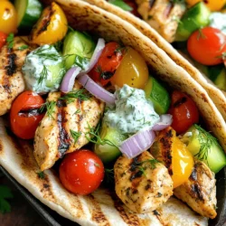 - 2 boneless, skinless chicken breasts - 2 tablespoons olive oil - 2 teaspoons dried oregano - 1 teaspoon garlic powder - 1 teaspoon paprika - Salt and pepper to taste - 4 whole grain pita breads - 1 cup cherry tomatoes, halved - 1 small cucumber, diced - 1 small red onion, thinly sliced - Fresh parsley for garnish The main ingredients for gyros focus on chicken, oil, and spices. Use fresh chicken breasts for the best flavor. Olive oil adds richness and helps the spices stick. Dried oregano gives the dish its classic taste. Garlic powder and paprika add a nice kick. Don’t forget to season with salt and pepper. Pita bread serves as the vessel for our filling. It should be soft and warm when serving. For filling, use cherry tomatoes for sweetness. Diced cucumber adds crunch, while red onion provides a zesty bite. - 1 cup Greek yogurt - 1 clove garlic, minced - 1 tablespoon fresh dill, chopped - 1 tablespoon lemon juice - 1/2 cucumber, grated and drained - Salt to taste Tzatziki sauce is the perfect cooling dip for gyros. Greek yogurt serves as the base. It’s thick and creamy, making it perfect for dipping. Minced garlic adds flavor, while fresh dill gives a fresh taste. Lemon juice adds brightness, and grated cucumber helps make the sauce refreshing. Don’t forget to season with salt to bring all the flavors together. - Fresh parsley - Extra vegetables Garnishes elevate your gyros. Fresh parsley adds color and a herbaceous touch. You can also add more vegetables if you like. Consider extra diced cucumbers or sliced bell peppers for added texture and taste. For the full recipe, refer to the Full Recipe section. This drink is best enjoyed fresh and shared with friends. To start, I combine olive oil, dried oregano, garlic powder, paprika, salt, and pepper in a bowl. This mixture creates a flavorful marinade. I then add the chicken breasts and make sure they are coated well. Marinating is key! I let the chicken sit for at least 30 minutes. For the best flavor, I recommend marinating for up to 2 hours in the fridge. Next, I prepare the tzatziki sauce. I mix Greek yogurt, minced garlic, chopped dill, lemon juice, and grated cucumber in a bowl. This sauce adds a refreshing taste to the gyros. To get the cucumber just right, I drain it properly. I squeeze out the excess water using a clean kitchen towel. This step helps the sauce stay thick and creamy. When the chicken is marinated, it's time to cook it. I preheat my grill or skillet over medium-high heat. I grill the chicken for about 6-7 minutes per side. It should look golden brown and fully cooked inside. After cooking, I let the chicken rest for a few minutes. Then, I slice it into thin strips to fit perfectly in the pita. While the chicken rests, I warm the pita bread. I place them on the grill or in a pan for 1-2 minutes on each side. This makes them soft and slightly toasted. Warm pita adds a nice touch. I suggest serving the pita alongside the gyros for a fun way to enjoy them. Now comes the fun part—assembling the gyros! I lay out the warm pita and start layering. First, I add the sliced chicken. Then, I pile on cherry tomatoes, diced cucumber, and red onion. Finally, I drizzle tzatziki sauce generously over the top. To make it look nice, I sprinkle fresh parsley. Wrapping the pita around the filling makes it easy to eat! To get the best flavor, start with a good marinade. I mix olive oil, oregano, garlic powder, paprika, salt, and pepper. This blend adds great taste. Let the chicken marinate for at least 30 minutes. If you have more time, two hours in the fridge works wonders. The longer it sits, the more flavor it absorbs. Always coat the chicken well in the marinade. For a creamy tzatziki, use full-fat Greek yogurt. I add minced garlic, fresh dill, lemon juice, and grated cucumber. Make sure to drain the cucumber well to avoid watery sauce. Mix these ingredients and let them sit in the fridge. This waiting time helps the flavors blend. The result is a rich, flavorful sauce that complements the chicken perfectly. Gyros pair well with sides like Greek salad or roasted vegetables. You can also serve them with crispy fries for a fun twist. For drinks, try a light, refreshing lemonade or iced tea. Adding these sides and drinks enhances your meal. Don’t forget to serve extra tzatziki on the side for dipping. This adds more flavor and fun to your meal. {{image_2}} You can change the chicken in gyros to other meats. Lamb makes a rich choice. It adds a strong flavor and pairs well with tzatziki. Beef is another option; it gives a hearty taste. For a vegetarian twist, use grilled veggies or falafel. These options keep the gyros tasty while catering to different diets. If you need gluten-free, you can swap out the pita bread. Look for gluten-free pita at the store. Lettuce wraps also work well. They hold all the filling while staying light and fresh. Just add your chicken, veggies, and tzatziki, and enjoy! Tzatziki is easy to personalize. You can change the herbs and spices to suit your taste. Try adding mint for a fresh twist or even some cayenne for spice. You might also use different types of yogurt, like dairy-free, for a unique flavor. Experimenting can make your tzatziki even more special. For the full recipe, check the details above. To keep your gyros fresh, store each component separately. Place the chicken in an airtight container. Wrap the pita in foil or plastic wrap. Store veggies in a sealed bag. This way, they stay fresh longer. Use them within three days for the best taste. Tzatziki lasts about three to four days in the fridge. Keep it in a sealed container. Make sure to stir it before you use it again. If you notice any changes in smell or texture, it’s best to toss it out. For reheating chicken, use a skillet over medium heat. Heat until warm, about four to five minutes. You can also use the microwave for about 30 seconds. For pita, warm it on a skillet for one minute on each side. This keeps it soft and tasty. Enjoy your gyros just as good as when they were fresh! For the full recipe, check out the details above. Gyros come from Greece. The name means "turn" in Greek. It refers to the way meat cooks on a vertical spit. The dish has roots in ancient Greece. It evolved from similar foods like döner kebab. Today, gyros use pork, chicken, or lamb. They are often served in pita bread with fresh veggies and sauce. Yes, you can prepare gyros ahead of time. Marinate the chicken a day before. Cook it and store in the fridge. You can warm it up later. Prepare the tzatziki sauce a day ahead too. Just keep it in the fridge. You can also slice your veggies early. This makes meal prep easy. Gyros pair well with many side dishes. You can serve Greek salad for a fresh touch. Roasted potatoes also go great with gyros. You might try a side of hummus and pita chips. For a light option, add a cucumber salad. These sides balance the meal well. You can add heat easily to your gyros. Mix in red pepper flakes with the chicken marinade. You might also use spicy tzatziki sauce. Just add some chopped jalapeños or hot sauce. For extra flavor, try harissa or sriracha in the sauce. Adjust the spice to your liking. Yes, you can freeze gyros for later. Cook the chicken and let it cool first. Place it in an airtight container. You can freeze the tzatziki too. Just make sure to keep it sealed. When ready to eat, thaw them in the fridge. Reheat in the oven or on the stove. Enjoy your gyros later with ease! Making gyros at home is fun and rewarding. You’ve learned about the key ingredients, from marinating chicken to preparing tasty tzatziki. I shared tips for cooking the chicken and warming pita bread perfectly. You also explored variations for different diets and preferences. Remember, you can mix and match to make gyros your own. Enjoy experimenting with flavors and sides. Your delicious gyros will impress anyone at the table. Try making this meal soon; it’s sure to be a hit!