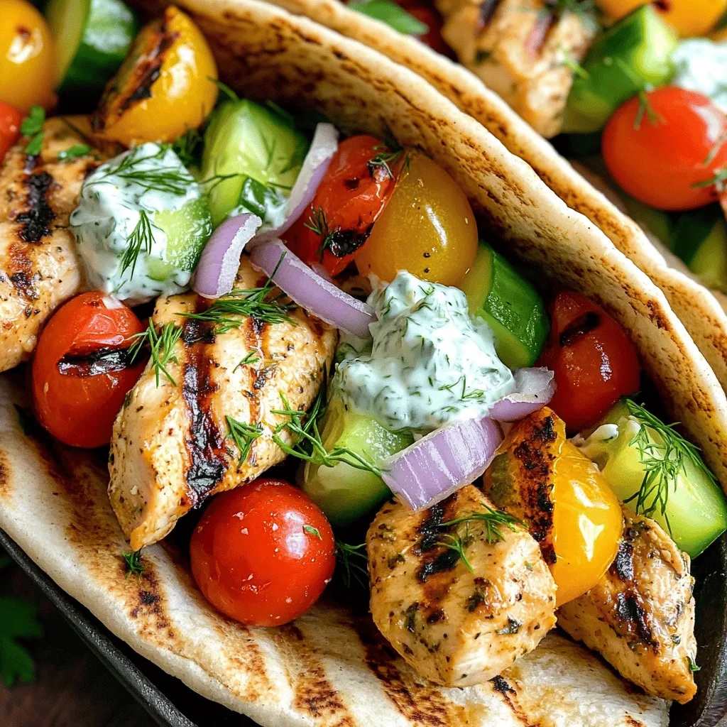- 2 boneless, skinless chicken breasts - 2 tablespoons olive oil - 2 teaspoons dried oregano - 1 teaspoon garlic powder - 1 teaspoon paprika - Salt and pepper to taste - 4 whole grain pita breads - 1 cup cherry tomatoes, halved - 1 small cucumber, diced - 1 small red onion, thinly sliced - Fresh parsley for garnish The main ingredients for gyros focus on chicken, oil, and spices. Use fresh chicken breasts for the best flavor. Olive oil adds richness and helps the spices stick. Dried oregano gives the dish its classic taste. Garlic powder and paprika add a nice kick. Don’t forget to season with salt and pepper. Pita bread serves as the vessel for our filling. It should be soft and warm when serving. For filling, use cherry tomatoes for sweetness. Diced cucumber adds crunch, while red onion provides a zesty bite. - 1 cup Greek yogurt - 1 clove garlic, minced - 1 tablespoon fresh dill, chopped - 1 tablespoon lemon juice - ½ cucumber, grated and drained - Salt to taste Tzatziki sauce is the perfect cooling dip for gyros. Greek yogurt serves as the base. It’s thick and creamy, making it perfect for dipping. Minced garlic adds flavor, while fresh dill gives a fresh taste. Lemon juice adds brightness, and grated cucumber helps make the sauce refreshing. Don’t forget to season with salt to bring all the flavors together. - Fresh parsley - Extra vegetables Garnishes elevate your gyros. Fresh parsley adds color and a herbaceous touch. You can also add more vegetables if you like. Consider extra diced cucumbers or sliced bell peppers for added texture and taste. For the full recipe, refer to the Full Recipe section. This drink is best enjoyed fresh and shared with friends. To start, I combine olive oil, dried oregano, garlic powder, paprika, salt, and pepper in a bowl. This mixture creates a flavorful marinade. I then add the chicken breasts and make sure they are coated well. Marinating is key! I let the chicken sit for at least 30 minutes. For the best flavor, I recommend marinating for up to 2 hours in the fridge. Next, I prepare the tzatziki sauce. I mix Greek yogurt, minced garlic, chopped dill, lemon juice, and grated cucumber in a bowl. This sauce adds a refreshing taste to the gyros. To get the cucumber just right, I drain it properly. I squeeze out the excess water using a clean kitchen towel. This step helps the sauce stay thick and creamy. When the chicken is marinated, it's time to cook it. I preheat my grill or skillet over medium-high heat. I grill the chicken for about 6-7 minutes per side. It should look golden brown and fully cooked inside. After cooking, I let the chicken rest for a few minutes. Then, I slice it into thin strips to fit perfectly in the pita. While the chicken rests, I warm the pita bread. I place them on the grill or in a pan for 1-2 minutes on each side. This makes them soft and slightly toasted. Warm pita adds a nice touch. I suggest serving the pita alongside the gyros for a fun way to enjoy them. Now comes the fun part—assembling the gyros! I lay out the warm pita and start layering. First, I add the sliced chicken. Then, I pile on cherry tomatoes, diced cucumber, and red onion. Finally, I drizzle tzatziki sauce generously over the top. To make it look nice, I sprinkle fresh parsley. Wrapping the pita around the filling makes it easy to eat! To get the best flavor, start with a good marinade. I mix olive oil, oregano, garlic powder, paprika, salt, and pepper. This blend adds great taste. Let the chicken marinate for at least 30 minutes. If you have more time, two hours in the fridge works wonders. The longer it sits, the more flavor it absorbs. Always coat the chicken well in the marinade. For a creamy tzatziki, use full-fat Greek yogurt. I add minced garlic, fresh dill, lemon juice, and grated cucumber. Make sure to drain the cucumber well to avoid watery sauce. Mix these ingredients and let them sit in the fridge. This waiting time helps the flavors blend. The result is a rich, flavorful sauce that complements the chicken perfectly. Gyros pair well with sides like Greek salad or roasted vegetables. You can also serve them with crispy fries for a fun twist. For drinks, try a light, refreshing lemonade or iced tea. Adding these sides and drinks enhances your meal. Don’t forget to serve extra tzatziki on the side for dipping. This adds more flavor and fun to your meal. {{image_2}} You can change the chicken in gyros to other meats. Lamb makes a rich choice. It adds a strong flavor and pairs well with tzatziki. Beef is another option; it gives a hearty taste. For a vegetarian twist, use grilled veggies or falafel. These options keep the gyros tasty while catering to different diets. If you need gluten-free, you can swap out the pita bread. Look for gluten-free pita at the store. Lettuce wraps also work well. They hold all the filling while staying light and fresh. Just add your chicken, veggies, and tzatziki, and enjoy! Tzatziki is easy to personalize. You can change the herbs and spices to suit your taste. Try adding mint for a fresh twist or even some cayenne for spice. You might also use different types of yogurt, like dairy-free, for a unique flavor. Experimenting can make your tzatziki even more special. For the full recipe, check the details above. To keep your gyros fresh, store each component separately. Place the chicken in an airtight container. Wrap the pita in foil or plastic wrap. Store veggies in a sealed bag. This way, they stay fresh longer. Use them within three days for the best taste. Tzatziki lasts about three to four days in the fridge. Keep it in a sealed container. Make sure to stir it before you use it again. If you notice any changes in smell or texture, it’s best to toss it out. For reheating chicken, use a skillet over medium heat. Heat until warm, about four to five minutes. You can also use the microwave for about 30 seconds. For pita, warm it on a skillet for one minute on each side. This keeps it soft and tasty. Enjoy your gyros just as good as when they were fresh! For the full recipe, check out the details above. Gyros come from Greece. The name means "turn" in Greek. It refers to the way meat cooks on a vertical spit. The dish has roots in ancient Greece. It evolved from similar foods like döner kebab. Today, gyros use pork, chicken, or lamb. They are often served in pita bread with fresh veggies and sauce. Yes, you can prepare gyros ahead of time. Marinate the chicken a day before. Cook it and store in the fridge. You can warm it up later. Prepare the tzatziki sauce a day ahead too. Just keep it in the fridge. You can also slice your veggies early. This makes meal prep easy. Gyros pair well with many side dishes. You can serve Greek salad for a fresh touch. Roasted potatoes also go great with gyros. You might try a side of hummus and pita chips. For a light option, add a cucumber salad. These sides balance the meal well. You can add heat easily to your gyros. Mix in red pepper flakes with the chicken marinade. You might also use spicy tzatziki sauce. Just add some chopped jalapeños or hot sauce. For extra flavor, try harissa or sriracha in the sauce. Adjust the spice to your liking. Yes, you can freeze gyros for later. Cook the chicken and let it cool first. Place it in an airtight container. You can freeze the tzatziki too. Just make sure to keep it sealed. When ready to eat, thaw them in the fridge. Reheat in the oven or on the stove. Enjoy your gyros later with ease! Making gyros at home is fun and rewarding. You’ve learned about the key ingredients, from marinating chicken to preparing tasty tzatziki. I shared tips for cooking the chicken and warming pita bread perfectly. You also explored variations for different diets and preferences. Remember, you can mix and match to make gyros your own. Enjoy experimenting with flavors and sides. Your delicious gyros will impress anyone at the table. Try making this meal soon; it’s sure to be a hit!