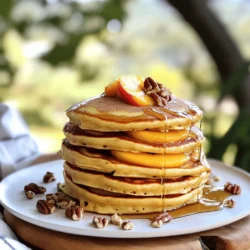 To make peach cobbler pancakes, you need the following items: - 1 cup all-purpose flour - 2 tablespoons sugar - 1 tablespoon baking powder - 1/2 teaspoon salt - 1 cup milk - 1 large egg - 2 tablespoons melted butter - 1 teaspoon vanilla extract - 1 cup fresh peaches, peeled and diced (or canned, drained) - 1 teaspoon ground cinnamon - 1/2 cup chopped pecans (optional) - Maple syrup, for serving You can swap some ingredients if needed. Here are a few ideas: - Use whole wheat flour instead of all-purpose flour for a nutty taste. - Substitute honey or maple syrup for sugar for a healthier option. - Almond milk can replace regular milk for a dairy-free choice. - Use a flax egg instead of a large egg to make it vegan. Choosing the best peaches is key. Here’s how to find good ones: - Look for peaches that are firm yet slightly soft when you press them. - Check for a sweet smell. If they smell good, they will taste good. - Choose peaches with a golden hue. Avoid ones that are green or overly firm. - If you can, buy local peaches in season for the best flavor. Enjoy these tips as you prepare to make your delicious peach cobbler pancakes. For the full recipe, check out the earlier section! To make peach cobbler pancakes, start by gathering your ingredients. In a large mixing bowl, whisk together the flour, sugar, baking powder, and salt. Then, in a different bowl, mix the milk, egg, melted butter, and vanilla extract until smooth. Pour the wet mix into the dry mix and stir gently. It’s okay if the batter has some lumps; this helps keep the pancakes fluffy. Next, fold in the fresh or canned peaches, ground cinnamon, and pecans if you like. Preheat a non-stick skillet over medium heat. Lightly grease it with cooking spray or a bit of butter. Pour 1/4 cup of batter onto the skillet for each pancake. Cook until bubbles form on the surface. This should take about 2-3 minutes. Flip the pancake and cook for another 2-3 minutes until golden brown. Repeat with the rest of the batter, re-greasing the skillet as needed. Serve warm with extra peaches, cinnamon, and syrup. Flipping pancakes can be tricky, but I have a few tips that help. First, wait for bubbles to form on the surface. This shows the pancake is ready to flip. Use a wide spatula for better support. Slide the spatula under the pancake and lift it gently. If it sticks, give it a little wiggle to loosen it. If you feel unsure, you can even peek underneath to check the color. For light and fluffy pancakes, don’t over-mix the batter. A few lumps are okay and actually help keep them soft. Use the right heat; too high can burn the outside while leaving the inside raw. Medium heat works best. If you want a thicker pancake, use less milk, and if you want them thinner, add a bit more. This way, you can get the pancake texture just right for your taste! One of the biggest mistakes is over-mixing the batter. Mixing too much makes pancakes tough. Just stir until you see a few lumps. Another mistake is not using enough heat. Cooking on low heat makes pancakes soggy. Medium heat helps them cook evenly. Also, don’t forget to grease the pan. A non-stick skillet is great, but a little butter or spray helps. To take your peach cobbler pancakes to the next level, try adding toppings. Fresh diced peaches make a great choice. You can also sprinkle more cinnamon for warmth. A dollop of whipped cream adds creaminess and sweetness. If you like nuts, add chopped pecans for crunch. Finally, drizzle warm maple syrup on top. This combo makes each bite special. If you're using a cast-iron skillet, adjust the heat. Cast iron holds heat well, so use low to medium heat. For electric griddles, set it to about 375°F. This temperature helps pancakes cook through without burning. If you're using a non-stick pan, a little grease helps them slide off easily. Try different griddles to find what works best for you. Each one can change the texture and taste. For the full recipe, check out the details above and start cooking! {{image_2}} You can change up the flavor by adding different fruits. Try using fresh blueberries or strawberries. They add a nice sweetness and color. You can also mix in some raspberries for a tangy twist. Each fruit brings its own taste, making every pancake special. If you need a gluten-free option, swap the all-purpose flour for a gluten-free blend. Many brands work well, so choose one you like. You can also use almond flour for a nutty flavor. Just remember to check the texture. You want it to be fluffy and light. For a fun twist, try chocolate chip pineapple peach cobbler pancakes. Add 1/2 cup of chocolate chips to your batter. Then, mix in 1/2 cup of crushed pineapple, drained. This combo tastes like a tropical vacation. It’s sweet, fruity, and so delicious. Your family will love this fun variation! To keep your leftover pancakes fresh, stack them in a safe container. Use parchment paper between each pancake. Cover the container tightly with a lid or plastic wrap. This helps avoid drying out. Store them in the fridge for up to three days. You can freeze your pancakes for later. Just cool them first on a wire rack. Once cool, stack them with parchment paper in between. Place the stack in a freezer bag. Make sure to remove as much air as possible. You can freeze them for up to two months. To reheat, use either a microwave or a skillet. If using a microwave, place a pancake on a plate. Heat for 30 seconds, then check. If it needs more time, heat in 10-second bursts. For a skillet, warm it on medium heat. Add a little butter, then heat each pancake for about one minute on each side. Enjoy them warm for the best taste! Yes, you can use canned peaches. Just make sure to drain them well. Canned peaches save time and still taste great. They add sweetness and moisture to the pancakes. If you prefer fresh, they work beautifully too. Select ripe, juicy peaches for the best flavor. To make your pancakes fluffier, focus on the batter. First, don’t over-mix it; a few lumps are okay. Next, let the batter rest for a few minutes before cooking. This helps the baking powder work better. You can also add a bit more baking powder for extra lift. Maple syrup is the classic choice. Its rich flavor pairs well with the peaches. You can also try peach syrup for a fun twist. Honey works too if you want something different. Choose a syrup that complements the sweetness of the pancakes. You can find the full recipe for Peach Cobbler Pancakes in this article. Just scroll up to see all the steps and ingredients laid out for you. Follow the instructions, and you'll make a delicious breakfast treat! In this post, we explored how to cook delicious peach cobbler pancakes. We covered essential ingredients, substitutions, and tips for picking fresh peaches. I shared step-by-step cooking instructions and tricks for the perfect pancake flip. We also discussed common mistakes to avoid and ways to enhance flavor. Finally, I provided storage info and answered frequently asked questions. Remember, cooking should be fun and creative. Enjoy making these pancakes your own!