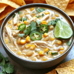 To make the best white chicken chili, you need a few key ingredients. Here’s what you’ll need: - 2 tablespoons olive oil - 1 medium onion, chopped - 3 cloves garlic, minced - 2 medium jalapeños, deseeded and diced - 1 teaspoon ground cumin - 1 teaspoon dried oregano - 1/2 teaspoon coriander powder - 1/4 teaspoon cayenne pepper (adjust for spice preference) - 4 cups low-sodium chicken broth - 2 cans (15 oz each) white beans (like cannellini or great northern), drained and rinsed - 2 cups cooked chicken, shredded (rotisserie chicken works great) - 1 cup corn (fresh, frozen, or canned) - 1 cup cream cheese, softened - 1 cup shredded Monterey Jack cheese - Salt and pepper to taste - Fresh cilantro, chopped for garnish - Slices of lime for serving These ingredients create a warm and creamy blend. The chicken and beans add protein, while spices give it a nice kick. Feel free to add some optional ingredients to boost flavor: - Diced bell peppers for sweetness - Smoked paprika for a smoky touch - A splash of lime juice for brightness - Avocado slices for creaminess on top These additions can enhance your chili. Experiment with what you like best! You can switch some ingredients if you need to. Here are a few ideas: - Use turkey instead of chicken for a lighter dish. - Swap cream cheese for Greek yogurt for a healthier option. - If you want it spicy, add more jalapeños or a hotter pepper. These substitutions help you customize your chili to fit your taste or pantry. The Full Recipe provides a great base, but feel free to make it your own! 1. Start by heating 2 tablespoons of olive oil in a large pot over medium heat. 2. Add 1 chopped onion. Sauté it for about 5 minutes until it looks clear. 3. Next, stir in 3 minced garlic cloves and 2 diced jalapeños. Cook this mix for 2-3 minutes until it smells great. 4. Now, add 1 teaspoon of ground cumin, 1 teaspoon of dried oregano, 1/2 teaspoon of coriander powder, and 1/4 teaspoon of cayenne pepper. Stir well for about 1 minute to wake up those spices. 5. Pour in 4 cups of low-sodium chicken broth. Then add 2 cans of rinsed white beans. Let this mix come to a gentle simmer. 6. Toss in 2 cups of shredded chicken and 1 cup of corn. Let the chili simmer for 15-20 minutes. This helps all the flavors blend nicely. 7. Lower the heat, and add 1 cup of softened cream cheese. Stir until it melts and mixes well with the chili. 8. Gradually add 1 cup of shredded Monterey Jack cheese, stirring until it becomes creamy. 9. Finally, season with salt and pepper to taste. Adjust spices as needed. Serve hot, garnished with fresh cilantro and lime wedges. - Use Rotisserie Chicken: This can save you time on cooking and shredding chicken. - Pre-chop Veggies: Chop your onion and jalapeños ahead of time. Store them in the fridge for quick use. - Gather Ingredients: Before you start cooking, gather and measure your ingredients. This makes the process smoother. - Prep Time: 15 minutes - Cook Time: 25 minutes - Total Time: 40 minutes With these steps and tips, making the best white chicken chili is easy and fun. For the full recipe, check the earlier section. Enjoy your cooking! To make the best white chicken chili, focus on fresh ingredients. Use ripe jalapeños for a bright flavor. Sauté the onions until they are soft and sweet. Toasting the spices in the pot adds depth. Ensure the cream cheese melts well for creaminess. Simmer the chili gently to meld the flavors. Keep tasting and adjusting seasoning as you go. One common mistake is overcooking the chicken. If you use rotisserie chicken, add it later in the cooking process. Another mistake is not rinsing the white beans. Rinsing helps remove extra sodium and enhances taste. Also, don’t skip the lime juice! It brightens the chili and balances the richness. Lastly, be careful with the heat level; start with less cayenne. You can always add more if needed. Garnishes can elevate your chili. Fresh cilantro adds a pop of color and flavor. A squeeze of lime juice brightens every bite. You can also use sliced jalapeños for extra heat. Top with a sprinkle of shredded cheese for richness. Serve with tortilla chips for crunch. These simple touches make a big difference in taste and presentation. For the full recipe, check out the detailed instructions and enjoy every bite of this creamy delight! {{image_2}} You can easily change the heat level in your white chicken chili. Start with jalapeños. If you want it mild, remove the seeds and membranes. For more heat, leave some seeds in. You can also add cayenne pepper. Start with a small amount and taste as you go. For a milder version, skip the cayenne altogether. Remember, you can always add heat, but you can't take it away! You can make this chili meat-free and still delicious. Substitute the chicken with cooked quinoa or lentils. Use vegetable broth instead of chicken broth. Cream cheese can be replaced with cashew cream or coconut cream for a vegan option. You may also try adding more beans, like black beans or kidney beans, for extra protein. This keeps the chili hearty and satisfying. Get creative with your chili! You can add diced bell peppers for sweetness. Chopped spinach or kale adds color and nutrients. Want a smoky flavor? Try adding some smoked paprika or chipotle pepper. For a crunch, toss in some tortilla strips right before serving. You can even top it with fresh avocado slices for creaminess. Each add-in makes the dish unique! For the full recipe, check out the details above and enjoy your cooking adventure! To keep your white chicken chili fresh, use a clean container. Make sure it is airtight. Store it in the fridge for up to four days. Let it cool down before sealing. This helps preserve the taste and texture. When you're ready to eat, check for any signs of spoilage. If it smells off, toss it out. You can freeze white chicken chili for longer storage. Use freezer-safe containers or bags. Leave some space at the top, as the chili will expand. It can last up to three months in the freezer. To thaw, move it to the fridge overnight. You can also use the microwave on the defrost setting. When reheating, do it slowly on low heat. This keeps the flavor intact. Stir occasionally to ensure even heating. If the chili seems thick, add a splash of chicken broth. For microwave reheating, cover the bowl to keep moisture. Heat in short bursts, stirring in between. Enjoy your flavorful chili just like the first time! The total cooking time for the best white chicken chili is about 40 minutes. You will spend around 15 minutes prepping the ingredients. The actual cooking takes about 25 minutes. This time includes simmering the chili to blend all the flavors. Yes, you can make this chili ahead of time. In fact, it tastes even better the next day. Just store it in an airtight container in the fridge. You can enjoy it for up to three days. Reheat it on the stove over low heat, stirring often. To thicken white chicken chili, you have a few options. You can add more cream cheese or cheese. These ingredients help create a creamy texture. Another way is to mash some of the beans before adding them to the pot. This adds body to the chili without changing the flavor. You can also let it simmer longer to reduce the liquid. Each method will make your chili thicker and heartier. For the full recipe, check out the detailed list of ingredients and instructions. This blog post covered how to make the best white chicken chili. We discussed essential and optional ingredients and provided tips to perfect your dish. I shared step-by-step instructions for easy cooking. You learned how to avoid common mistakes and enhance flavors. We also explored variations for different diets. Finally, we talked about storage and reheating tips. Now, go ahead and create your own chili masterpiece. Enjoy this tasty dish with your friends and family!