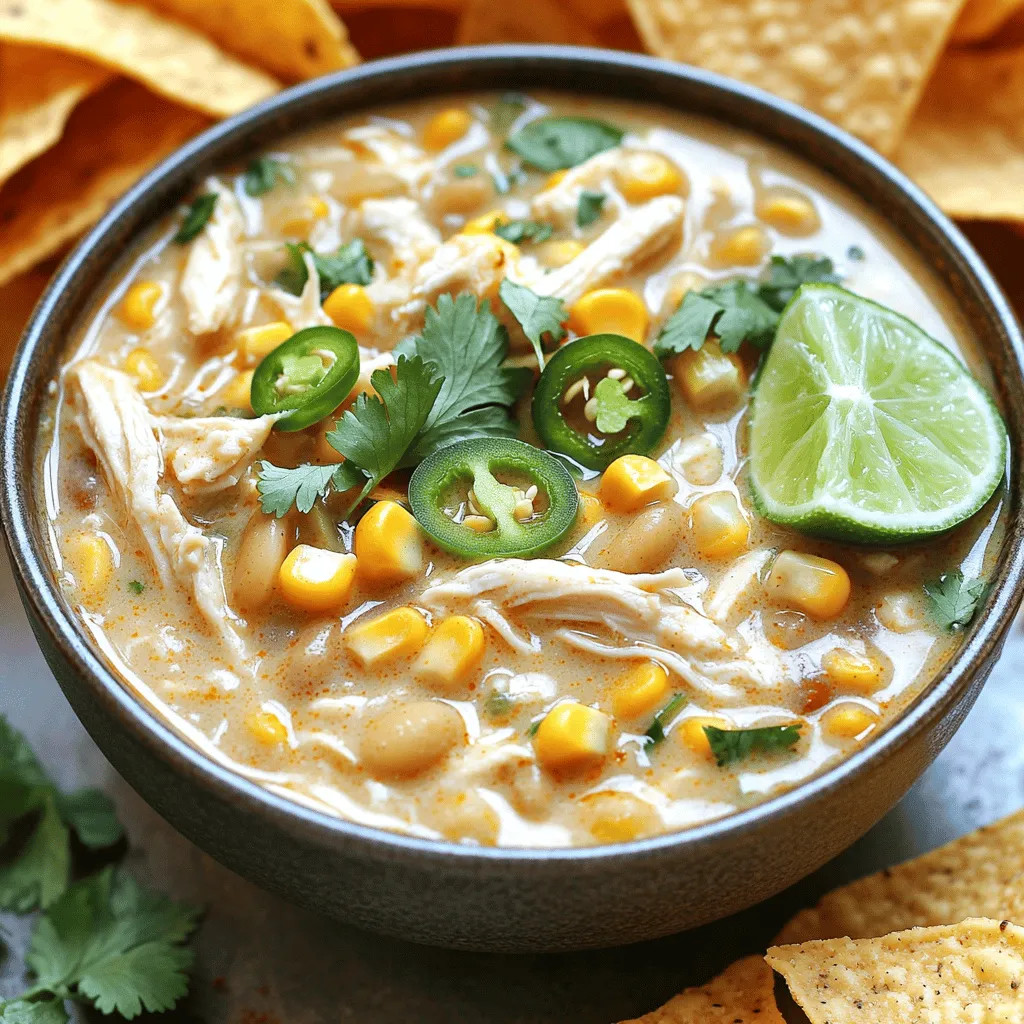 To make the best white chicken chili, you need a few key ingredients. Here’s what you’ll need: - 2 tablespoons olive oil - 1 medium onion, chopped - 3 cloves garlic, minced - 2 medium jalapeños, deseeded and diced - 1 teaspoon ground cumin - 1 teaspoon dried oregano - ½ teaspoon coriander powder - ¼ teaspoon cayenne pepper (adjust for spice preference) - 4 cups low-sodium chicken broth - 2 cans (15 oz each) white beans (like cannellini or great northern), drained and rinsed - 2 cups cooked chicken, shredded (rotisserie chicken works great) - 1 cup corn (fresh, frozen, or canned) - 1 cup cream cheese, softened - 1 cup shredded Monterey Jack cheese - Salt and pepper to taste - Fresh cilantro, chopped for garnish - Slices of lime for serving These ingredients create a warm and creamy blend. The chicken and beans add protein, while spices give it a nice kick. Feel free to add some optional ingredients to boost flavor: - Diced bell peppers for sweetness - Smoked paprika for a smoky touch - A splash of lime juice for brightness - Avocado slices for creaminess on top These additions can enhance your chili. Experiment with what you like best! You can switch some ingredients if you need to. Here are a few ideas: - Use turkey instead of chicken for a lighter dish. - Swap cream cheese for Greek yogurt for a healthier option. - If you want it spicy, add more jalapeños or a hotter pepper. These substitutions help you customize your chili to fit your taste or pantry. The Full Recipe provides a great base, but feel free to make it your own! 1. Start by heating 2 tablespoons of olive oil in a large pot over medium heat. 2. Add 1 chopped onion. Sauté it for about 5 minutes until it looks clear. 3. Next, stir in 3 minced garlic cloves and 2 diced jalapeños. Cook this mix for 2-3 minutes until it smells great. 4. Now, add 1 teaspoon of ground cumin, 1 teaspoon of dried oregano, ½ teaspoon of coriander powder, and ¼ teaspoon of cayenne pepper. Stir well for about 1 minute to wake up those spices. 5. Pour in 4 cups of low-sodium chicken broth. Then add 2 cans of rinsed white beans. Let this mix come to a gentle simmer. 6. Toss in 2 cups of shredded chicken and 1 cup of corn. Let the chili simmer for 15-20 minutes. This helps all the flavors blend nicely. 7. Lower the heat, and add 1 cup of softened cream cheese. Stir until it melts and mixes well with the chili. 8. Gradually add 1 cup of shredded Monterey Jack cheese, stirring until it becomes creamy. 9. Finally, season with salt and pepper to taste. Adjust spices as needed. Serve hot, garnished with fresh cilantro and lime wedges. - Use Rotisserie Chicken: This can save you time on cooking and shredding chicken. - Pre-chop Veggies: Chop your onion and jalapeños ahead of time. Store them in the fridge for quick use. - Gather Ingredients: Before you start cooking, gather and measure your ingredients. This makes the process smoother. - Prep Time: 15 minutes - Cook Time: 25 minutes - Total Time: 40 minutes With these steps and tips, making the best white chicken chili is easy and fun. For the full recipe, check the earlier section. Enjoy your cooking! To make the best white chicken chili, focus on fresh ingredients. Use ripe jalapeños for a bright flavor. Sauté the onions until they are soft and sweet. Toasting the spices in the pot adds depth. Ensure the cream cheese melts well for creaminess. Simmer the chili gently to meld the flavors. Keep tasting and adjusting seasoning as you go. One common mistake is overcooking the chicken. If you use rotisserie chicken, add it later in the cooking process. Another mistake is not rinsing the white beans. Rinsing helps remove extra sodium and enhances taste. Also, don’t skip the lime juice! It brightens the chili and balances the richness. Lastly, be careful with the heat level; start with less cayenne. You can always add more if needed. Garnishes can elevate your chili. Fresh cilantro adds a pop of color and flavor. A squeeze of lime juice brightens every bite. You can also use sliced jalapeños for extra heat. Top with a sprinkle of shredded cheese for richness. Serve with tortilla chips for crunch. These simple touches make a big difference in taste and presentation. For the full recipe, check out the detailed instructions and enjoy every bite of this creamy delight! {{image_2}} You can easily change the heat level in your white chicken chili. Start with jalapeños. If you want it mild, remove the seeds and membranes. For more heat, leave some seeds in. You can also add cayenne pepper. Start with a small amount and taste as you go. For a milder version, skip the cayenne altogether. Remember, you can always add heat, but you can't take it away! You can make this chili meat-free and still delicious. Substitute the chicken with cooked quinoa or lentils. Use vegetable broth instead of chicken broth. Cream cheese can be replaced with cashew cream or coconut cream for a vegan option. You may also try adding more beans, like black beans or kidney beans, for extra protein. This keeps the chili hearty and satisfying. Get creative with your chili! You can add diced bell peppers for sweetness. Chopped spinach or kale adds color and nutrients. Want a smoky flavor? Try adding some smoked paprika or chipotle pepper. For a crunch, toss in some tortilla strips right before serving. You can even top it with fresh avocado slices for creaminess. Each add-in makes the dish unique! For the full recipe, check out the details above and enjoy your cooking adventure! To keep your white chicken chili fresh, use a clean container. Make sure it is airtight. Store it in the fridge for up to four days. Let it cool down before sealing. This helps preserve the taste and texture. When you're ready to eat, check for any signs of spoilage. If it smells off, toss it out. You can freeze white chicken chili for longer storage. Use freezer-safe containers or bags. Leave some space at the top, as the chili will expand. It can last up to three months in the freezer. To thaw, move it to the fridge overnight. You can also use the microwave on the defrost setting. When reheating, do it slowly on low heat. This keeps the flavor intact. Stir occasionally to ensure even heating. If the chili seems thick, add a splash of chicken broth. For microwave reheating, cover the bowl to keep moisture. Heat in short bursts, stirring in between. Enjoy your flavorful chili just like the first time! The total cooking time for the best white chicken chili is about 40 minutes. You will spend around 15 minutes prepping the ingredients. The actual cooking takes about 25 minutes. This time includes simmering the chili to blend all the flavors. Yes, you can make this chili ahead of time. In fact, it tastes even better the next day. Just store it in an airtight container in the fridge. You can enjoy it for up to three days. Reheat it on the stove over low heat, stirring often. To thicken white chicken chili, you have a few options. You can add more cream cheese or cheese. These ingredients help create a creamy texture. Another way is to mash some of the beans before adding them to the pot. This adds body to the chili without changing the flavor. You can also let it simmer longer to reduce the liquid. Each method will make your chili thicker and heartier. For the full recipe, check out the detailed list of ingredients and instructions. This blog post covered how to make the best white chicken chili. We discussed essential and optional ingredients and provided tips to perfect your dish. I shared step-by-step instructions for easy cooking. You learned how to avoid common mistakes and enhance flavors. We also explored variations for different diets. Finally, we talked about storage and reheating tips. Now, go ahead and create your own chili masterpiece. Enjoy this tasty dish with your friends and family!