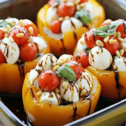 To make Caprese stuffed peppers, gather these key ingredients: - 4 large bell peppers (any color) - 1 cup cherry tomatoes, halved - 1 cup fresh mozzarella balls (bocconcini), drained - 1/2 cup fresh basil, chopped - 2 tablespoons balsamic vinegar - 2 tablespoons olive oil - Salt and pepper to taste - 1/4 cup pine nuts, toasted (for added crunch) - Optional: 1 teaspoon dried oregano These ingredients work together to create a tasty and colorful dish. The bell peppers add sweetness, while the mozzarella gives creaminess. The tomatoes and basil bring freshness and brightness, making each bite delightful. Feel free to switch out some ingredients if you need to. Here are some options: - Use zucchini or eggplant instead of bell peppers for a different base. - Swap cherry tomatoes for regular tomatoes if that’s what you have. - Replace fresh mozzarella with shredded mozzarella or feta cheese for a twist. - If you don't have fresh basil, dried basil can work in a pinch. Just use less. These swaps can help you use what you have at home without losing much flavor. You will need a few tools to make this recipe easy: - Baking dish for the peppers - Mixing bowl for the filling - Sharp knife to cut the peppers - Spoon for stuffing the peppers - Aluminum foil to cover the dish while baking Having the right tools makes cooking smoother and more fun! If you want to see the full recipe, just check the Full Recipe section above. Start by preheating your oven to 375°F (190°C). This step is key for cooking the peppers evenly. While the oven warms up, grab your large bell peppers. Cut off the tops and remove the seeds and membranes. Make sure each pepper stands upright in a baking dish. This helps the filling stay inside while baking. In a large bowl, combine the halved cherry tomatoes and fresh mozzarella balls. Add the chopped basil, balsamic vinegar, and olive oil. Sprinkle in salt and pepper according to your taste. If you want more flavor, toss in some dried oregano. Mix everything well until it’s all combined. This filling brings the Caprese vibe to your dish. Now it’s time to stuff the peppers. Spoon the Caprese filling into each hollowed-out pepper. Fill them generously but avoid overstuffing. Cover the baking dish with aluminum foil. Place it in the preheated oven and bake for 25 minutes. After that, remove the foil and sprinkle the toasted pine nuts on top. Bake for an extra 10 minutes uncovered. The peppers should be tender, slightly charred, and the cheese melted. Enjoy your delicious Caprese stuffed peppers warm! For the full recipe, check the ingredients section. To make your Caprese stuffed peppers shine, focus on fresh ingredients. Use ripe cherry tomatoes for sweetness. Fresh mozzarella adds creaminess, while basil gives a nice herbal note. Drizzle with high-quality balsamic vinegar to enhance the flavors. If you want a savory kick, add a sprinkle of salt and pepper. This keeps the taste bright and balanced. You can also include dried oregano for extra depth. Mix everything well before stuffing the peppers to ensure even flavor in each bite. Garnishes enhance the look and taste of your dish. After baking, try adding a sprinkle of fresh basil on top. This adds color and a burst of flavor. A drizzle of balsamic glaze also works wonders. It gives a sweet touch and a glossy finish. For added crunch, top with extra pine nuts. These small touches make your meal feel gourmet and special. You can even place a small basil leaf on each pepper for a lovely presentation. Cooking times may vary based on your oven and pepper size. If your peppers are larger, you may need to bake them a bit longer. Check for tenderness by piercing them with a fork. If they’re still firm, add 5–10 more minutes. Always cover with foil for the first part of baking. This helps steam the peppers and keep them moist. When you uncover them, the tips will char nicely, giving a great texture and flavor contrast. Adjusting these times makes sure you get perfectly cooked peppers every time. {{image_2}} You can make Caprese stuffed peppers vegetarian by using fresh ingredients. Replace mozzarella with avocado or a nut-based cheese. This keeps the dish creamy and rich. For a vegan version, swap balsamic vinegar for a splash of lemon juice. This adds brightness and flavor without dairy. You can also add quinoa or lentils for more protein and texture. Caprese stuffed peppers are naturally gluten-free. Use fresh vegetables and cheeses to keep it safe for gluten-sensitive eaters. If you want more texture, consider using rice or quinoa as a filling. These options provide a hearty base that complements the peppers well. While fresh mozzarella is classic, feel free to experiment with other cheeses. Feta cheese adds a salty kick, while goat cheese gives a creamy touch. For a sharper flavor, try aged cheddar or gouda. If you want a dairy-free option, look for plant-based cheeses made from nuts or soy. Each cheese brings a unique taste that can change the dish completely. You can find the full recipe for Caprese stuffed peppers in other sections. To store leftovers, let the peppers cool to room temperature. Place them in an airtight container. You can keep them in the fridge for up to three days. Make sure to label your container with the date. This helps you track how long they have been stored. When it’s time to enjoy the peppers again, preheat your oven to 350°F (175°C). Place the stuffed peppers in a baking dish and cover with foil. Heat for about 15 minutes or until warm. If you want a crispy top, remove the foil for the last 5 minutes of heating. You can also microwave them, but the oven keeps the texture better. You can freeze Caprese stuffed peppers for longer storage. Wrap each pepper tightly in plastic wrap or foil. Place them in a freezer-safe bag or container. They can last up to three months in the freezer. When ready to eat, thaw them in the fridge overnight. Then reheat as mentioned above. Enjoy your easy, tasty meal anytime! You can find the full recipe above for more details. You can serve many tasty sides with Caprese stuffed peppers. A fresh green salad works well. You might try a simple arugula salad with lemon dressing. Garlic bread is another great choice for soaking up flavors. Roasted vegetables complement the dish nicely too. If you want something heartier, serve it with quinoa or rice. This adds a filling element to your meal. For a fun twist, pair it with pasta tossed in olive oil. Yes, you can prepare Caprese stuffed peppers ahead of time. Stuff the peppers and keep them covered in the fridge. This makes meal prep easy. You can prepare them up to a day in advance. When you’re ready to bake, just follow the cooking steps. This option saves time and makes dinner planning simple. If you choose to freeze, wrap them well, and bake from frozen when ready. To avoid crunchy peppers, cook them longer. Bake them for the recommended time, then check for doneness. If they need more time, keep them in the oven. Another tip is to blanch the peppers before stuffing. This means boiling them briefly, then cooling them fast. It softens the peppers and helps them cook evenly. Following these steps will give you perfectly tender stuffed peppers. In this blog post, we explored how to make Caprese Stuffed Peppers from start to finish. We covered the ingredients you need, tips for flavor, and smart storage options. You learned how to prep the peppers, make the filling, and bake them just right. Remember, you can mix things up with variations for diets or preferences. Now, it’s time to get cooking and enjoy these tasty peppers. Your kitchen is ready for a delicious meal that everyone will love!
