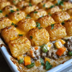- 32 oz frozen tater tots - 1 lb ground beef (or plant-based alternative) - 1 medium onion, chopped - 2 cloves garlic, minced - 1 cup frozen mixed vegetables (peas, carrots, corn) - 1 can cream of mushroom soup - 1 cup sour cream - 1 cup shredded cheddar cheese - Spices (paprika, salt, pepper) When I make Tater Tot Casserole, I love to gather my ingredients first. The main ingredients are the stars of the show. The frozen tater tots give that crispy texture we all crave. For the protein, I often use ground beef, but a plant-based alternative works just as well. Next, I chop a medium onion and mince two cloves of garlic. These veggies really bring out the flavor. I also add a cup of frozen mixed vegetables like peas, carrots, and corn. They add color and nutrition to the dish. For the creamy base, I use a can of cream of mushroom soup and a cup of sour cream. This mix makes everything rich and smooth. A cup of shredded cheddar cheese tops it off, giving that melty goodness we all love. Finally, I sprinkle in some spices. Paprika adds a nice touch, while salt and pepper enhance all the flavors. This simple blend of ingredients makes Tater Tot Casserole a hit at any meal. For the full recipe, check out the details above. Enjoy! - Preheat the oven to 375°F (190°C). - In a large skillet, add 1 lb of ground beef. Cook until it is browned, about 5-7 minutes. Drain any fat. - Add 1 medium chopped onion and 2 cloves of minced garlic. Sauté until the onions turn clear, about 3-4 minutes. - Stir in 1 cup of frozen mixed vegetables. Cook for another 2 minutes. - In a separate bowl, mix 1 can of cream of mushroom soup, 1 cup of sour cream, and spices: 1 teaspoon of paprika, plus salt and pepper to taste. - Spread the beef and vegetable mix into a greased 9x13 inch baking dish. - Layer 32 oz of frozen tater tots on top of the beef. Arrange them in a single layer. - Sprinkle 1 cup of shredded cheddar cheese over the tater tots. - Bake in the preheated oven for 30-35 minutes. Look for a golden brown and crispy top. - Let the casserole sit for 5 minutes before serving. This helps it set. To get that great crisp on your tater tots, follow these tips: - Baking at the right temperature: Always preheat your oven to 375°F (190°C). This helps the tater tots cook evenly and get golden brown. - Using a single layer of tater tots: Spread your tater tots in one flat layer. This allows hot air to circulate around each tot, giving them that crunchy texture we all love. Want to boost the taste? Here are some simple ways: - Adding different spices: Try adding garlic powder, onion powder, or chili powder. These spices can give your dish more depth and warmth. - Incorporating fresh herbs: Fresh parsley, thyme, or chives can brighten up the flavors. Just sprinkle them on top before serving for a pop of color and taste. Pair your tater tot casserole with some great sides: - Recommended side dishes: A simple green salad or steamed veggies work well. They add freshness and balance the richness of the casserole. - Pairing with sauces or dips: Serve it with ranch dressing or hot sauce. This adds a fun twist and lets everyone customize their plate. These tips and tricks will help you create a tater tot casserole that is not only tasty but also a hit with the whole family. For the full recipe, check out Cheesy Tater Tot Delight. {{image_2}} You can make this dish meat-free. Use lentils or a good meat substitute. Lentils add protein and texture. They also soak up flavors well. Some great meat substitutes include tofu or tempeh. For veggies, think outside the box. You can add bell peppers, spinach, or mushrooms. These vegetables boost taste and nutrients. Just chop them up and stir them in with other ingredients. If you need a gluten-free version, swap the soup and tater tots. Use gluten-free soup brands available in stores. You can also find gluten-free tater tots made from sweet potatoes or cauliflower. Keep the flavor strong by using spices. Add herbs like thyme or oregano. These add depth without gluten. For a lighter dish, choose low-fat dairy. Swap sour cream for Greek yogurt. Use low-fat cheese instead of regular cheese. This keeps the creaminess without the extra calories. Be mindful of sodium too. Use low-sodium soup and limit added salt. This small change helps make your meal healthier. For the full recipe, check out Cheesy Tater Tot Delight. I always recommend storing leftovers in an airtight container. This keeps the casserole fresh. You can refrigerate it for up to three days. Just make sure it cools completely before sealing it. You can freeze the casserole both before and after baking. To freeze before baking, assemble the dish but don’t cook it. Wrap it tightly in plastic wrap and then in foil. It can last up to three months in the freezer. If you freeze it after baking, let it cool first. Then, wrap it well and freeze. For thawing, simply move it to the fridge overnight. Reheat it in the oven to keep it crispy. To reheat, the oven is best. Preheat it to 350°F (175°C). Place the casserole in a baking dish and cover it with foil. This helps retain moisture. Bake for about 20-25 minutes. To keep the top crispy, remove the foil for the last 5 minutes. Avoid using the microwave, as it may make the casserole soggy. Tater Tot Casserole is a fun, hearty dish that many families love. It combines tater tots, ground meat, and creamy soup. This dish likely started in the Midwest of the U.S. It became popular because it's easy to make and very tasty. You can use different meats, veggies, and cheeses. It’s a great way to use what you have at home. This dish is perfect for busy nights or when you want comfort food. Yes, you can prep Tater Tot Casserole in advance. Prepare the meat and veggie mixture a day before. Store it in the fridge until you are ready to bake. Just layer the tater tots and cheese on top right before baking. You can also freeze it unbaked. Just thaw it overnight in the fridge and bake as normal the next day. This makes dinner planning much easier! If you want to add some heat, try these options: - Mix in diced jalapeños or green chilies with the meat. - Use spicy sausage instead of ground beef. - Add cayenne pepper or hot sauce to the soup mixture. - Top with pepper jack cheese instead of cheddar. These changes will give your casserole a nice kick! To reheat your casserole, follow these steps for the best taste: - Preheat your oven to 350°F (175°C). - Place the casserole in a baking dish, cover with foil. - Heat for about 20-25 minutes, or until warmed through. - If you want a crispy top, remove the foil for the last 5-10 minutes. This method keeps the tater tots crunchy and the filling creamy. This blog post covered all the tasty details of making Tater Tot Casserole. I shared ingredient lists, step-by-step instructions, and helpful tips. You learned how to prep, bake, and store this dish. Plus, I explored variations for veggie lovers and those seeking healthier choices. As you try this recipe, remember it’s simple yet full of flavor. Enjoy your meal with family or friends. With each bite, you'll appreciate the blend of tater tots and savory goodness. Happy cooking!