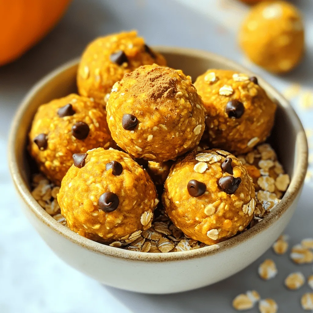 - 1 cup rolled oats - ½ cup pumpkin puree - ⅓ cup almond butter (or nut butter of choice) - ¼ cup honey or maple syrup - 1 teaspoon pumpkin pie spice - ½ teaspoon vanilla extract - ¼ cup ground flaxseed - ¼ cup mini chocolate chips (optional) - Pinch of salt When I make Pumpkin Spice Energy Bites, I love using simple, healthy ingredients. Each one plays a key role in flavor and nutrition. Rolled oats give a nice chew and energy boost. Pumpkin puree adds a creamy texture and rich flavor. Almond butter, or any nut butter, binds everything together while adding healthy fats. Honey or maple syrup sweetens the bites naturally. Pumpkin pie spice gives that warm, cozy taste. The pinch of salt enhances all the flavors. Ground flaxseed is my secret for extra fiber and nutrients. I sometimes toss in mini chocolate chips for a touch of sweetness and fun. You can find the full recipe above to help you get started. - You can swap almond butter for peanut or sunflower seed butter. - Use agave syrup or brown sugar instead of honey. - Try cinnamon or ginger if you don’t have pumpkin pie spice. These substitutions let you customize the bites to your taste and needs. - Pumpkin is packed with vitamins and fiber. It supports eye health and boosts immunity. - Oats are great for heart health and keep you full longer. They also provide energy. - Flaxseed adds omega-3 fatty acids and helps digestion. - Dark chocolate contains antioxidants, which can help fight free radicals in the body. These ingredients not only taste good but also support your health. Enjoying a tasty snack can be good for you! - Mixing dry ingredients In a large bowl, combine 1 cup of rolled oats and ¼ cup of ground flaxseed. Stir them well to mix. - Preparing the wet mixture In another bowl, blend ½ cup of pumpkin puree, ⅓ cup of almond butter, ¼ cup of honey, 1 teaspoon of pumpkin pie spice, ½ teaspoon of vanilla extract, and a pinch of salt. Mix until smooth. - Combining the wet and dry ingredients Pour the pumpkin mix into the dry ingredients. Stir until everything is well combined. - Techniques for rolling into balls Grab about 1 tablespoon of the mixture. Roll it in your hands to form a ball. This part is fun and hands-on! - Tips for uniform sizing Use a small scoop to keep the sizes even. This helps all the bites look nice and cook evenly. - Importance of chilling Place the energy bites on a parchment-lined plate and refrigerate them for at least 30 minutes. Chilling firms them up. - Serving suggestions Serve the energy bites in a small bowl. You can sprinkle extra pumpkin pie spice on top for a special touch. These bites are great for a snack or after workouts. To get your energy bites just right, focus on texture and flavor. - Achieving the right texture: You want your bites chewy but not too sticky. If they feel too wet, add more oats or flaxseed. If they are too dry, a splash of nut butter or a bit more pumpkin puree can help. - Ensuring flavors meld properly: Mix the wet and dry ingredients well. Letting the mixture chill for a bit helps the flavors blend. I find that a 30-minute rest in the fridge does wonders. Storing your energy bites correctly is key to keeping them fresh. - Best ways to store energy bites: Use an airtight container in the fridge for up to one week. This keeps them moist and ready to eat. - Freezing options for longer shelf life: For longer storage, freeze them in a single layer on a baking sheet. Afterward, transfer them to a ziplock bag. They last up to three months in the freezer. How you serve your energy bites can make them even more fun. - Pairing ideas with drinks: Enjoy these bites with a warm chai latte or a glass of almond milk. The flavors really complement each other. - Creative presentations: Present the energy bites in a small bowl. Sprinkle some extra pumpkin pie spice on top for flair. You can also wrap them in cute paper for a nice gift! {{image_2}} You can change the flavor of your pumpkin spice energy bites easily. One way is by adding different spices. Try cinnamon, nutmeg, or ginger for a unique twist. Each spice brings its own taste and warmth. You could also mix in dried fruits. Chopped dates, cranberries, or raisins add sweetness and chewiness. These fruits make your bites even more delicious and fun. If you need gluten-free options, use gluten-free oats. They pack the same nutrition and flavor. For vegan alternatives, swap honey for maple syrup. You can also choose nut butters made from seeds, like sunflower seed butter. This keeps the recipe plant-based and just as tasty. Experimenting with seeds can add crunch and health benefits. Chia seeds or pumpkin seeds are great choices. They boost the protein and fiber in your bites. Mixing in protein powders is another fun idea. This can increase the protein content, making your snacks even more filling. You can use vanilla or chocolate-flavored powders to add extra taste. For the Full Recipe, you can follow the steps laid out above and enjoy these energy bites today! To keep your Pumpkin Spice Energy Bites fresh, use an airtight container. This helps to lock in moisture and flavor. You can store them in the fridge or freezer. If you choose the fridge, they stay firm and tasty. The freezer is great for longer storage. You can freeze them for up to three months. In the pantry, these bites can last about one week. Make sure to keep them in a cool, dry spot. In the fridge, they can last up to two weeks. This extended shelf life is perfect for busy days when you need a quick snack. Watch for changes in smell or texture. If they smell off or feel sticky, toss them out. Also, look for mold. If you see any, it’s time to discard them. Keeping an eye on these signs helps ensure you enjoy your snacks safely. Pumpkin spice energy bites are small, no-bake snacks. They combine oats, pumpkin puree, nut butter, and spices. This recipe is easy and quick, perfect for busy days. You get a tasty treat that is also healthy. You start by mixing rolled oats and ground flaxseed in a bowl. Then, you blend pumpkin puree, nut butter, honey, and spices in another bowl. Pour the wet mix into the dry ingredients and stir well. Finally, roll the mixture into small balls and chill them. Yes, you can change the recipe to fit your taste. Try using different nut butters like sunflower or cashew. You can also swap honey for maple syrup. Adding dried fruits or nuts can add a twist, too. Absolutely! They are packed with nutrients. Oats provide fiber, which helps digestion. Pumpkin is rich in vitamins and antioxidants. Flaxseed adds healthy fats and protein, making these bites a smart snack choice. This recipe makes about 12 to 15 energy bites. You can easily adjust the serving size based on your needs. If you want more, simply double the ingredients. Yes, you can use fresh pumpkin. Just make sure to cook it first and blend it until smooth. Fresh pumpkin can give a different flavor and texture. It’s a great way to use seasonal produce. For the best results, follow the Full Recipe for guidance. You now have all the tools to make tasty pumpkin spice energy bites. We covered ingredients, preparation, storage, and fun variations. Each step is simple and fun, making it easy to get creative. These bites are not just delicious; they're also good for you. Remember to store them well for longer freshness. Enjoy experimenting with flavors and sharing your tasty creations! Your snack time just got a lot better.