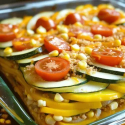 - 3 medium yellow summer squashes, thinly sliced - 3 medium zucchini, thinly sliced - 1 medium onion, diced - 1 cup cherry tomatoes, halved - 1 cup cheddar cheese, shredded - 1 cup corn kernels (fresh or frozen) - 1 cup whole wheat breadcrumbs - 2 cloves garlic, minced - 1 teaspoon dried oregano - 1 teaspoon dried basil - ½ teaspoon salt - ¼ teaspoon black pepper - 2 tablespoons olive oil - 1 tablespoon balsamic vinegar I love this mix of fresh veggies. The summer squash and zucchini give a great base. The onion adds a nice touch of sweetness. Cherry tomatoes burst with flavor, making each bite special. Cheddar cheese pulls everything together with its rich taste. Corn kernels add a sweet crunch you can’t resist. Whole wheat breadcrumbs make the topping crispy and hearty. - Calories per serving: About 180 calories. - Macronutrient breakdown: - Carbohydrates: 22g - Protein: 7g - Fats: 8g - Fiber content: This dish has about 4g of fiber. Fiber helps with digestion and keeps you full longer. This casserole is not just tasty; it’s good for you, too! It packs vitamins and minerals with every bite. You’ll feel great serving this dish. For the full recipe, check out the details above! 1. First, gather all your ingredients. This will make cooking easier. 2. Wash and thinly slice the summer squashes and zucchini. 3. Dice the onion and mince the garlic. 4. Preheat your oven to 375°F (190°C). This is important for even cooking. 1. In a large skillet, heat 2 tablespoons of olive oil over medium heat. 2. Add the diced onion and minced garlic. Sauté them for about 3-4 minutes. The onion should be soft and clear. 3. Next, add the sliced summer squash and zucchini to the skillet. Stir them well. Cook for 5-7 minutes until they start to soften. 4. Then, stir in the corn, halved cherry tomatoes, oregano, basil, salt, and pepper. Cook for another 2-3 minutes. This helps the flavors mix well. 5. In a baking dish, layer half of the vegetable mix. Then, sprinkle half of the shredded cheddar cheese on top. 1. Repeat the layering process with the remaining vegetables and cheese. 2. In a small bowl, mix the whole wheat breadcrumbs with 1 tablespoon of balsamic vinegar. 3. Sprinkle this breadcrumb mix on the top layer of cheese in the casserole. 4. Cover the baking dish with aluminum foil. Bake for 25 minutes. 5. After that, remove the foil. Bake for an additional 10-15 minutes. The breadcrumbs should become golden and crispy. 6. Let the casserole cool for a few minutes before serving. For the full recipe, check the earlier section. Enjoy this hearty dish! When you shop for summer squash, look for firm, smooth skin. The squash should feel heavy for its size. Avoid any squash with soft spots or blemishes. Fresh squash has a bright color, either yellow or green. The ends should not be dried out. To cook the veggies evenly, cut them into similar sizes. This helps them cook at the same rate. Use medium heat to keep the flavors bright. For a crispy topping, mix the breadcrumbs with balsamic vinegar. This adds flavor and ensures they brown nicely. Pair your casserole with a simple green salad or crusty bread. A chilled glass of white wine goes well, too. For a fun twist, try sparkling water with lemon. You can enjoy this dish as a main course or as a side. Check the Full Recipe for more ideas! {{image_2}} You can easily change some ingredients to fit your needs. Here are a few ideas: - Dairy-free cheese options: If you avoid dairy, use almond or coconut-based cheese. They melt well and add flavor. - Alternative vegetables to incorporate: Try bell peppers, mushrooms, or spinach. Each adds a unique taste and texture. Spice up your casserole with these tips: - Adding spices or herbs: Consider adding red pepper flakes for heat or thyme for a fresh note. Both enhance the dish's aroma and depth. - Suggestions for a spicy twist: Mix in jalapeños or hot sauce to give it some kick. This works well if you love bold flavors. You can serve this dish in different ways to make it fit any meal: - Casserole as a main vs. side dish: Serve it as a main course with a salad or as a side with grilled meat. It works great in both roles. - Modifying for meal prep: Make this casserole ahead of time and store it in portions. This makes it easy to grab a healthy meal on busy days. For the complete recipe, check the Full Recipe section. To keep your Healthy Summer Squash Casserole fresh, store leftovers in the fridge. Place the cooled casserole in an airtight container. This will prevent moisture loss and keep flavors intact. Always label the container with the date. This helps you track how long it has been stored. When you want to enjoy your casserole again, use the oven for the best results. Preheat your oven to 350°F (175°C). Place the casserole in an oven-safe dish and cover it with foil. Heat for about 20 minutes. This method helps keep the texture nice and moist. If you prefer the microwave, heat it in short bursts. Start with one minute and check for warmth. If you want to save some for later, freezing is a great option! First, let the casserole cool completely. Then, cut it into portions for easier serving later. Wrap each portion tightly in plastic wrap and place it in a freezer bag. Be sure to remove as much air as possible. For thawing, move the casserole to the fridge overnight before reheating. This keeps it tasty and safe. To make this casserole gluten-free, you can substitute the breadcrumbs. Use gluten-free breadcrumbs or crushed gluten-free crackers. You can also use ground nuts or oats. This keeps the texture nice while ensuring everyone can enjoy it. Yes, you can easily add protein to this recipe. Try cooked chicken, turkey, or ground beef for hearty options. If you prefer plant-based, add black beans, chickpeas, or lentils for a healthy boost. This makes the casserole filling and nutritious. The casserole lasts about 3 to 5 days in the fridge. Store it in an airtight container. Check for signs of spoilage, like off-smells or mold. If it looks or smells bad, toss it out to stay safe. This blog post covers a delicious and healthy casserole made with summer squash, zucchini, and more. You learned about the fresh ingredients, cooking techniques, and tips for perfect results. Remember that variations can make this dish yours, whether you add proteins or spices. Store your leftovers properly to enjoy later. Cooking is fun, and this recipe is easy and satisfying. I hope you feel inspired to create your own tasty version! Enjoy your cooking adventure!