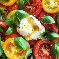 - 4 large heirloom tomatoes, sliced - Fresh basil leaves, for garnish - 1 ball (about 8 oz) of fresh burrata cheese - 2 tablespoons balsamic vinegar - 2 tablespoons olive oil - 1 teaspoon honey - 1 garlic clove, minced - Zest of 1 lemon - Salt, to taste - Pepper, to taste Gathering fresh ingredients is key for this salad. Start with heirloom tomatoes. They come in different colors and shapes. Their taste is sweet and juicy. Look for firm tomatoes that feel heavy for their size. Next, get fresh basil leaves. They add a burst of flavor and a lovely aroma. You can tear them by hand to release their oils. For the cheese, burrata is a must. It is creamy and rich inside. When you cut it, the soft cheese flows out. This adds a nice touch to your salad. The marinade is simple but packed with flavor. Mix balsamic vinegar and olive oil for a bright taste. Honey gives it a hint of sweetness. Minced garlic adds a punch, and lemon zest brings freshness. Finally, season with salt and pepper. These small touches make a big difference. You can find the Full Recipe above for detailed steps. Each ingredient plays an important role, so choose the best for a tasty outcome. To start, grab a mixing bowl. In it, whisk together the following ingredients: - 2 tablespoons balsamic vinegar - 2 tablespoons olive oil - 1 teaspoon honey - 1 garlic clove, minced - Zest of 1 lemon - Salt and pepper to taste Mix these well until combined. The honey adds a nice touch of sweetness. Adjust the salt and pepper to your taste. Next, take your heirloom tomatoes and slice them. Aim for thick slices for a hearty bite. Arrange the slices on a platter. Once done, pour the marinade over the tomatoes. Make sure each slice gets some of that tasty dressing. Let the tomatoes sit for at least 30 minutes. This allows them to soak up all the flavors. Now it's time to bring it all together. Take your ball of burrata cheese and carefully tear it apart. Place the pieces right in the center of your marinated tomatoes. This creamy cheese will complement the juicy tomatoes perfectly. Finish by garnishing with fresh basil leaves scattered around the plate. If you have any leftover marinade, drizzle it over the salad. This adds extra flavor and makes it look beautiful. Enjoy this dish as a starter or a light meal. For the full recipe, check out the complete guide. For this salad, heirloom tomatoes shine the brightest. I love using Brandywine, Cherokee Purple, and Green Zebra. These types have sweet flavors and unique colors. Their juicy texture makes the salad feel fresh and lively. Always pick tomatoes that feel firm but not hard. Look for bright colors and a sweet smell. This ensures you get the best flavor for your dish. To boost the taste, consider adding fresh herbs like oregano or thyme. They add a nice earthy note. You can also sprinkle in some crushed red pepper for a hint of heat. If you want a zesty twist, try a splash of lemon juice. This will brighten the entire salad. Each herb or spice can change the profile, so feel free to experiment. Serving your salad well makes it even more appealing. I like to layer the tomatoes in a circle, with burrata in the center. This creates a lovely display. Use a drizzle of the marinade around the edges for an artistic touch. Fresh basil leaves add a pop of green and contrast nicely against the tomatoes. Consider using a large, colorful platter to make it stand out. Enjoy the process and let your creativity shine! For more details about making this delightful dish, check the Full Recipe. {{image_2}} You can easily change this salad with seasonal vegetables. In summer, add sweet corn or crunchy cucumbers. In fall, try diced bell peppers or roasted squash. Each vegetable brings a new taste and texture to your salad. Mixing in these veggies also adds more color and nutrients. You’ll enjoy a fresh twist while keeping the essence of the dish. If you want a vegan option, swap the burrata for a creamy nut cheese. Cashew cheese works well, or you can use tofu for a similar texture. Just marinate the tofu to get that added flavor. This way, you can enjoy a delicious salad that fits your dietary needs. You can even use a homemade vegan cheese for a personal touch. Dressings can change the whole vibe of your salad. Try a citrus vinaigrette for a bright twist. You can mix orange or lime juice with olive oil for a zesty kick. Another great choice is a creamy avocado dressing, which adds richness. Experimenting with different herbs, like mint or oregano, can also enhance the flavor. Get creative and find the flavor pairs you love most! For the full recipe, check out the detailed instructions provided. To keep your marinated tomato burrata salad fresh, store it in an airtight container. Place any leftover salad in the fridge. It can last for up to two days. The tomatoes may lose some texture but will still taste great. This salad pairs well with crusty bread or fresh baguette. Serve it with grilled chicken for a heartier meal. You can also enjoy it alongside a light pasta dish. A crisp white wine complements the flavors nicely. Reheating is not ideal for this salad. The tomatoes can become mushy, and the burrata loses its creamy texture. If you want to warm it up, do so gently in the microwave for just a few seconds. However, I recommend enjoying it cold for the best taste experience. For the full recipe, check out the link. Burrata cheese is a fresh Italian cheese. It has a creamy center and a soft outer shell. This cheese is made from mozzarella and cream. When you slice it, the creamy filling oozes out. Burrata adds a rich and buttery taste to dishes. Its texture contrasts nicely with fresh tomatoes. This makes it a perfect choice for salads. Yes, you can use other cheeses if you like. Fresh mozzarella is a good substitute. It has a similar texture but less creaminess. Feta cheese can work too, giving a saltier flavor. Goat cheese is another option, adding tang and richness. Each cheese will change the taste and feel of the salad. Choose what you enjoy best! You can marinate tomatoes for up to two hours. This allows the flavors to soak in well. However, 30 minutes is often enough. If you marinate too long, the tomatoes may become mushy. Keep an eye on the texture. You want them to stay firm and juicy. For the best taste, serve them fresh after marinating. This post covered a delightful salad made with heirloom tomatoes, burrata cheese, and a tasty marinade. You learned how to properly prepare the ingredients, assemble the salad, and enjoy it with tips and variations. Remember, freshness matters, so choose the best produce and store your leftovers correctly. Feel free to explore different flavors or adjust diets as needed. Enjoy crafting this vibrant dish that pleases both the eyes and the palate. Dive in and savor each bite!