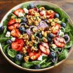 - Fresh baby spinach leaves - Ripe strawberries - Fresh blueberries - Toasted walnuts or pecans - Crumbled feta cheese - Red onion - Balsamic glaze - Olive oil - Salt and pepper To make a great Strawberry Spinach Salad with Blueberries, you need fresh ingredients. Start with baby spinach leaves. They give a soft and crispy base. Next, grab ripe strawberries. Their sweetness shines in this mix. Fresh blueberries add a pop of color and flavor. To bring in some crunch, use toasted walnuts or pecans. These nuts add a nice texture. Crumbled feta cheese gives a creamy touch. Red onion adds a little bite, balancing the sweetness. For the dressing, you'll need balsamic glaze and olive oil. A pinch of salt and pepper will enhance all the flavors. This combo makes the salad bright and fresh. - Add-ins for extra flavor - Seasonal fruit variations - Alternative dressings If you want to get creative, think about add-ins for extra flavor. Avocado can add creaminess. Or try sliced apples for a crunchy twist. You can also use seasonal fruits. In summer, peaches or cherries work well. For dressings, explore options beyond balsamic. Honey mustard or lemon vinaigrette can change the taste. These choices let you personalize your salad. For the full recipe, check out the details above. 1. Washing and preparing the spinach: First, rinse 4 cups of fresh baby spinach in cold water. Shake off the excess water. Dry the leaves gently using a clean kitchen towel or a salad spinner. This keeps the salad crisp and clean. 2. Slicing the strawberries: Next, take 1 cup of ripe strawberries. Remove the green tops and slice them into thin pieces. Aim for even slices to make the salad look nice. 3. Toasting the walnuts or pecans: Take ½ cup of walnuts or pecans. Heat a skillet over medium heat. Add the nuts to the pan and toast them for about 5 minutes. Stir often until they smell nutty. This step adds flavor and crunch. 1. Layering the ingredients: In a large salad bowl, start with the washed spinach as the base. Next, gently layer your sliced strawberries and 1 cup of fresh blueberries on top. 2. Whisking the dressing: In a small bowl, whisk together ¼ cup balsamic glaze, 2 tablespoons olive oil, salt, and pepper. Mix until well combined. This dressing adds a sweet and tangy flavor. 3. Combining the salad just before serving: Just before you're ready to eat, drizzle the dressing over the salad. Toss gently to combine the ingredients. Be careful not to bruise the fruit. 1. Best ways to serve: Serve immediately for the best taste. This salad is fresh and bright. 2. Ideal serving dishes: Use a large, shallow bowl for serving. This showcases the colorful layers of fruit and greens. 3. Pairing options with main courses: This salad pairs well with grilled chicken or fish. It also complements a light pasta dish. Enjoy a delightful meal! To keep spinach fresh, store it in a crisper drawer. Use a paper towel to absorb moisture. This helps the leaves stay crisp. Don't wash spinach until you're ready to use it. Add dressing just before serving. This keeps the greens crunchy and vibrant. If you add it too early, the salad may get soggy. When tossing your salad, use a gentle hand. Lift the ingredients instead of stirring vigorously. This helps avoid bruising the delicate fruit. For visual appeal, use a large, shallow bowl. This showcases the bright colors of strawberries and blueberries. You can also use colorful platters for added fun. Garnish your salad with whole walnuts or a sprinkle of feta. This adds texture and makes it look fancy. You can also add a sprig of mint for a fresh touch. Try the full recipe for a delightful experience! {{image_2}} You can switch up the ingredients for your Strawberry Spinach Salad with Blueberries. In summer, add juicy peaches or nectarines. These fruits bring a sweet touch. You can also include raspberries for more color and flavor. In winter, swap spinach for kale or arugula. These greens add a nice crunch and stay fresh longer. For a crunchy twist, try flavored nuts like spicy almonds or maple pecans. They add a delightful crunch and extra flavor. Want to make the salad vegan-friendly? Simply skip the feta cheese. Replace it with avocado, which adds creaminess. To make it gluten-free, ensure your balsamic glaze has no gluten. Most brands are safe, but check the label. If you want to lower the calories, use less oil or skip the nuts. You can still enjoy all the flavors without extra calories. For a lighter dressing, mix lemon juice with a bit of mustard. This keeps the salad zesty and fresh. You can find the full recipe [here](#). To keep your strawberry spinach salad fresh, store leftovers in the refrigerator. Place it in an airtight container. This will help maintain the salad's taste and texture. Use a glass or plastic container with a tight lid. Avoid metal containers, as they can change the flavor. To keep the salad's flavor and texture, avoid dressing it until serving. If you need to reheat any leftover components, do so gently. Warm the nuts in a pan for a few minutes. This will help restore their crunch. You can also enjoy the salad cold for a refreshing bite. Can I make this salad ahead of time? Yes, you can prepare parts of this salad in advance. Wash and dry the spinach first. Slice strawberries and blueberries, but add them just before serving. This keeps them fresh. You can also mix the dressing ahead of time and store it in the fridge. Just drizzle it over the salad when you are ready to serve. What can I substitute for feta cheese? If you want to skip feta, try goat cheese or a dairy-free option. You can also use crumbled tofu for a vegan-friendly choice. Both options will give you a nice flavor and creamy texture. Is it possible to add protein to this salad? Absolutely! You can add grilled chicken, shrimp, or even chickpeas. Each choice adds great flavor and makes the salad more filling. Just be sure to toss the protein in with the other ingredients for the best taste. Overview of calories and macros A serving of this salad has about 250 calories. It has a mix of protein, healthy fats, and carbs. The exact numbers can change based on what you add or swap out. Health benefits of ingredients Spinach is packed with vitamins A and C. Strawberries and blueberries are full of antioxidants. Walnuts add healthy fats. Feta cheese offers protein and calcium. Together, these ingredients create a nutrient-rich meal. Tips for a balanced meal To make this salad even more balanced, consider adding whole grains like quinoa or farro. This will increase fiber and keep you full longer. Detailed servings explanation This recipe serves four people. Each serving gives you a nice portion that is light yet satisfying. It’s perfect as a side dish or a main meal. Adjusting recipe for bigger groups If you need to serve more people, simply double or triple the ingredients. Keep the same ratios. This ensures everyone enjoys the same great taste. For large gatherings, prepare the salad in a big bowl to make it easy to serve. This blog post covered everything you need to make a delicious salad. We reviewed the main ingredients, including baby spinach, strawberries, and feta cheese. You learned how to prepare, assemble, and serve the salad for the best results. Tips on freshness and presentation are key to wow your guests. Variations let you customize this dish for any season or diet. Finally, proper storage helps keep leftovers tasty. Stick to these steps and enjoy a flavorful salad any time!