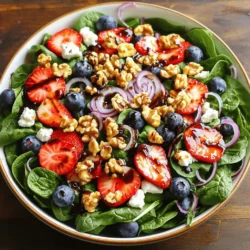 - Fresh baby spinach leaves - Ripe strawberries - Fresh blueberries - Toasted walnuts or pecans - Crumbled feta cheese - Red onion - Balsamic glaze - Olive oil - Salt and pepper To make a great Strawberry Spinach Salad with Blueberries, you need fresh ingredients. Start with baby spinach leaves. They give a soft and crispy base. Next, grab ripe strawberries. Their sweetness shines in this mix. Fresh blueberries add a pop of color and flavor. To bring in some crunch, use toasted walnuts or pecans. These nuts add a nice texture. Crumbled feta cheese gives a creamy touch. Red onion adds a little bite, balancing the sweetness. For the dressing, you'll need balsamic glaze and olive oil. A pinch of salt and pepper will enhance all the flavors. This combo makes the salad bright and fresh. - Add-ins for extra flavor - Seasonal fruit variations - Alternative dressings If you want to get creative, think about add-ins for extra flavor. Avocado can add creaminess. Or try sliced apples for a crunchy twist. You can also use seasonal fruits. In summer, peaches or cherries work well. For dressings, explore options beyond balsamic. Honey mustard or lemon vinaigrette can change the taste. These choices let you personalize your salad. For the full recipe, check out the details above. 1. Washing and preparing the spinach: First, rinse 4 cups of fresh baby spinach in cold water. Shake off the excess water. Dry the leaves gently using a clean kitchen towel or a salad spinner. This keeps the salad crisp and clean. 2. Slicing the strawberries: Next, take 1 cup of ripe strawberries. Remove the green tops and slice them into thin pieces. Aim for even slices to make the salad look nice. 3. Toasting the walnuts or pecans: Take 1/2 cup of walnuts or pecans. Heat a skillet over medium heat. Add the nuts to the pan and toast them for about 5 minutes. Stir often until they smell nutty. This step adds flavor and crunch. 1. Layering the ingredients: In a large salad bowl, start with the washed spinach as the base. Next, gently layer your sliced strawberries and 1 cup of fresh blueberries on top. 2. Whisking the dressing: In a small bowl, whisk together 1/4 cup balsamic glaze, 2 tablespoons olive oil, salt, and pepper. Mix until well combined. This dressing adds a sweet and tangy flavor. 3. Combining the salad just before serving: Just before you're ready to eat, drizzle the dressing over the salad. Toss gently to combine the ingredients. Be careful not to bruise the fruit. 1. Best ways to serve: Serve immediately for the best taste. This salad is fresh and bright. 2. Ideal serving dishes: Use a large, shallow bowl for serving. This showcases the colorful layers of fruit and greens. 3. Pairing options with main courses: This salad pairs well with grilled chicken or fish. It also complements a light pasta dish. Enjoy a delightful meal! To keep spinach fresh, store it in a crisper drawer. Use a paper towel to absorb moisture. This helps the leaves stay crisp. Don't wash spinach until you're ready to use it. Add dressing just before serving. This keeps the greens crunchy and vibrant. If you add it too early, the salad may get soggy. When tossing your salad, use a gentle hand. Lift the ingredients instead of stirring vigorously. This helps avoid bruising the delicate fruit. For visual appeal, use a large, shallow bowl. This showcases the bright colors of strawberries and blueberries. You can also use colorful platters for added fun. Garnish your salad with whole walnuts or a sprinkle of feta. This adds texture and makes it look fancy. You can also add a sprig of mint for a fresh touch. Try the full recipe for a delightful experience! {{image_2}} You can switch up the ingredients for your Strawberry Spinach Salad with Blueberries. In summer, add juicy peaches or nectarines. These fruits bring a sweet touch. You can also include raspberries for more color and flavor. In winter, swap spinach for kale or arugula. These greens add a nice crunch and stay fresh longer. For a crunchy twist, try flavored nuts like spicy almonds or maple pecans. They add a delightful crunch and extra flavor. Want to make the salad vegan-friendly? Simply skip the feta cheese. Replace it with avocado, which adds creaminess. To make it gluten-free, ensure your balsamic glaze has no gluten. Most brands are safe, but check the label. If you want to lower the calories, use less oil or skip the nuts. You can still enjoy all the flavors without extra calories. For a lighter dressing, mix lemon juice with a bit of mustard. This keeps the salad zesty and fresh. You can find the full recipe [here](#). To keep your strawberry spinach salad fresh, store leftovers in the refrigerator. Place it in an airtight container. This will help maintain the salad's taste and texture. Use a glass or plastic container with a tight lid. Avoid metal containers, as they can change the flavor. To keep the salad's flavor and texture, avoid dressing it until serving. If you need to reheat any leftover components, do so gently. Warm the nuts in a pan for a few minutes. This will help restore their crunch. You can also enjoy the salad cold for a refreshing bite. Can I make this salad ahead of time? Yes, you can prepare parts of this salad in advance. Wash and dry the spinach first. Slice strawberries and blueberries, but add them just before serving. This keeps them fresh. You can also mix the dressing ahead of time and store it in the fridge. Just drizzle it over the salad when you are ready to serve. What can I substitute for feta cheese? If you want to skip feta, try goat cheese or a dairy-free option. You can also use crumbled tofu for a vegan-friendly choice. Both options will give you a nice flavor and creamy texture. Is it possible to add protein to this salad? Absolutely! You can add grilled chicken, shrimp, or even chickpeas. Each choice adds great flavor and makes the salad more filling. Just be sure to toss the protein in with the other ingredients for the best taste. Overview of calories and macros A serving of this salad has about 250 calories. It has a mix of protein, healthy fats, and carbs. The exact numbers can change based on what you add or swap out. Health benefits of ingredients Spinach is packed with vitamins A and C. Strawberries and blueberries are full of antioxidants. Walnuts add healthy fats. Feta cheese offers protein and calcium. Together, these ingredients create a nutrient-rich meal. Tips for a balanced meal To make this salad even more balanced, consider adding whole grains like quinoa or farro. This will increase fiber and keep you full longer. Detailed servings explanation This recipe serves four people. Each serving gives you a nice portion that is light yet satisfying. It’s perfect as a side dish or a main meal. Adjusting recipe for bigger groups If you need to serve more people, simply double or triple the ingredients. Keep the same ratios. This ensures everyone enjoys the same great taste. For large gatherings, prepare the salad in a big bowl to make it easy to serve. This blog post covered everything you need to make a delicious salad. We reviewed the main ingredients, including baby spinach, strawberries, and feta cheese. You learned how to prepare, assemble, and serve the salad for the best results. Tips on freshness and presentation are key to wow your guests. Variations let you customize this dish for any season or diet. Finally, proper storage helps keep leftovers tasty. Stick to these steps and enjoy a flavorful salad any time!