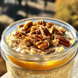For delicious pumpkin pie overnight oats, you need these main ingredients: - 1 cup rolled oats - 1 cup almond milk (or your preferred milk) - 1/2 cup pure pumpkin puree - 1 tablespoon maple syrup (or honey) - 1/2 teaspoon vanilla extract - 1 teaspoon pumpkin pie spice - 1/4 teaspoon salt These ingredients blend to create a creamy, sweet, and spiced base. The rolled oats soak up the almond milk and pumpkin puree overnight. This step makes them soft and easy to eat in the morning. You can add more fun to your oats with these optional ingredients: - 1/4 cup Greek yogurt (for creaminess) - Chopped pecans or walnuts (for crunch) - A sprinkle of cinnamon (for extra warmth) These add-ins will boost the flavor and texture. Greek yogurt gives a nice creaminess. Nuts add crunch and healthy fats. Here’s a quick look at the nutritional benefits of these ingredients: - Rolled oats: High in fiber, good for digestion. - Almond milk: Low in calories, dairy-free option. - Pumpkin puree: Packed with vitamins A and C, low in calories. - Maple syrup: Natural sweetener with some minerals. - Greek yogurt: High in protein, great for muscle health. Each serving will keep you full and satisfied. Enjoy a tasty meal that’s both nourishing and easy to prepare. For the complete recipe, check out the Full Recipe. To make pumpkin pie overnight oats, start by gathering your ingredients. You need rolled oats, almond milk, pumpkin puree, maple syrup, vanilla extract, pumpkin pie spice, and salt. If you want a creamier texture, add Greek yogurt. In a medium bowl, mix the rolled oats with almond milk. Then, add the pumpkin puree, maple syrup, and vanilla extract. Stir this well until everything blends nicely. Next, sprinkle in the pumpkin pie spice and salt. Mix again to ensure even flavor. If you chose to add Greek yogurt, fold it in now. This mix should be thick but smooth. Once you prepare the mixture, it’s time to portion it out. Divide the mix evenly into two jars or airtight containers. Seal them tightly to keep the oats fresh. Place the jars in the fridge for at least four hours or overnight. This soaking time allows the oats to absorb the liquid. When you pull them out in the morning, they will be soft and flavorful. The longer they sit, the better they taste! When you are ready to serve, take the jars out of the fridge. Give them a good stir. If the oats seem thick, add a splash of milk to loosen them. Now, it’s time for toppings! Sprinkle chopped pecans or walnuts on top for crunch. A dash of cinnamon adds a warm flavor. You can also add a drizzle of maple syrup for extra sweetness. Enjoy your tasty and nutritious breakfast! For the complete recipe, check out the Full Recipe. To make your oats super creamy, use rolled oats. They soak up liquid well. You can add Greek yogurt for extra creaminess. It will also add protein. Soak your oats overnight. This softens them and makes them easier to eat. If they seem too thick in the morning, add a splash of milk. Stir well to mix everything together. For a rich pumpkin flavor, use pure pumpkin puree, not pumpkin pie filling. The puree gives a stronger taste. Add more pumpkin pie spice if you love a spicier flavor. Cinnamon, nutmeg, and ginger all work great too. Mixing in a bit of maple syrup adds sweetness and depth. Don't forget to taste as you mix; adjust until it’s just right. One common error is not letting the oats soak long enough. Oats need time to absorb the flavors. Another mistake is using too much liquid. Stick to the recipe measurements for best results. Avoid skipping the salt; it enhances flavors. Lastly, don’t forget the toppings! Nuts and cinnamon add great texture and taste to your oats. You can find the full recipe above to guide you. {{image_2}} You can switch the almond milk for any milk you like. Options include oat milk, coconut milk, or soy milk. Each milk brings a different taste and texture. For a creamier feel, try coconut milk. If you prefer a nut-free option, oat milk works great. Maple syrup is a classic choice, but you can use other sweeteners too. Honey gives a nice flavor, while agave syrup adds sweetness. You can even use brown sugar or coconut sugar for a deeper taste. Adjust the amount based on your sweetness preference. Toppings can make your oats even better. Chopped nuts like pecans or walnuts add crunch. You can also sprinkle some seeds, like chia or pumpkin seeds, for extra nutrients. Fresh fruit, like sliced bananas or berries, adds color and taste. A dollop of Greek yogurt can make it creamy. Try a drizzle of nut butter for added richness. You can find the full recipe for these tasty oats in the recipe section. I love making pumpkin pie overnight oats ahead of time. To keep them fresh, use airtight jars or containers. This helps stop any odors from your fridge. Always store them in the fridge until you are ready to eat. If you want to add toppings, keep them separate until serving. This keeps the oats from getting soggy. These oats stay fresh for about four to five days in the fridge. After that, the taste and texture may change. To know if they are still good, check for any odd smells or colors. If they look or smell off, it’s best to toss them out. Eating fresh food is always the safest choice. Yes, you can freeze pumpkin pie overnight oats! Just place them in freezer-safe containers. Leave some space at the top for expansion. When you are ready to enjoy them, move the jars to the fridge to thaw overnight. You can also heat them in the microwave. Just stir well and add a splash of milk for creaminess. This way, you can enjoy your tasty oats even later. For the full recipe, check the details above. Yes, you can easily make Pumpkin Pie Overnight Oats vegan. Just swap out the Greek yogurt for a plant-based yogurt. You can also use almond milk, coconut milk, or soy milk instead of regular milk. This way, you still get all the creamy goodness without any dairy. Meal prepping overnight oats is simple. Start by making several jars at once. Use the Full Recipe to guide you. Mix your oats and liquids in a large bowl, then divide the mixture into jars. Seal them and store them in the fridge. You can grab one each morning for a quick breakfast. You can add many other flavors to your pumpkin pie oats. Try mixing in a spoonful of almond butter or peanut butter for added richness. You can also toss in dried fruits, like raisins or cranberries, for a sweet touch. If you love chocolate, a few dark chocolate chips can add a fun twist! This article covered how to make Pumpkin Pie Overnight Oats. We explored key ingredients, including optional add-ins for more flavor. I shared step-by-step instructions and tips for creamy oats and enhancing pumpkin taste. You learned about various milk options and sweeteners to personalize your recipe. Remember, these oats are easy to store and perfect for meal prep. Don't hesitate to try different flavors to keep it exciting. Enjoy your delicious, healthy breakfast with these simple ideas!