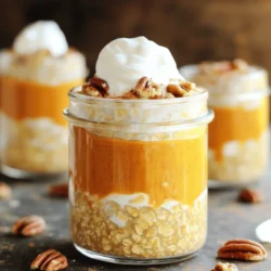 - 1 cup rolled oats - 1 cup unsweetened almond milk - 1/2 cup canned pumpkin puree - 2 tablespoons brown sugar - 1/2 teaspoon pumpkin pie spice - 1/4 teaspoon vanilla extract - Pinch of salt - 1 tablespoon chia seeds (for added thickness) - 1/4 cup chopped pecans (for topping) - Whipped cream (for garnish) In this recipe, I focus on simple yet flavorful ingredients. The rolled oats offer a hearty base. They soak up the almond milk and pumpkin puree, making the oats creamy. The canned pumpkin gives a rich, velvety texture while adding nutrients. Brown sugar brings a warm sweetness that pairs perfectly with pumpkin. It adds depth to the flavor. Pumpkin pie spice gives that classic autumn taste. A hint of vanilla extract adds a lovely aroma. I often add a pinch of salt. It enhances all the flavors. Chia seeds are a great option for those who like thicker oats. They add nutrition and richness. Chopped pecans on top add crunch and a nutty flavor. I love to finish with a dollop of whipped cream. It feels like a treat and looks beautiful. You can find the full recipe in the article. Enjoy creating this cozy dish! Combine these ingredients in a large mixing bowl: - 1 cup rolled oats - 1 cup unsweetened almond milk - 1/2 cup canned pumpkin puree - 2 tablespoons brown sugar - 1/2 teaspoon pumpkin pie spice - 1/4 teaspoon vanilla extract Mix them well. The oats should soak in the liquid. This step is key for creamy oats. Stir the mixture until it is fully combined. You want every oat to be coated. Then, divide the mixture into jars or containers. This helps with easy serving later. Seal the jars tightly. Place them in the fridge for at least 4 hours. I prefer overnight for the best flavor. The longer they sit, the better they taste. You might find your oats a bit thick in the morning. Just add a splash of milk. This simple trick makes them creamy and easy to eat. You can use any milk you like, such as almond or oat milk. Stir well to mix, and enjoy a smooth texture that feels just right. Want to make your oats even more fun? Try adding more spices! A pinch of nutmeg or extra cinnamon can change the taste. You can also swap brown sugar for maple syrup for a unique twist. The options are endless, so feel free to play around and find your favorite mix. How you serve your oats can make them look special. Use clear glass jars to show off the colors and layers. To make it fancy, sprinkle some pumpkin pie spice on top. You could even add chocolate shavings for a sweet touch. This way, your breakfast not only tastes good but also looks amazing. {{image_2}} If you want a nut-free choice, simply swap almond milk for oat or coconut milk. Both options create a creamy base that complements the pumpkin flavor. This is great for those with nut allergies or sensitivities. You can change the flavor by using cinnamon or nutmeg instead of pumpkin pie spice. These spices offer a warm, cozy taste that pairs well with pumpkin. Feel free to experiment and find your favorite blend! For extra nutrition and texture, consider adding dried fruits or seeds. Chopped dates or raisins can add sweetness, while sunflower seeds or pumpkin seeds boost crunch. Mix and match to create your perfect bowl! Store your Brown Sugar Pumpkin Pie Overnight Oats in the fridge for up to 4 days. This keeps them fresh and tasty. Make sure to seal them well. I love using jars with tight lids for best results. If you want to keep them longer, consider freezing. They can last up to 3 months in the freezer. Just thaw them overnight in the fridge before serving. This helps maintain the creamy texture. Use airtight containers for storage. This prevents air from getting in and keeps flavors strong. You don’t want your oats to taste like other things in the fridge. Trust me, fresh flavors make all the difference! For the full recipe, check out the ingredients list above. - Yes, but the texture may differ slightly; rolled oats provide a chewier consistency. - Use a plant-based milk and ensure that any toppings (like whipped cream) are dairy-free. - Yes, simply ensure the oats are certified gluten-free. - Absolutely! They last well in the refrigerator for several days, making them perfect for meal prepping. This blog post covered how to make delicious overnight oats. We explored essential ingredients like oats and pumpkin puree, and added options for sweetness and texture. The step-by-step instructions ensure a smooth process, while tips allow for personal touches. You can customize flavors, adjust consistency, and store them properly. Overall, these oats are simple, tasty, and versatile. Enjoy creating your version and making breakfast easy and fun!