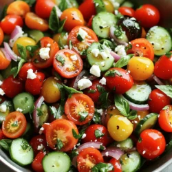 - 4 ripe heirloom tomatoes, diced - 1 cup cherry tomatoes, halved - 1 medium cucumber, diced - 1/2 red onion, thinly sliced - 1/4 cup fresh basil leaves, torn - 1/4 cup parsley, chopped - 3 cloves garlic, minced - 3 tablespoons olive oil - 2 tablespoons balsamic vinegar - Salt and pepper to taste - Feta cheese, crumbled (optional) Gathering fresh produce is key for this salad. Heirloom tomatoes stand out with their rich flavors. I love using ripe heirloom tomatoes in this recipe. Cherry tomatoes add a sweet burst. Their bright colors make the salad fun. A crisp cucumber brings a nice crunch. Thinly sliced red onion adds a hint of sharpness. Fresh herbs like basil and parsley brighten the dish. For the dressing, garlic works wonders. It adds a bold kick. A drizzle of olive oil gives a smooth texture. Balsamic vinegar balances the flavors with its tang. Salt and pepper are must-haves for seasoning. If you want an extra layer of taste, add feta cheese. It melts deliciously into the salad. I recommend using the freshest ingredients for the best taste. Each bite should burst with flavor. For the full recipe, check the complete guide. How to dice heirloom tomatoes Start with ripe heirloom tomatoes. Wash them well. Cut off the stem. Slice the tomato into wedges. Then, chop each wedge into small pieces. Aim for bite-sized cubes for easy eating. Halving cherry tomatoes Next, take your cherry tomatoes. Rinse them under cool water. Place them on a cutting board. Slice each tomato in half. This helps release their sweet juices and adds color to your salad. Dicing cucumber and slicing red onion Now, grab a fresh cucumber. Wash it first. Cut the ends off, then slice it down the middle. Dice the cucumber into small bits. For the red onion, peel off the skin. Slice it thinly to add a nice crunch and flavor to your salad. Combining all vegetables in a bowl In a large mixing bowl, add the diced heirloom tomatoes, halved cherry tomatoes, diced cucumber, and sliced red onion. Use a large spoon to gently toss them together. This helps mix all the colors and flavors. Adding garlic and dressing Next, add minced garlic to the bowl. Pour in the olive oil and balsamic vinegar. Toss everything again until all the veggies are coated. This dressing gives your salad a fresh taste that shines. Mixing herbs and adding feta Now, it’s time for fresh herbs. Toss in torn basil and chopped parsley. If you like, sprinkle crumbled feta cheese on top for extra creaminess. Mix gently to combine all the flavors. Letting the salad rest Finally, let the salad sit for about 10 minutes. This allows the flavors to blend beautifully. Serve it in a large dish and enjoy your fresh and healthy Tomato Garlic Summer Salad! For complete details, check the Full Recipe. Using fresh ingredients is key for any salad. Fresh tomatoes, herbs, and vegetables bring bright and lively tastes. When you use ripe heirloom tomatoes, you get a sweet flavor that shines. Fresh herbs like basil and parsley add depth. Always choose the best produce you can find. Letting flavors meld is also important. After you mix the salad, let it sit for about ten minutes. This waiting time allows the olive oil and balsamic vinegar to soak into the veggies. It also helps the herbs release their oils, creating a more vibrant taste. For a beautiful dish, presentation matters. Serve the salad in a large, shallow bowl. This gives it room to shine. Add a few extra basil leaves on top and a sprinkle of feta cheese. This adds color and texture, making your salad look gourmet. Pairing options can elevate your meal. This salad pairs well with grilled chicken or fish. You can also serve it with crusty bread for a light lunch. The fresh tastes balance well with rich flavors. For extra fun, try adding a side of hummus and pita chips. {{image_2}} For a twist on the classic dish, try other tomato varieties. You can use sweet grape tomatoes or juicy Roma tomatoes. Each type offers a unique flavor that can change the whole salad. Switching herbs can also make a difference. Instead of basil, use fresh cilantro or dill. These herbs bring their own taste and aroma, adding new life to your salad. If you want a vegan or dairy-free option, simply leave out the feta cheese. The salad remains fresh and flavorful without it. You can also add avocado for creaminess. For those needing low-carb choices, skip the tomatoes. Instead, use more cucumbers and bell peppers. This keeps the salad light while still providing crunch and color. Explore these variations to make the salad your own! For the full recipe, check out the details provided above. To store leftover salad, place it in a clean container. I recommend using an airtight container. This helps keep the salad fresh and crisp. You want to avoid wilting and sogginess. If you plan to store it, skip adding the feta cheese until you're ready to eat. In the fridge, the salad lasts about three days. Check for signs of spoilage. Look for wilting leaves or a strong smell. If the tomatoes become mushy or slimy, it's time to toss the salad. Always trust your senses; they guide you best in the kitchen. For the full recipe, you can refer to the details above. Enjoy your fresh and healthy Tomato Garlic Summer Salad! How do I prepare tomatoes for a salad? To prepare tomatoes, wash them well. Then, cut the tomatoes into small pieces. You can use a sharp knife for clean cuts. Dicing heirloom tomatoes gives a nice texture. Make sure all pieces are similar in size for even mixing. Can I make this salad ahead of time? Yes, you can make this salad ahead of time. Just keep it in the fridge for up to three hours. The flavors blend nicely as it sits. However, add fresh herbs and feta just before serving. This keeps them bright and tasty. What can I substitute for feta cheese? If you want to skip feta, try goat cheese or cottage cheese. You can also use a dairy-free option like cashew cheese. These add creaminess and flavor without the dairy. Choose what fits your taste best. Nutritional benefits of tomatoes and garlic Tomatoes are low in calories but high in vitamins. They provide vitamin C and potassium. Garlic has health benefits too. It may help boost the immune system and lower blood pressure. Together, they create a healthy dish that supports your wellness. Caloric breakdown of the salad This salad is light, with around 150 calories per serving. Most calories come from tomatoes and olive oil. The feta adds a bit more, but it’s a small amount. This makes it a great choice for a summer meal. Where did the concept of tomato garlic salad come from? Tomato garlic salad has roots in Mediterranean cooking. Many cultures use tomatoes and garlic in their dishes. It showcases fresh flavors and simple ingredients. This style of cooking celebrates local produce and healthy eating. Cultural significance of summer salads Summer salads are important in many cultures. They bring people together during warm months. These dishes are often made with seasonal produce. They reflect the freshness and abundance of summer. Sharing salads is a way to enjoy food and friendship. This blog post covered how to make a fresh tomato garlic salad. We talked about key ingredients like heirloom tomatoes, basil, and feta. I shared step-by-step instructions for preparation and mixing, along with tips to enhance flavor. You learned about variations and how to store leftovers. Remember, using fresh ingredients makes a big difference. This salad is a great way to enjoy the summer flavors. Try it out, and let your creativity shine in the kitchen!
