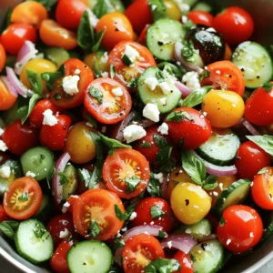- 4 ripe heirloom tomatoes, diced - 1 cup cherry tomatoes, halved - 1 medium cucumber, diced - 1/2 red onion, thinly sliced - 1/4 cup fresh basil leaves, torn - 1/4 cup parsley, chopped - 3 cloves garlic, minced - 3 tablespoons olive oil - 2 tablespoons balsamic vinegar - Salt and pepper to taste - Feta cheese, crumbled (optional) Gathering fresh produce is key for this salad. Heirloom tomatoes stand out with their rich flavors. I love using ripe heirloom tomatoes in this recipe. Cherry tomatoes add a sweet burst. Their bright colors make the salad fun. A crisp cucumber brings a nice crunch. Thinly sliced red onion adds a hint of sharpness. Fresh herbs like basil and parsley brighten the dish. For the dressing, garlic works wonders. It adds a bold kick. A drizzle of olive oil gives a smooth texture. Balsamic vinegar balances the flavors with its tang. Salt and pepper are must-haves for seasoning. If you want an extra layer of taste, add feta cheese. It melts deliciously into the salad. I recommend using the freshest ingredients for the best taste. Each bite should burst with flavor. For the full recipe, check the complete guide. How to dice heirloom tomatoes Start with ripe heirloom tomatoes. Wash them well. Cut off the stem. Slice the tomato into wedges. Then, chop each wedge into small pieces. Aim for bite-sized cubes for easy eating. Halving cherry tomatoes Next, take your cherry tomatoes. Rinse them under cool water. Place them on a cutting board. Slice each tomato in half. This helps release their sweet juices and adds color to your salad. Dicing cucumber and slicing red onion Now, grab a fresh cucumber. Wash it first. Cut the ends off, then slice it down the middle. Dice the cucumber into small bits. For the red onion, peel off the skin. Slice it thinly to add a nice crunch and flavor to your salad. Combining all vegetables in a bowl In a large mixing bowl, add the diced heirloom tomatoes, halved cherry tomatoes, diced cucumber, and sliced red onion. Use a large spoon to gently toss them together. This helps mix all the colors and flavors. Adding garlic and dressing Next, add minced garlic to the bowl. Pour in the olive oil and balsamic vinegar. Toss everything again until all the veggies are coated. This dressing gives your salad a fresh taste that shines. Mixing herbs and adding feta Now, it’s time for fresh herbs. Toss in torn basil and chopped parsley. If you like, sprinkle crumbled feta cheese on top for extra creaminess. Mix gently to combine all the flavors. Letting the salad rest Finally, let the salad sit for about 10 minutes. This allows the flavors to blend beautifully. Serve it in a large dish and enjoy your fresh and healthy Tomato Garlic Summer Salad! For complete details, check the Full Recipe. Using fresh ingredients is key for any salad. Fresh tomatoes, herbs, and vegetables bring bright and lively tastes. When you use ripe heirloom tomatoes, you get a sweet flavor that shines. Fresh herbs like basil and parsley add depth. Always choose the best produce you can find. Letting flavors meld is also important. After you mix the salad, let it sit for about ten minutes. This waiting time allows the olive oil and balsamic vinegar to soak into the veggies. It also helps the herbs release their oils, creating a more vibrant taste. For a beautiful dish, presentation matters. Serve the salad in a large, shallow bowl. This gives it room to shine. Add a few extra basil leaves on top and a sprinkle of feta cheese. This adds color and texture, making your salad look gourmet. Pairing options can elevate your meal. This salad pairs well with grilled chicken or fish. You can also serve it with crusty bread for a light lunch. The fresh tastes balance well with rich flavors. For extra fun, try adding a side of hummus and pita chips. {{image_2}} For a twist on the classic dish, try other tomato varieties. You can use sweet grape tomatoes or juicy Roma tomatoes. Each type offers a unique flavor that can change the whole salad. Switching herbs can also make a difference. Instead of basil, use fresh cilantro or dill. These herbs bring their own taste and aroma, adding new life to your salad. If you want a vegan or dairy-free option, simply leave out the feta cheese. The salad remains fresh and flavorful without it. You can also add avocado for creaminess. For those needing low-carb choices, skip the tomatoes. Instead, use more cucumbers and bell peppers. This keeps the salad light while still providing crunch and color. Explore these variations to make the salad your own! For the full recipe, check out the details provided above. To store leftover salad, place it in a clean container. I recommend using an airtight container. This helps keep the salad fresh and crisp. You want to avoid wilting and sogginess. If you plan to store it, skip adding the feta cheese until you're ready to eat. In the fridge, the salad lasts about three days. Check for signs of spoilage. Look for wilting leaves or a strong smell. If the tomatoes become mushy or slimy, it's time to toss the salad. Always trust your senses; they guide you best in the kitchen. For the full recipe, you can refer to the details above. Enjoy your fresh and healthy Tomato Garlic Summer Salad! How do I prepare tomatoes for a salad? To prepare tomatoes, wash them well. Then, cut the tomatoes into small pieces. You can use a sharp knife for clean cuts. Dicing heirloom tomatoes gives a nice texture. Make sure all pieces are similar in size for even mixing. Can I make this salad ahead of time? Yes, you can make this salad ahead of time. Just keep it in the fridge for up to three hours. The flavors blend nicely as it sits. However, add fresh herbs and feta just before serving. This keeps them bright and tasty. What can I substitute for feta cheese? If you want to skip feta, try goat cheese or cottage cheese. You can also use a dairy-free option like cashew cheese. These add creaminess and flavor without the dairy. Choose what fits your taste best. Nutritional benefits of tomatoes and garlic Tomatoes are low in calories but high in vitamins. They provide vitamin C and potassium. Garlic has health benefits too. It may help boost the immune system and lower blood pressure. Together, they create a healthy dish that supports your wellness. Caloric breakdown of the salad This salad is light, with around 150 calories per serving. Most calories come from tomatoes and olive oil. The feta adds a bit more, but it’s a small amount. This makes it a great choice for a summer meal. Where did the concept of tomato garlic salad come from? Tomato garlic salad has roots in Mediterranean cooking. Many cultures use tomatoes and garlic in their dishes. It showcases fresh flavors and simple ingredients. This style of cooking celebrates local produce and healthy eating. Cultural significance of summer salads Summer salads are important in many cultures. They bring people together during warm months. These dishes are often made with seasonal produce. They reflect the freshness and abundance of summer. Sharing salads is a way to enjoy food and friendship. This blog post covered how to make a fresh tomato garlic salad. We talked about key ingredients like heirloom tomatoes, basil, and feta. I shared step-by-step instructions for preparation and mixing, along with tips to enhance flavor. You learned about variations and how to store leftovers. Remember, using fresh ingredients makes a big difference. This salad is a great way to enjoy the summer flavors. Try it out, and let your creativity shine in the kitchen!