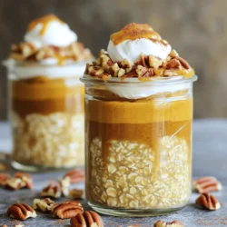 To create this tasty dish, you need a few simple ingredients. Here’s what you will need: - 1 cup rolled oats - 1 cup unsweetened almond milk (or milk of choice) - 1/2 cup canned pumpkin puree - 2 tablespoons brown sugar (adjust to taste) - 1 teaspoon vanilla extract - 1 teaspoon pumpkin pie spice - 1/2 teaspoon cinnamon - 1/4 teaspoon salt Each ingredient plays a vital role. The rolled oats serve as the base, while the pumpkin puree brings a rich flavor. Brown sugar adds sweetness and depth. The spices create that cozy, warm taste we love in fall. While the main ingredients shine, you can enhance your oats with a few extras: - 1 tablespoon chia seeds (optional, for added texture) - 1/4 cup chopped pecans or walnuts (for topping) - Whipped cream or coconut whipped topping (for serving) Chia seeds help thicken the oats and add nutrition. Chopped nuts give a nice crunch, and whipped cream adds a creamy layer on top. Having the right tools makes cooking easier. Here are some helpful items for this recipe: - Large mixing bowl - Whisk or spoon for stirring - Mason jars or airtight containers for storage - Measuring cups and spoons These tools help mix, store, and serve your delicious oats. Each item is easy to find and makes the process smooth. Enjoy making your Brown Sugar Pumpkin Pie Overnight Oats! For the complete recipe, check out the Full Recipe section. To start, gather all your ingredients. You will need rolled oats, almond milk, pumpkin puree, brown sugar, vanilla, pumpkin pie spice, cinnamon, and salt. In a large mixing bowl, combine these ingredients. Mix them well until everything is smooth and blended. If you like a thicker texture, add the chia seeds now. They help the oats soak up the liquid. Stir again to ensure the chia seeds are evenly mixed in. Next, take your mixture and divide it into two or three mason jars or airtight containers. This makes it easy to grab in the morning. Seal the containers tightly to keep the oats fresh. Place them in the fridge overnight. This allows the oats to soak up all the flavors. In the morning, take out your oats. Give them a good stir. If they seem too thick, add a splash of almond milk to loosen them up. For a tasty finish, top your oats with chopped pecans or walnuts. A dollop of whipped cream or coconut whipped topping adds a special touch. For a fun presentation, serve in clear glasses. A drizzle of extra pumpkin puree or a sprinkle of cinnamon makes it look even more appealing. You can find the Full Recipe for Brown Sugar Pumpkin Pie Overnight Oats in the earlier section. Enjoy! To get the right texture for your oats, start with rolled oats. They absorb liquid well and stay chewy. Mix the oats with your liquid of choice. I prefer almond milk for a nutty flavor. If your oats are too thick in the morning, add a splash of milk. Stir well to keep things creamy. Also, consider adding chia seeds. They help thicken the mixture as it sits. A tablespoon of chia seeds makes a big difference! For added flavor, use fresh spices. Ground cinnamon and nutmeg brighten the dish. Make sure to add a good amount of pumpkin pie spice. This blend gives that warm, cozy taste. If you love sweetness, adjust the brown sugar. You can always add more if needed. A drizzle of maple syrup in the morning adds a nice touch too. Don’t forget to top your oats with chopped nuts. They add crunch and extra flavor. You can swap out some ingredients if needed. For a dairy-free option, stick with almond milk, soy milk, or oat milk. If you want a lower sugar option, use unsweetened applesauce instead of brown sugar. You can also use other sweeteners like honey or agave. If you’re not a fan of pumpkin, try using mashed banana or even applesauce. Both give a nice flavor and keep the oats moist. For a unique twist, add cocoa powder for a chocolatey vibe! {{image_2}} You can easily make this recipe vegan. Just swap regular milk for almond milk or oat milk. Both are great options. Use maple syrup instead of brown sugar for sweetness. This change keeps it tasty and plant-based. For gluten-free oats, choose certified gluten-free rolled oats. This way, you avoid any hidden gluten. These simple swaps let everyone enjoy the dish. Want to mix things up? Try adding different spices. Nutmeg or ginger can add warmth. You can also stir in a few chocolate chips for a sweet twist. If you love fruit, add diced apples or sliced bananas. These fruits pair well with pumpkin. You can also try adding a spoonful of peanut butter for creaminess. Each of these ideas gives a fun new taste to your oats. As seasons change, so can your oats! In the summer, swap pumpkin for fresh peaches or berries. A touch of lemon zest brightens the flavor. In the winter, add more spices like clove or cardamom for warmth. You could even use eggnog in place of milk for a festive treat. Each season brings new flavors and ideas. Enjoy experimenting with your overnight oats! Check out the Full Recipe for more inspiration. To keep your Brown Sugar Pumpkin Pie Overnight Oats fresh, store them in airtight containers. Mason jars work well for this. Make sure the lids are tight to prevent air from getting in. This helps keep the oats moist and flavorful. You can prepare them the night before and store them in the fridge. They stay fresh for up to five days. You can also freeze your overnight oats for later. Divide the mixture into freezer-safe containers or bags. Make sure to leave some space for expansion. When you are ready to eat, thaw them in the fridge overnight. You can heat them in the microwave if you like warm oats. Just add a splash of almond milk to keep them creamy. The shelf life of these oats is about five days in the fridge. If you freeze them, they can last up to three months. When reheating, stir in a little almond milk to restore creaminess. Heat in short bursts in the microwave, stirring in between. This method keeps the oats from getting too hot and drying out. Yes, you can use any milk you like. Almond milk works well, but feel free to try oat, soy, or even regular cow's milk. Each milk gives a different taste. If you want a creamier texture, whole milk is a good choice. You can also use lactose-free milk if you need it. Overnight oats last about three to five days in the fridge. Just make sure to keep them in a sealed container. This way, the oats stay fresh and safe to eat. The flavors will blend more over time, making them even better. Absolutely! You can adjust the brown sugar to fit your taste. If you want less sugar, try using a bit of honey or maple syrup. You can also add more pumpkin pie spice for flavor without extra sugar. Just remember to taste as you go for the best results. For a complete guide on making these delicious oats, check out the Full Recipe. This blog post covered how to make delicious brown sugar pumpkin pie overnight oats. We explored the main and optional ingredients and discussed helpful tools. You learned step-by-step instructions for preparing, storing, and serving these oats. I shared tips to get the right consistency and flavor. We also looked at variations, including vegan options and seasonal twists. Remember, these oats are simple and tasty! Enjoy experimenting with your favorite flavors.