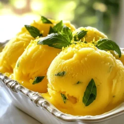 For this Lemon Basil Sorbet, fresh ingredients make all the difference. Here’s what you need: - 1 cup fresh lemon juice (about 4-6 lemons) - 1 cup sugar - 1 cup water - 1 cup fresh basil leaves, packed - Zest of 2 lemons - Pinch of salt - Optional garnish (1 tablespoon lemon zest) Using fresh lemon juice gives the sorbet a bright and zesty flavor. The sugar helps to balance the tartness and creates a sweet treat. Water is essential for creating the simple syrup that forms the base of the sorbet. Fresh basil adds an aromatic touch, while lemon zest enhances the citrus notes. A pinch of salt rounds out the flavors. If you want to make it extra special, add some lemon zest as a garnish when serving. If you're ready to make this delightful treat, check the Full Recipe for all the steps! To start, take a small saucepan. Add one cup of sugar and one cup of water. Place it over medium heat. Stir the mixture until the sugar dissolves completely. This creates your simple syrup. It is a key base for the sorbet. Next, remove the syrup from heat. Add one cup of fresh basil leaves into the warm syrup. Let the basil steep for about 30 minutes. This step is essential. It allows the basil to release its fresh flavor. After steeping, strain the syrup using a fine-mesh sieve. Press down with a spoon to extract every drop. Discard the basil leaves. Now, combine the basil-infused syrup with one cup of fresh lemon juice and the zest of two lemons. Add a pinch of salt to enhance the flavors. Mix well until everything blends smoothly. Pour the mixture into a shallow container and cover it. Place it in the freezer for about two hours until it starts to freeze. Check on it every 30 minutes. Use a fork to scrape the mixture. This keeps the sorbet fluffy and prevents ice crystals. Repeat this process for two to three hours. Once it has a light, fluffy texture, it’s ready to serve. Scoop it into dishes and enjoy your lemon basil sorbet! For the full recipe, refer to the ingredients and steps above. To get the best texture in your lemon basil sorbet, you need to scrape the mixture well. Scraping helps break up ice crystals and makes the sorbet light and fluffy. I recommend using a fork for this task. You should scrape the mixture every 30 minutes as it freezes. When it’s ready, the sorbet should look airy and soft, not hard and icy. Fresh lemon and basil make a big difference in flavor. Fresh lemons add bright zest, while fresh basil gives a lovely aroma. When choosing lemons, look for ones that feel heavy for their size. For basil, pick vibrant green leaves with no brown spots. These tips ensure you get the best taste from your sorbet. Garnishing your sorbet can make it even more special. A sprinkle of lemon zest on top adds a nice touch. You can also serve it in a chilled bowl for extra flair. This sorbet pairs well with light desserts or can be enjoyed alone. Consider adding a few fresh berries on the side for color and sweetness. {{image_2}} Lemon basil sorbet is fun to change. You can try different herbs, fruits, and sweeteners. Here are some tasty ideas. You can swap basil for mint or rosemary. Mint gives a cool taste. Rosemary adds a warm, earthy flavor. Both work well with lemon. You can also mix fruits with herbs. For example, try lemon with strawberries or peaches. These combos create new flavors that excite the taste buds. Want to make your sorbet pop? Add berries like raspberries or blueberries. They mix well with lemon and basil. You can also use different citruses like orange or lime for a zesty twist. Changing sweeteners can also change the taste. Use honey or agave syrup instead of sugar. Each sweetener brings its own flavor, making the sorbet unique. This lemon basil sorbet is already dairy-free and vegan. You can keep it that way easily. Just make sure to use plant-based sweeteners if you want. If you need substitutes, try maple syrup or coconut sugar. They add great flavor while keeping the recipe plant-based. Enjoy the fresh and flavorful delight of lemon basil sorbet with these variations! To keep your Lemon Basil Sorbet fresh, use an airtight container. A shallow dish works well too. This helps the sorbet freeze evenly. Avoid using plastic wrap alone. It doesn’t seal well and may lead to freezer burn. To prevent freezer burn, press a piece of parchment paper against the sorbet. Then, cover it with the lid. This extra layer protects against air. You can store Lemon Basil Sorbet for about two weeks in the freezer. After that, the flavor and texture may start to change. Signs that the sorbet has gone bad include ice crystals forming on top or a strange smell. If it looks or smells off, it’s best to toss it. If you have leftover sorbet, you can turn it into a fun sorbet cocktail. Just blend it with some sparkling water or use it as a topping on fresh fruit. If the sorbet has become too hard, let it sit at room temperature for a few minutes. Then, re-scoop it to serve. You can also refreeze sorbet after softening, but try to do this only once for the best texture. Sorbet is often made with fruit puree, water, and sugar. It is light and smooth. Sorbetto is the Italian version. It typically has more fruit and creaminess. Both are frozen desserts, but sorbetto is richer in flavor and texture. Yes, you can make Lemon Basil Sorbet without an ice cream maker. You just need a shallow container and a fork. After mixing the sorbet base, freeze it. Scrape it with a fork every 30 minutes. This breaks up ice crystals and makes it fluffy. To adjust sweetness, change the sugar amount. Start with less sugar and taste. You can add more later if needed. Another option is to use different sweeteners, like honey or agave. Remember to balance sweetness with the tartness of lemons. - What are the best ways to serve Lemon Basil Sorbet? Serve Lemon Basil Sorbet in small bowls or cups. You can garnish it with fresh basil or lemon zest. Pair it with shortbread cookies for added crunch. This makes a lovely presentation for guests. - Is it possible to use bottled lemon juice instead of fresh? You can use bottled lemon juice, but fresh juice is best. Fresh lemons have more flavor and brightness. If you use bottled juice, check for additives. Choose one with no extra ingredients for the best taste. In this article, we explored how to make Lemon Basil Sorbet from fresh ingredients. We covered everything from preparing the simple syrup to freezing and serving the sorbet. Remember, using fresh herbs and fruits enhances flavor and texture. Don’t shy away from trying variations, like mint or berry infusions. Store sorbet properly to keep it fresh longer. With these tips, you'll easily create a refreshing treat for any occasion. Enjoy experimenting with flavors, and savor every bite of your homemade sorbet!