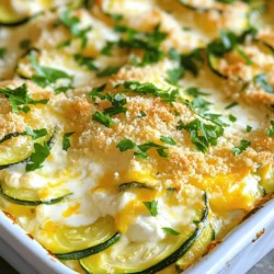 For a great creamy cheesy zucchini casserole, you'll need fresh zucchinis and a blend of cheeses. I use four medium zucchinis, sliced thin. The cheeses are key for flavor and texture. I recommend using: - 1 cup ricotta cheese - 1 cup shredded mozzarella cheese - 1/2 cup grated Parmesan cheese These cheeses melt well and give a rich taste to the dish. The creamy base is essential for this casserole. Heavy cream makes it rich and smooth. You’ll need 1 cup of heavy cream. It blends with the ricotta and adds depth. Seasonings bring the dish to life. I use: - 2 cloves garlic, minced - 1 teaspoon dried oregano - 1 teaspoon salt - 1/2 teaspoon black pepper - 1/2 teaspoon red pepper flakes (optional for heat) These flavors enhance the zucchini and cheese. For a crispy top, add 1 cup of breadcrumbs, preferably panko. Garnish with fresh parsley before serving for a pop of color. For the full recipe, check out the complete details above. Slicing the Zucchini Start by washing the zucchinis. Cut off both ends, then slice them thinly. Aim for about 1/4 inch thick slices. This size helps them cook evenly and blend well with the other ingredients. Mixing the Creamy Filling In a large bowl, combine ricotta cheese, heavy cream, minced garlic, oregano, salt, black pepper, and red pepper flakes if you like some heat. Stir everything until it mixes well and becomes smooth. This filling will give the casserole its creamy texture. Layering the Casserole Take a greased 9x13 inch baking dish. Begin by layering half of the sliced zucchini at the bottom. Next, spread half of the creamy filling over the zucchini. Then, sprinkle a mix of mozzarella and Parmesan on top. Repeat these layers with the remaining zucchini and filling. Finish with a generous layer of mozzarella and Parmesan cheese. Initial Baking with Foil Cover the casserole with aluminum foil. Place it in your preheated oven at 375°F (190°C) and bake for 25 minutes. This step helps to steam the zucchini, making it tender. Finishing Without Foil After 25 minutes, carefully remove the foil. Bake the casserole for an additional 15 to 20 minutes. You want the top to turn golden brown and bubbly. This creates a nice crust and enhances the flavor. Ideal Serving Temperature Let the casserole cool for about 5 minutes after baking. This cooling time helps it set up a bit. It’s best served warm, so the cheese is melty and the layers hold together. Garnishing Ideas For a fresh touch, sprinkle chopped parsley on top just before serving. You can also drizzle a little olive oil over the casserole for added flavor. Enjoy your delicious creamy cheesy zucchini casserole! Check out the Full Recipe for more details. The right cheese combination makes all the difference. Use ricotta for a creamy base. Add mozzarella for stretch and a nice melt. Parmesan gives a sharp flavor that balances the dish. This mix creates a rich and cheesy experience. Adjusting creaminess levels is key too. If you prefer a thicker dish, use less cream. For a smoother texture, add more cream. You can even swap in cream cheese for a different taste. Experiment to find what you love best. Avoiding soggy zucchini is crucial for a great casserole. Start by slicing the zucchini thin. This helps them cook evenly. After slicing, lightly salt the zucchini. Let them sit for about 15 minutes to draw out excess water. Pat them dry with paper towels before layering. Baking time variations can also change your results. If your oven runs hot, check the casserole a bit early. You want the top golden and bubbly, so watch closely. If you like a crustier top, bake it a little longer without foil. For the full recipe, check out the detailed instructions, and enjoy your cooking! {{image_2}} You can swap out cheeses in this casserole. Use your favorites to change the flavor. For creaminess, try mascarpone or goat cheese. For a sharp taste, consider cheddar or gouda. Each cheese brings its own unique twist to your dish. Zucchini is great, but you can use other squash too. Yellow squash works well and adds color. If you like a firmer texture, try pattypan squash. Each type offers a different taste and look. Herbs and spices can change the flavor profile. Add fresh basil for a bright note. Thyme or rosemary can give a warm, earthy flavor. A pinch of nutmeg also adds depth to the creamy mix. Don’t be afraid to experiment to find what you love. Want to make this casserole heartier? Add some protein! Cooked chicken or turkey works well. Ground beef or sausage can also spice things up. For a vegetarian option, try adding cooked lentils or chickpeas. These will add texture and make the dish more filling. For the full recipe, check out the complete guide to making this delicious dish. To keep your creamy cheesy zucchini casserole fresh, store leftovers in an airtight container. This helps maintain flavor and texture. Make sure to let the casserole cool completely before sealing it. You can keep it in the fridge for up to four days. When reheating, I suggest using the oven. It warms the casserole evenly and keeps the cheese melty. Preheat the oven to 350°F (175°C) and bake for about 20 minutes. You can cover it with foil to prevent the top from browning too much. You can freeze your casserole both before and after baking. To freeze before baking, assemble the casserole in your baking dish. Cover it tightly with plastic wrap and then with foil. This way, it stays fresh for up to three months. When you’re ready to bake it, thaw it in the fridge overnight before cooking. If you want to freeze it after baking, let it cool completely first. Then, cut it into portions. Wrap each piece in plastic wrap, then place them in a freezer bag. This method makes it easy to reheat just what you need. To thaw a frozen portion, place it in the fridge for several hours or overnight. For quicker thawing, use the microwave on defrost mode. When you’re ready to reheat, bake at 350°F (175°C) for about 15-20 minutes, or until hot. Always check the center to ensure it's thoroughly warmed through. Enjoy your casserole just like fresh! If you want the top crispy, you can leave it uncovered for the last few minutes of baking. For the full recipe, check out the guide above! Yes, you can make this recipe ahead of time. Prepare the casserole, but do not bake it. Cover it tightly with plastic wrap or aluminum foil. Store it in the fridge for up to 24 hours. When you're ready to bake, let it sit at room temperature for about 30 minutes. Then, bake it as per the instructions in the Full Recipe. This casserole pairs well with many side dishes. Try serving it with: - A fresh green salad for crunch. - Garlic bread for a tasty side. - Roasted vegetables for added flavor. - Quinoa or rice for a hearty meal. These options balance the creamy texture of the casserole. To keep the zucchini from being watery, follow these tips: - Salt the zucchini: Sprinkle salt on the sliced zucchini. Let it sit for about 30 minutes. This draws out excess moisture. Pat the slices dry with a paper towel before using them. - Choose firm zucchinis: Look for firm and small zucchinis. They tend to have less water than larger ones. - Cook briefly before baking: You can also sauté the sliced zucchini for a few minutes. This helps reduce moisture before layering in the casserole. Using these techniques ensures your casserole has the perfect texture. This article guides you through making a creamy cheesy zucchini casserole. We covered key ingredients like zucchini, cheese, and seasonings. You learned to prep, layer, and bake the dish for optimal flavor and texture. I shared tips on achieving the perfect creaminess and avoiding soggy zucchini. We also explored delicious variations and how to store leftovers. With these insights, you can create a delightful dish that impresses any guest. Enjoy your cooking journey!