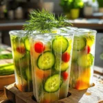 - 1 cup pickle brine - 1 cup tomato juice - 1 tablespoon Worcestershire sauce - 1 teaspoon hot sauce - 1 tablespoon lemon juice - ½ teaspoon celery salt - ½ teaspoon ground black pepper - ¼ cup ripe cherry tomatoes, halved - ¼ cup diced cucumber - Fresh dill sprigs for garnish The key to a great Pickle Brine Bloody Mary Popsicle starts with the right ingredients. You need a mix of savory and tangy flavors. The pickle brine brings a sharp taste that works well with the smooth tomato juice. Worcestershire sauce adds depth to the flavor. Hot sauce can kick up the heat, so adjust it to your liking. Fresh lemon juice gives a bright note, while celery salt and black pepper add a nice touch of seasoning. Cherry tomatoes and cucumber give these pops a fun crunch. They also make them look pretty! Finally, fresh dill sprigs on top not only add flavor but also a burst of color. - Additional spices to customize flavor - Alternative vegetable add-ins - Ideas for garnishing You can spice things up even more! Try adding garlic powder, paprika, or even a pinch of cayenne. If you want to switch it up, consider using other veggies. Bell peppers or radishes can add a fresh twist. For garnishing, think beyond dill! You can use sliced olives or pickled jalapeños for a kick. The options are endless, making your popsicles unique every time. Check out the Full Recipe to explore all these ideas! Start by mixing the pickle brine and tomato juice in a bowl. This blend is the heart of your popsicle. Next, add Worcestershire sauce and hot sauce. This step adds depth and a kick to the flavor. Taste your mixture. If you want it spicier, add more hot sauce. If you prefer it tangy, add lemon juice. Adjust the seasoning to match your taste. Now, it’s time to fill the molds. Take your halved cherry tomatoes and diced cucumber. Place them in the popsicle molds. They add a nice crunch and color. Carefully pour the brine mixture into the molds. Leave a little space on top for the mixture to expand. Insert popsicle sticks into the molds. Make sure they are centered. Cover the molds with lids or plastic wrap to keep the flavors fresh. Freeze the popsicles for at least six hours. They need time to become solid. To release the popsicles, run warm water over the outside of the molds. This trick helps them come out easily. Once free, garnish each popsicle with a fresh dill sprig. It adds a pop of color and flavor. Enjoy your Pickle Brine Bloody Mary Popsicles as a refreshing summer treat! For the full recipe, check the earlier section. To make your pickle brine Bloody Mary popsicles shine, start with the right balance. Add lemon juice to brighten the taste. If you like it spicy, adjust the hot sauce to your liking. Don't be shy to experiment! Try adding a splash of lime juice or a dash of smoked paprika for a unique twist. Mix your ingredients well. This step is key to a smooth texture. If you don’t mix thoroughly, ice crystals can form. These can ruin the popsicle's creamy feel. Aim for a uniform mixture before pouring it into the molds. For popsicle molds, choose silicone ones. They make it easy to pop out the finished treats. Use a sturdy mixing bowl and a whisk for blending. A measuring cup is also essential for getting the right amounts. These tools will help you create the best popsicles possible. For the full recipe, check out the earlier section. {{image_2}} You can switch out the pickle brine for other brines. Try using olive brine for a tangy twist. If you want a sweeter note, pickle brine made from bread-and-butter pickles works well. You can also use different juice bases for a unique flavor. For instance, swap tomato juice for beet juice. This gives a vibrant color and earthy taste. Introducing other garnishes or mix-ins can elevate your popsicles. Consider adding sliced olives or jalapeños for extra flair. Incorporating spirits like vodka or gin adds a fun kick. Simply mix in a shot of your favorite spirit before pouring the mixture into molds. For a boozy adult popsicle version, use a ratio of one part alcohol to four parts mixture. This keeps the popsicles from freezing too hard. Always taste first to adjust the alcohol level as you like. You can create holiday-themed bloody mary popsicles for special occasions. For Halloween, add spooky garnish like black olives or edible glitter. For summer-inspired variations, focus on fresh ingredients. Use ripe summer tomatoes or herbs like basil and mint. These ingredients burst with flavor and freshness, making your popsicles perfect for hot days. To freeze your Pickle Brine Bloody Mary Popsicles, follow these steps: - First, make sure the mixture is well-blended. - Use clean molds to prevent any off-flavors. - Leave a small space at the top of the molds. This helps the popsicles expand as they freeze. - Cover molds with lids or plastic wrap. This keeps freezer odors out. To avoid freezer burn, try these tips: - Seal molds tightly. - Freeze popsicles in the coldest part of your freezer. - Avoid opening the freezer door too often. You can store these popsicles in the freezer for up to three months. After that, they may lose flavor. Look for these signs to know if they are bad: - Ice crystals on the popsicles signal freezer burn. - A change in color or texture means it's time to toss them. - If they smell off, it’s best to discard them. To keep your molds clean and ready for use: - Wash them with warm, soapy water after each use. - Rinse well to remove any soap residue. - Let them dry completely before storing. When storing molds, keep them in a dry place. Stack them to save space. Consider using a container to keep them together. This makes it easy to find them next time you want to make popsicles. Yes, you can easily make these popsicles non-alcoholic. Just leave out any alcohol. The pickle brine and tomato juice create a tangy flavor that shines. You will still enjoy a refreshing treat. These popsicles need at least six hours to freeze. For best results, freeze them overnight. This ensures they become solid and easy to eat. If you don't have popsicle molds, you can use small cups or ice cube trays. Just insert sticks into the center after filling. Cover them with plastic wrap to keep the sticks in place while they freeze. Absolutely! You can use any pickle brine you like. Dill pickles, sweet pickles, or even spicy pickles work well. Each type will change the taste slightly, so feel free to experiment. To make a larger batch, simply double or triple the ingredients. Use a larger container for mixing. Just make sure to leave enough space in the molds for the mixture to expand as it freezes. For the full recipe, check the main article. You can now make delicious Pickle Brine Bloody Mary Popsicles with ease. We covered ingredients like pickle brine, tomato juice, and spices. The step-by-step guide ensures you blend and freeze properly. Don't hesitate to try different flavors and tweaks to match your taste. Experimenting with variations can lead to delightful surprises. These popsicles are fun for any occasion, impressing friends and family alike. Enjoy your refreshing creation, and remember, making popsicles is all about having fun in the kitchen!