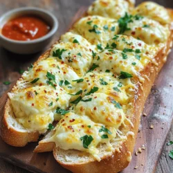 - Baguette - Butter - Garlic - Mozzarella cheese - Parmesan cheese - Parsley - Garlic powder - Red pepper flakes - Salt To get the best taste, use the right amounts. For this recipe, you need: - 1 large baguette - 1/2 cup unsalted butter - 4 minced garlic cloves - 1 cup shredded mozzarella - 1/2 cup grated Parmesan - 1 tablespoon chopped fresh parsley - 1 teaspoon garlic powder - 1/2 teaspoon crushed red pepper flakes (if you like spice) - Salt to taste I suggest using high-quality butter, like Kerrygold. For cheese, fresh mozzarella makes a big difference in flavor. You can switch up the cheese! Use cheddar for a sharp bite or gouda for a smoky flavor. Fresh herbs add great taste, but dried herbs can work too. Use fresh parsley for bright flavor, or try dried oregano for a different twist. 1. Preheat your oven to 375°F (190°C). This step is key for a nice bake. 2. Gather your ingredients. You need a large baguette, butter, garlic, and cheeses. 3. In a bowl, mix softened butter, minced garlic, garlic powder, and salt. 4. Stir until everything blends well. This mixture will be rich and tasty. 5. Add chopped parsley and half of the mozzarella cheese. Mix again until even. 1. Take your baguette and slice it in half lengthwise. 2. Spread the garlic butter on the cut sides. Be sure to cover every inch. 3. Layer the remaining mozzarella cheese on top of the butter. 4. Add grated Parmesan cheese to both halves. This will add flavor. 5. If you like spice, sprinkle crushed red pepper flakes on top. 1. Place the baguette halves on a baking sheet lined with parchment paper. 2. Bake in the oven for 15-20 minutes. Look for a golden brown color. 3. The cheese should be bubbly and melted. This shows it is ready. 4. Once done, let it cool for a few minutes. 5. Slice it into pieces for easy serving. 6. Serve warm on a board. Add chopped parsley and marinara sauce for dipping. 7. Enjoy your cheesy garlic bliss! For the full recipe, see the details above. To make cheesy garlic bread shine, start with good butter. I suggest using unsalted butter. It allows you to control the saltiness. The type of cheese matters too. I love a blend of mozzarella and Parmesan. Mozzarella gives that stretch, while Parmesan adds a sharp flavor. Mixing both creates a great taste. You want a crispy crust, right? Bake the bread at a high temperature. This helps create that crunch. To avoid sogginess, don't skimp on the butter. Spread it evenly but not too thick. Also, make sure to bake it until golden. This will keep the bread light and airy. Cheesy garlic bread is best served fresh and warm. Try serving it as a side with pasta or salad. It also makes a great snack for game day. Pair it with marinara sauce for dipping. This adds a nice touch and makes it even more fun to eat. {{image_2}} You can make cheesy garlic bread even more exciting with different flavors. For a sweet twist, try a mix of honey and chili flakes. This blend gives you a sweet and spicy kick. You can also add sun-dried tomatoes or olives. These ingredients add a rich depth to your bread. They make each bite burst with flavor. If you need a gluten-free option, use gluten-free bread. It works just as well and tastes great. For those looking for a vegan choice, try using vegan cheese. Brands like Daiya or Violife melt nicely. They keep the cheesy goodness without dairy. Cheesy garlic bread is perfect as a snack or appetizer. Slice it into small pieces for easy sharing. You can also turn it into a sandwich. Just add your favorite fillings, like roasted veggies or meats. This way, you create a hearty meal that pleases everyone. For the full recipe, check out the Cheesy Garlic Bliss Bread section. To keep your cheesy garlic bread fresh, wrap it tightly in plastic wrap or foil. This helps prevent it from drying out. You can also place it in an airtight container. If you want to save it for longer, freeze it. Cut it into slices first for easy grabbing later. To reheat, preheat your oven to 350°F (175°C). Place the bread on a baking sheet. Cover it loosely with foil to keep the cheese from burning. Bake for about 10 minutes until warm. You can also reheat in a toaster oven for a quick fix. In the fridge, your cheesy garlic bread lasts about 3 to 4 days. If you freeze it, it can stay good for up to 3 months. Look for signs of spoilage like mold or an off smell. If you see either, it’s best to toss it out. Leftover garlic bread can shine in many dishes. You can slice it up and use it for a tasty garlic bread pizza. Just add sauce and toppings, then bake until the cheese melts. For breakfast, make a savory garlic bread sandwich. Add eggs and cheese for a filling meal. You can also turn it into croutons. Cut it into cubes, toast them, and sprinkle on salads or soups for added crunch. How to make garlic bread extra cheesy? To make your garlic bread extra cheesy, use a mix of cheeses. Combine mozzarella and Parmesan for a rich flavor. You can also add cheddar or gouda for a twist. The more cheese, the better! Spread a thick layer over the bread for maximum gooeyness. Can I use fresh garlic instead of minced? Yes, you can use fresh garlic! Just crush or finely chop it. Fresh garlic gives a strong flavor. Adjust the amount to your taste. If you prefer a milder taste, use less fresh garlic than minced. What oven temperature is best for baking garlic bread? Set your oven to 375°F (190°C). This temperature helps the bread get golden and the cheese to melt. Keep an eye on it, as ovens can vary. Bake until the cheese is bubbly and the bread is crisp. Should I cover the bread while baking? No, do not cover the bread while baking. Leaving it uncovered helps the cheese brown and the crust stay crispy. This way, you get that perfect texture. What goes well with cheesy garlic bread? Cheesy garlic bread pairs well with pasta, soups, or salads. It also makes a great snack on its own! Try it with marinara sauce for dipping, or serve it alongside your favorite Italian dish. Can cheesy garlic bread be made ahead of time? Yes, you can prepare cheesy garlic bread ahead of time. Assemble it and store it in the fridge. When ready to eat, just bake it! This makes it easy for parties or weeknight dinners. For the Full Recipe, check out the details above. Cheesy garlic bread is simple and fun to make, with many ways to enjoy it. Use quality ingredients for the best taste, and don’t be afraid to experiment with flavors. Remember to store any leftovers properly, so they stay fresh. Whether you savor it as a snack or pair it with meals, this dish shines. Dive into the world of cheesy garlic bread, and delight in its endless possibilities!