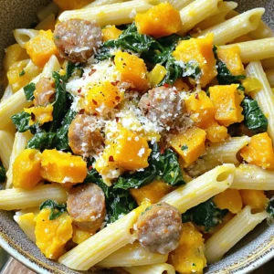 - 12 oz (340g) pasta: I recommend using penne or fettuccine for great texture. - 2 cups butternut squash: Peel and dice it for even cooking and sweet flavor. - 1 tablespoon olive oil: This adds richness and helps cook the squash. - 1 pound (450g) Italian chicken sausage: Remove casings to mix well with the other ingredients. - 3 cloves garlic: Mince it for a strong, aromatic base. - 4 cups fresh spinach: Roughly chop it to easily blend into the pasta. - 1 teaspoon dried oregano: This brings a nice earthy flavor. - 1/2 teaspoon nutmeg: It adds warmth and depth to the dish. - Salt and pepper: Season to taste; these enhance all flavors. - 1/2 cup grated Parmesan cheese: Mix it in for creaminess, and save some for serving. - Red pepper flakes: Optional, but they add a little heat if you like spice. These ingredients come together to create a hearty, satisfying meal. Each component plays a role in making this dish special. You can find the Full Recipe at the end for easy reference. Start by boiling a large pot of salted water. Once the water is at a rolling boil, add 12 oz of your favorite pasta, like penne or fettuccine. Cook it according to the package instructions, usually around 8-10 minutes, until it is al dente. This means it should be firm but not hard. Don’t forget to reserve 1 cup of pasta water before draining it. This water helps to make the sauce creamy later. While the pasta cooks, grab a large skillet and set it over medium heat. Pour in 1 tablespoon of olive oil. When the oil is hot, add 2 cups of diced butternut squash. Stir it every few minutes for about 5-7 minutes. You want the squash to start softening but still hold its shape. To check for doneness, poke it with a fork. If it goes in easily but the squash is not mushy, it's ready. Now it’s time to add the sausage. Push the butternut squash to one side of the skillet and add 1 pound of Italian chicken sausage to the empty space. Use a wooden spoon to break apart the sausage. Cook it for about 5-6 minutes until it turns brown and is cooked all the way through. Mixing the sausage with the squash helps blend their flavors. Once the sausage is cooked, add 3 cloves of minced garlic to the skillet. Stir it for about 1 minute until it smells good. Next, toss in 4 cups of roughly chopped spinach. Stir everything together and cook for another 2-3 minutes until the spinach wilts down. This adds great color and nutrition to your dish. Now it’s time to bring everything together. Add the drained pasta to the skillet. Sprinkle in 1 teaspoon of dried oregano, 1/2 teaspoon of nutmeg, and season with salt and pepper to taste. Toss everything together. If the mixture looks too dry, add some of that reserved pasta water a little at a time. This helps to make the sauce smooth and creamy. For serving, plate the pasta in shallow bowls. Top each bowl with some grated Parmesan cheese. You can add a sprinkle of red pepper flakes for a bit of heat if you like. Drizzling a touch of olive oil on top makes the dish shine. For an extra pop, garnish with freshly cracked black pepper and a sprig of fresh basil. This makes your meal look and taste even better. For the full recipe, check the detailed instructions provided earlier. Enjoy your Butternut Squash Sausage Spinach Pasta! To save time, use pre-diced butternut squash. You can find this in most grocery stores. This way, you skip peeling and cutting. For the sausage, opt for ground sausage instead of links. It cooks faster and mixes well. You can also prepare all your ingredients ahead of time. Chop the garlic and spinach in advance. This helps you stay organized. When you start cooking, everything will be ready to go. For the best flavor, always use medium heat. This allows the butternut squash to caramelize. It brings out its natural sweetness. A large skillet works best for this dish. It gives you enough space to mix everything easily. Using a wooden spoon helps break up the sausage. It keeps the texture nice and even. You can also use a spatula to stir the pasta and sauce together. Feel free to add your favorite spices. Try adding smoked paprika or thyme for a twist. If you like heat, add red pepper flakes to the mix. They add a nice kick! If you want a vegetarian option, swap the sausage for lentils or mushrooms. Both add great flavor and texture. You can also skip the cheese or use a plant-based alternative. {{image_2}} If you want to change things up, you can swap the sausage. Try turkey sausage or even a plant-based version. These options still give great flavor without the extra fat. You can also use ground beef or pork if you prefer. When it comes to veggies, feel free to mix in others. Carrots, zucchini, or bell peppers add nice texture and taste. You could even use kale instead of spinach for a different twist. To make the dish creamy, you can add cream or cheese. Start by stirring in heavy cream after cooking the sausage. This will give a rich base. You can also mix in cream cheese or ricotta for a smooth texture. Adjust your cooking method by lowering the heat. This helps the cream blend well without curdling. Stir gently to combine everything smoothly. This dish pairs well with simple sides. A fresh green salad with vinaigrette works nicely. Garlic bread is another great choice for soaking up sauce. For wine lovers, a light white wine is perfect. Try a Sauvignon Blanc or a Pinot Grigio. These wines complement the flavors in the dish without overpowering them. You can find the Full Recipe for a detailed guide on how to make this wonderful meal! To keep your butternut squash sausage spinach pasta fresh, store it right. First, let it cool completely. Then, place it in an airtight container. This helps prevent moisture loss. You can use glass or plastic containers for this purpose. Glass containers are great for reheating since they can go in the oven or microwave. If you want to freeze the dish, follow these steps. Once it cools, portion it into freezer-safe bags or containers. Squeeze out any air before sealing. This helps avoid freezer burn. You can freeze it for up to three months. When you're ready to eat, thaw it in the fridge overnight. To reheat, place it in a pan over medium heat, adding a splash of water or broth to keep it moist. Stir until heated through. In the fridge, the pasta lasts about three to four days. If you freeze it, it will stay good for three months. Check for signs of spoilage before eating. If you see mold or smell something off, it's best to throw it away. Keeping track of the storage time is key to enjoying this delicious meal safely. I recommend using penne or fettuccine for this dish. Penne’s tubes catch the sauce well. Fettuccine offers a nice, flat surface for the sauce to cling to. Both options create a great balance with butternut squash and sausage. Yes, you can easily make this dish vegetarian. Swap out the Italian sausage for plant-based sausage. You can also use mushrooms or lentils for added texture. This keeps the dish hearty and delicious without meat. To make this dish gluten-free, choose gluten-free pasta. Many brands offer rice, quinoa, or chickpea pasta. These options work well and maintain a good texture. Just cook them according to package instructions. You can prepare this dish ahead of time. Cook the pasta and sauce separately and store them in the fridge. When you’re ready to eat, just heat them together. This keeps the pasta from getting mushy. A simple side salad pairs well with this pasta. You can also serve garlic bread or roasted vegetables. These sides add freshness and balance to the meal. You can find the Full Recipe for butternut squash sausage spinach pasta [here](#). This link has all the cooking steps and tips you need. This blog post covered how to make a delicious butternut squash, sausage, and spinach pasta. We talked about the right ingredients, step-by-step cooking directions, and tips that make it easy. Remember, you can switch ingredients to suit your taste or needs. Whether you serve it fresh or store it for later, this dish is both satisfying and flexible. Enjoy creating your own versions and sharing them with family and friends!
