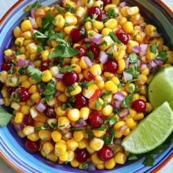 For this salsa, you need fresh corn kernels. Use about 2 cups, which comes from 3 to 4 ears of corn. Fresh corn gives a sweet taste and great texture. You can also use canned corn, but fresh is best. Cherries add a burst of flavor. You will want 1 cup of pitted and chopped cherries. They balance the sweetness of the corn. Next, use one small red onion, finely chopped, for a nice crunch. Add one jalapeño, deseeded and minced, for some heat. To bring it all together, you need some seasoning. Use 2 tablespoons of olive oil for cooking. Honey adds just a tablespoon to sweeten the mix. For acidity, include 2 tablespoons of lime juice. Finally, chop 1/4 cup of fresh cilantro. This herb adds freshness. Don’t forget to add salt and pepper to taste. You can find the full recipe and more tips in the [Full Recipe]. Start by husking the corn. Remove all the silk and green leaves. Use a sharp knife to cut the kernels from the cob. Aim for about 2 cups of fresh corn. This will give you a sweet taste. Fresh corn is key for this salsa. In a large skillet, heat the olive oil over medium heat. Once hot, add the corn kernels. Sauté the corn for about 8-10 minutes. Stir occasionally until the corn is golden and caramelized. Then, add the finely chopped red onion. Sauté for another 2-3 minutes until the onion is soft and clear. Next, stir in the minced jalapeño. Cook for one more minute to blend the flavors. Remove the skillet from heat and transfer the corn mix to a bowl. Let it cool for a few minutes. Once the corn mixture is cool, it's time to mix! Add the chopped cherries, honey, lime juice, and fresh cilantro to the bowl. Season with salt and pepper to taste. Gently stir all the ingredients together. Let the salsa sit for at least 15 minutes. This helps the flavors mix well. For the full recipe, refer to the section above. To make great caramelized corn, start with fresh corn. Remove the kernels from the cob for the best taste. Heat olive oil in a skillet over medium heat. Add the corn and let it cook without stirring for a few minutes. This helps it brown. After that, stir it every few minutes. Cook until the corn is golden, about 8-10 minutes. This gives your salsa a sweet, rich flavor. I love serving this salsa in a bright bowl. It looks great on the table. You can also add lime wedges and extra cilantro on top. This makes it even more colorful. This salsa pairs well with grilled chicken or fish. You can also use it as a dip with tortilla chips. Guests enjoy the mix of sweet and spicy flavors. Feel free to get creative! You can add diced bell peppers for crunch. A sprinkle of feta cheese adds a nice salty bite. If you want more heat, add more jalapeño or some red pepper flakes. Fresh mint can also bring a unique twist to the salsa. Each add-in gives a new flavor to enjoy. For the full recipe, check out the earlier section. {{image_2}} You can swap out ingredients based on what you have. For corn, use frozen corn if fresh isn’t available. It will still taste great. Instead of cherries, try diced peaches or mango. They add a fun twist. If you don’t like cilantro, parsley works well too. You can also use green onions for a milder flavor. If you want heat, leave some seeds in the jalapeño. For a milder salsa, use a small amount of bell pepper instead. You can also add a pinch of cayenne pepper for a kick. If you prefer no spice, skip the jalapeño entirely. The sweetness of the cherries will shine through. This salsa is great as a topping. Use it on grilled chicken or fish. It also pairs well with tacos or burritos. Serve it as a dip with tortilla chips for a fun snack. Try it on a salad for added flavor. You can even mix it into cold pasta for a fresh side dish. Explore these ideas to make the most of your Caramelized Corn and Cherry Salsa. For the full recipe, check out the section above. To keep your caramelized corn and cherry salsa fresh, store it in an airtight container. Glass containers work well. Make sure to let the salsa cool to room temperature before sealing it. This prevents moisture from building up inside the container. It’s best to refrigerate the salsa right after you make it. When stored properly in the fridge, your salsa can last up to three days. If you want to keep it longer, you can freeze it. However, I recommend only freezing the corn mixture without the cherries. The cherries may become mushy after thawing. To freeze, place the corn mixture in a freezer-safe bag. It should stay fresh for up to three months. If you freeze the corn mixture, let it thaw overnight in the fridge. To reheat, warm it in a skillet over medium heat. Stir it gently until heated through. Add the fresh cherries, lime juice, and cilantro after reheating. This keeps the flavors bright and fresh. Enjoy your salsa with grilled chicken or as a dip for chips! Caramelized corn and cherry salsa is a sweet and savory mix. It combines golden corn and juicy cherries. The dish also has red onion and spicy jalapeño. Honey and lime juice add a bright flavor. This salsa is perfect for summer or any gathering. It pairs well with grilled meats or chips. You can find the full recipe above to make your own. Yes, you can use frozen corn. Just thaw and drain the corn before cooking. It may not caramelize as well as fresh corn. However, it still tastes great in the salsa. Make sure to cook it long enough to warm through. You can keep the salsa in the fridge for about three days. Store it in an airtight container. The flavors will blend and deepen over time. Just give it a gentle stir before serving. If you see any signs of spoilage, toss it out. In this article, we explored how to make a tasty caramelized corn and cherry salsa. You learned about the key ingredients like fresh corn and sweet cherries. We detailed step-by-step instructions for cooking, combining, and serving. Tips for perfect caramelization and storage practices were shared. Each variation lets you customize the salsa to your taste. Enjoy making this dish. It's easy, fun, and packed with flavor! You'll impress your family and friends.