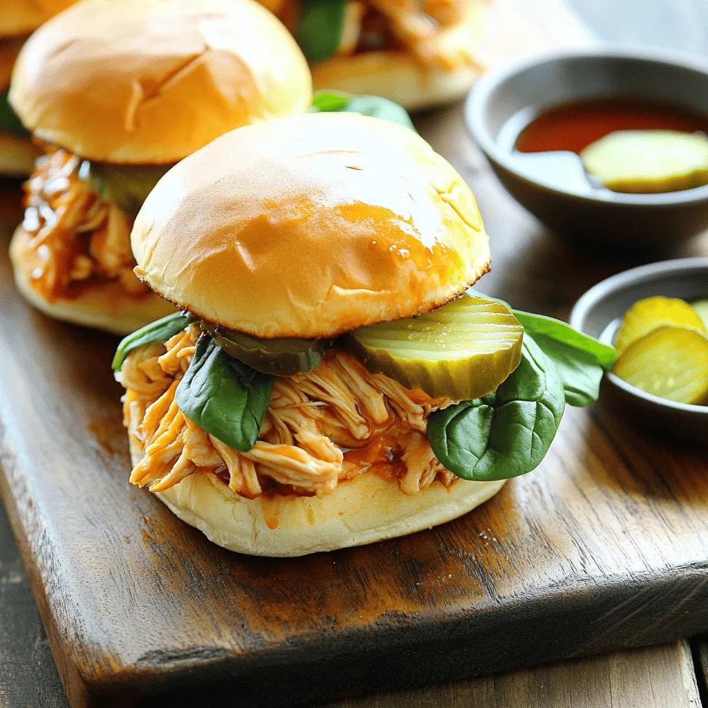 - 1 lb (450g) boneless, skinless chicken thighs - 1 cup cherry cola (non-diet) - ¼ cup soy sauce - ¼ cup ketchup - 1 tablespoon apple cider vinegar - 1 teaspoon garlic powder - 1 teaspoon onion powder - 1 tablespoon olive oil - Salt and pepper to taste - 6-8 slider buns - Fresh baby spinach or arugula for topping - Sliced pickles for garnish When making Cherry Cola Chicken Sliders, the right ingredients make all the difference. I love using boneless, skinless chicken thighs. They stay juicy and tender. The cherry cola adds a sweet twist that makes the chicken pop. Soy sauce brings depth, while ketchup adds a nice tang. Apple cider vinegar rounds it all out with a hint of acidity. I season the mix with garlic and onion powder. These simple spices boost the flavor. You can’t forget olive oil; it helps the chicken cook well on the grill. Salt and pepper are key, so don’t skip these! For the sliders, choose soft buns that hold up the filling. Fresh spinach or arugula adds color and crunch. Finally, sliced pickles give a sharp touch that balances the sweetness. - Medium bowl - Resealable plastic bag - Grill or stovetop grill pan - Saucepan Having the right tools makes cooking easier. A medium bowl is perfect for mixing the marinade. A resealable plastic bag is great for marinating the chicken. It keeps the flavors close to the meat. I love using a grill or stovetop grill pan for the smoky taste. Lastly, a saucepan helps to thicken the marinade for later. - Calories per serving - Protein, fat, and carbohydrate breakdown Knowing the nutritional info helps you plan meals. Cherry Cola Chicken Sliders pack flavor without too many calories. Each serving provides a good amount of protein, making it satisfying. You can enjoy these sliders without feeling guilty. - First, grab a medium bowl. - Whisk together these marinade ingredients: cherry cola, soy sauce, ketchup, apple cider vinegar, garlic powder, onion powder, salt, and pepper. - Mix until everything blends well. - Place the chicken thighs in a large resealable plastic bag. - Pour the marinade over the chicken. - Seal the bag tight. - Let it marinate in the fridge for at least 1 hour. Longer marinating gives more flavor. - Preheat your grill or grill pan over medium-high heat. - Brush the grill grates with olive oil. This helps keep the chicken from sticking. - Remove the chicken from the marinade, saving the marinade for later. - Place the chicken on the hot grill. - Cook it for about 5-7 minutes on each side. - Check the chicken's internal temperature. It should reach 165°F (75°C). - Get your slider buns ready. - Place a generous amount of the cherry cola chicken on the bottom half of each bun. - Top with fresh baby spinach or arugula. - Add sliced pickles for a nice crunch. - Cover it with the top bun. - Arrange the sliders on a wooden board for a great presentation. This process makes for great sliders. You can find the full recipe if you want to dive deeper into the details! To keep your chicken juicy, marinate it well. The cherry cola adds sweetness and moisture. Always let the chicken sit in the marinade for at least an hour. If you can, try to marinate it overnight. This gives the flavors more time to soak in. To tell if your chicken is cooked, use a meat thermometer. It should read 165°F (75°C) at the thickest part. If you don’t have one, cut the chicken open. It should be white inside, with no pink. Cherry Cola Chicken Sliders pair well with many sides. Try serving them with crispy sweet potato fries. They add a nice crunch. You can also serve a fresh salad for a light touch. Coleslaw works great, too, adding some creaminess. For drinks, I recommend sweet tea or a light lager. Both drinks balance the sweetness of the sliders. You can also serve a cherry cola for extra fun! To present your sliders creatively, use a wooden board. Stack the sliders high and add some fresh herbs around them. This makes for a great photo, too! Garnish with sliced pickles on the side. You can also add fresh spinach or arugula on top of the sliders. These greens add color and a bit of crunch. Serve extra sauce in a small bowl for dipping. This makes for a fun and tasty meal! {{image_2}} You can swap chicken thighs for chicken breasts if you prefer. Chicken breasts are leaner but still tender. For a plant-based option, tofu works great. Just press the tofu to remove extra water, then marinate it like chicken. If you need gluten-free buns, look for rice-based or almond flour slider buns. Many stores offer tasty gluten-free options now. To give your sliders more flavor, try adding spices. Paprika or cayenne pepper can add heat. You can also mix in smoked paprika for a smoky taste. If you want to try different sauces, barbecue sauce pairs well. You could also use a spicy sriracha sauce if you like heat. For a simple method, use a slow cooker. Just place your marinated chicken in the cooker. Set it on low for about 6 hours or high for 3 hours. Shred it when done, and serve on buns. If you want oven-baked sliders, preheat your oven to 375°F (190°C). After cooking the chicken, place the sliders on a baking sheet. Bake until the buns are golden, about 10 minutes. This gives a nice crisp to the sliders. For the full recipe, click here. Cherry Cola Chicken Sliders are great for leftovers. You can store them in the fridge for up to three days. Make sure to keep them in an airtight container. This helps keep the flavors fresh. When you’re ready to eat, simply reheat them in the microwave or on a skillet. Heat them until warm, but don’t overcook. This keeps the chicken juicy. You can freeze cooked chicken and sliders too. Wrap each slider tightly in plastic wrap, then place them in a freezer bag. They can last up to three months in the freezer. For defrosting, move them to the fridge overnight. If you need them quickly, use the microwave's defrost setting. Just be careful not to cook them during defrosting. Prepping ingredients in advance makes cooking easier. You can marinate the chicken a day before. This lets the flavors soak in. Chop the toppings, like spinach and pickles, and store them in the fridge. Batch cooking is also a smart idea. Cook a larger amount of chicken, shred it, and save it for future meals. This way, you have a tasty option ready to go! You can pair these sliders with great side dishes. Here are some tasty ideas: - Coleslaw: A crunchy, creamy side that complements the sweet chicken. - Potato Wedges: Crispy on the outside and soft inside. They add great texture. - Corn on the Cob: Sweet corn brings a fresh flavor to the meal. - Sweet Potato Fries: They have a sweet taste that matches the sliders well. - Garden Salad: A light salad with greens keeps things fresh and balanced. These sides make your meal more fun and colorful. Try mixing and matching! Yes, you can prep this recipe ahead of time. Here are some tips to help: - Marinate the Chicken: Prepare the marinade and soak the chicken the night before. This adds more flavor. - Cook and Store: You can grill the chicken in advance. Store it in the fridge for up to three days. - Assemble Later: Wait to put the sliders together until you are ready to serve. This keeps the buns fresh and soft. Meal prepping can save time and stress. Enjoy your time in the kitchen! Keeping the chicken juicy is key for great sliders. Here’s how: - Use Chicken Thighs: Thighs have more fat than breasts, making them juicy. - Marinate Well: Letting the chicken soak in the marinade adds moisture. - Don’t Overcook: Grill the chicken until it reaches 165°F (75°C). Overcooking makes it dry. - Rest the Chicken: Letting the chicken sit for a few minutes after grilling helps the juices stay inside. By following these tips, you’ll have tasty, juicy sliders every time! For the full recipe, check out the earlier section. In this post, I shared how to create tasty Cherry Cola Chicken Sliders. We discussed the easy steps, essential ingredients, and kitchen tools you need. I also covered tips for cooking, serving, and how to store leftovers. Now, you have the skills to impress with these delicious sliders. Enjoy the process and have fun experimenting with flavors. Your next meal can be both tasty and fun!