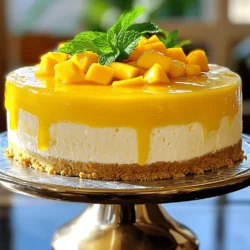 Mango cheesecake is a creamy delight that combines fresh mangoes and rich cheese. This dessert is perfect for any occasion. You will love the sweet and tangy flavor in each bite. The full recipe provides a simple way to enjoy this tropical treat. Here are the key ingredients you need: - 1 ½ cups graham cracker crumbs - ½ cup unsalted butter, melted - 2 cups cream cheese, softened - 1 cup sugar - 2 ripe mangoes, pureed (reserve some diced for garnish) - 2 teaspoons vanilla extract - 3 eggs - 1 tablespoon fresh lime juice - 1 cup sour cream - ¼ cup gelatin - ¾ cup cold water These ingredients work together to create a smooth and tasty cheesecake. You can add some fun garnishes to enhance your cheesecake. Consider these options: - Diced mango for a fresh touch - Mint leaves for color and flavor - Extra mango puree drizzled on top These garnishes make the cheesecake look beautiful and taste even better. Start by preheating your oven to 325°F (160°C). In a large bowl, mix the graham cracker crumbs and melted butter. Make sure it looks like wet sand. Press this mixture into the bottom of a 9-inch springform pan. Bake for 10 minutes, then take it out to cool. In a separate bowl, beat the softened cream cheese until it is smooth. Gradually add in the sugar while mixing. Next, fold in the mango puree, vanilla extract, lime juice, and sour cream. Blend until everything is smooth. Add the eggs one at a time. Mix gently after each egg, being careful not to overmix. In a small pan, dissolve the gelatin in cold water over low heat. Once melted, let it cool slightly, then stir it into the cheesecake mix. Pour the cheesecake mixture over the cooled crust. Smooth the top with a spatula. Bake in the oven for 50 to 60 minutes. The center should be set but still slightly jiggly. Turn off the oven, crack the door, and let it cool inside for an hour. This helps prevent cracking. After it cools, cover the cheesecake and put it in the fridge for at least 4 hours. For the best results, chill it overnight. Before serving, top with diced mango for a beautiful garnish. To keep your cheesecake smooth, follow a few simple steps. First, do not rush the mixing. Mix the cream cheese slowly to avoid air bubbles. Next, bake it at a lower temperature. A hot oven can cause cracks. After baking, let the cheesecake cool in the oven with the door slightly open. This helps it cool down gradually. Lastly, chill it in the fridge for at least four hours. This step will help firm it up and keep it crack-free. For a creamy mango cheesecake, start with room-temperature cream cheese. Cold cream cheese can lead to lumps. Use a mixer for smooth blending. Add the eggs one by one, mixing gently after each. Overmixing can cause a dense texture. When adding the mango puree, fold it in softly to keep the mixture light. Lastly, the sour cream adds creaminess, so don't skip it. When serving mango cheesecake, presentation matters. Place it on a nice cake stand for a beautiful look. For extra flair, drizzle mango puree on top. Add a few mint leaves for color and freshness. You can also serve it with whipped cream or ice cream. For a crunchy contrast, sprinkle some crushed nuts on the side. This adds a delightful texture that pairs well with the creamy cheesecake. For more details, check the Full Recipe. {{image_2}} If you want a quick dessert, try the no-bake mango cheesecake. This version skips baking and uses gelatin to set. Here’s how to make it: - Ingredients: - 1 ½ cups graham cracker crumbs - ½ cup unsalted butter, melted - 2 cups cream cheese, softened - 1 cup sugar - 2 ripe mangoes, pureed - 2 teaspoons vanilla extract - 1 cup heavy cream - ¼ cup gelatin - ¾ cup cold water 1. Mix the graham cracker crumbs and melted butter. Press into a pan for the crust. 2. In a bowl, blend cream cheese and sugar. Add the mango puree and vanilla. 3. Whip the heavy cream until stiff peaks form. Fold it gently into the cream cheese mix. 4. Dissolve gelatin in cold water and add to the mixture. 5. Pour into the crust, smooth the top, and chill for at least 4 hours. Going vegan? You can make a tasty mango cheesecake using plant-based ingredients. Here’s a simple swap: - Ingredients: - 1 ½ cups almond flour - ¼ cup coconut oil, melted - 2 cups cashews, soaked and blended - ½ cup maple syrup - 2 ripe mangoes, pureed - 2 teaspoons vanilla extract - 1 tablespoon lemon juice - ¼ cup agar-agar powder with water 1. Prepare the crust with almond flour and coconut oil. 2. Blend soaked cashews with maple syrup, mango puree, and vanilla. 3. Cook agar-agar in water until dissolved, then mix it into the cashew blend. 4. Pour into your crust and chill until firm. Love experimenting? You can mix flavors for fun twists on mango cheesecake. Here are some ideas: - Coconut Mango: Add shredded coconut to the filling for a tropical taste. - Passion Fruit: Stir in passion fruit puree for a tangy zing. - Chocolate Mango: Swirl melted chocolate into the mango filling for a rich contrast. These variations make your mango cheesecake even more exciting. Check out the Full Recipe for classic mango cheesecake! To keep your mango cheesecake fresh, store it in the fridge. Use an airtight container to prevent it from drying out. Cover the top with plastic wrap if you don’t have a container. This way, the cheesecake stays moist and tasty for days. Always chill it before serving to enjoy that creamy texture. If you want to save the cheesecake for later, freezing works well. First, let it cool completely. Then, slice it into pieces for easy serving. Wrap each slice in plastic wrap and then in aluminum foil. This double wrapping helps prevent freezer burn. Place the wrapped slices in a freezer bag. They can last up to three months in the freezer. Mango cheesecake stays fresh in the fridge for about five days. After that, it may lose its flavor and texture. Always check for signs of spoilage like an off smell or discoloration. If you freeze it, remember to let it thaw in the fridge overnight for the best taste. Enjoy your Mango Bliss Cheesecake knowing it lasts! Yes, you can use frozen mango. Just thaw it first. Drain any excess water. This helps keep the cheesecake firm. Frozen mango may not taste as fresh, but it still works well. If you use frozen mango, blend it until smooth. This way, your cheesecake stays creamy. Check for a slight jiggle in the center. The edges should be set, but the middle may still move a little. This is normal. The cheesecake firms up while cooling. Remember to turn off the oven and crack the door. Let it cool slowly to avoid cracks. Avoid overmixing the batter. This can add too much air and cause cracks. Make sure all ingredients are at room temperature. Cold ingredients make it hard to mix well. Don’t skip the cooling step in the oven. Quick changes in temperature can lead to cracks. For a perfect result, follow the Full Recipe closely. In this post, we covered how to make a delicious mango cheesecake. You now know the key ingredients, from crust to filling. We explored tips for a smooth texture and how to avoid cracks. I shared variations, like no-bake or vegan options. Proper storage is key for keeping your cheesecake fresh. Mango cheesecake is a sweet treat for any occasion. With practice, you’ll master this dessert. Enjoy making and sharing it with others!