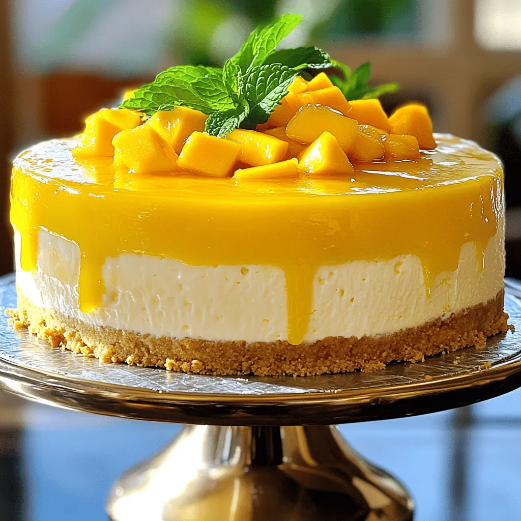 Mango cheesecake is a creamy delight that combines fresh mangoes and rich cheese. This dessert is perfect for any occasion. You will love the sweet and tangy flavor in each bite. The full recipe provides a simple way to enjoy this tropical treat. Here are the key ingredients you need: - 1 ½ cups graham cracker crumbs - ½ cup unsalted butter, melted - 2 cups cream cheese, softened - 1 cup sugar - 2 ripe mangoes, pureed (reserve some diced for garnish) - 2 teaspoons vanilla extract - 3 eggs - 1 tablespoon fresh lime juice - 1 cup sour cream - ¼ cup gelatin - ¾ cup cold water These ingredients work together to create a smooth and tasty cheesecake. You can add some fun garnishes to enhance your cheesecake. Consider these options: - Diced mango for a fresh touch - Mint leaves for color and flavor - Extra mango puree drizzled on top These garnishes make the cheesecake look beautiful and taste even better. Start by preheating your oven to 325°F (160°C). In a large bowl, mix the graham cracker crumbs and melted butter. Make sure it looks like wet sand. Press this mixture into the bottom of a 9-inch springform pan. Bake for 10 minutes, then take it out to cool. In a separate bowl, beat the softened cream cheese until it is smooth. Gradually add in the sugar while mixing. Next, fold in the mango puree, vanilla extract, lime juice, and sour cream. Blend until everything is smooth. Add the eggs one at a time. Mix gently after each egg, being careful not to overmix. In a small pan, dissolve the gelatin in cold water over low heat. Once melted, let it cool slightly, then stir it into the cheesecake mix. Pour the cheesecake mixture over the cooled crust. Smooth the top with a spatula. Bake in the oven for 50 to 60 minutes. The center should be set but still slightly jiggly. Turn off the oven, crack the door, and let it cool inside for an hour. This helps prevent cracking. After it cools, cover the cheesecake and put it in the fridge for at least 4 hours. For the best results, chill it overnight. Before serving, top with diced mango for a beautiful garnish. To keep your cheesecake smooth, follow a few simple steps. First, do not rush the mixing. Mix the cream cheese slowly to avoid air bubbles. Next, bake it at a lower temperature. A hot oven can cause cracks. After baking, let the cheesecake cool in the oven with the door slightly open. This helps it cool down gradually. Lastly, chill it in the fridge for at least four hours. This step will help firm it up and keep it crack-free. For a creamy mango cheesecake, start with room-temperature cream cheese. Cold cream cheese can lead to lumps. Use a mixer for smooth blending. Add the eggs one by one, mixing gently after each. Overmixing can cause a dense texture. When adding the mango puree, fold it in softly to keep the mixture light. Lastly, the sour cream adds creaminess, so don't skip it. When serving mango cheesecake, presentation matters. Place it on a nice cake stand for a beautiful look. For extra flair, drizzle mango puree on top. Add a few mint leaves for color and freshness. You can also serve it with whipped cream or ice cream. For a crunchy contrast, sprinkle some crushed nuts on the side. This adds a delightful texture that pairs well with the creamy cheesecake. For more details, check the Full Recipe. {{image_2}} If you want a quick dessert, try the no-bake mango cheesecake. This version skips baking and uses gelatin to set. Here’s how to make it: - Ingredients: - 1 ½ cups graham cracker crumbs - ½ cup unsalted butter, melted - 2 cups cream cheese, softened - 1 cup sugar - 2 ripe mangoes, pureed - 2 teaspoons vanilla extract - 1 cup heavy cream - ¼ cup gelatin - ¾ cup cold water 1. Mix the graham cracker crumbs and melted butter. Press into a pan for the crust. 2. In a bowl, blend cream cheese and sugar. Add the mango puree and vanilla. 3. Whip the heavy cream until stiff peaks form. Fold it gently into the cream cheese mix. 4. Dissolve gelatin in cold water and add to the mixture. 5. Pour into the crust, smooth the top, and chill for at least 4 hours. Going vegan? You can make a tasty mango cheesecake using plant-based ingredients. Here’s a simple swap: - Ingredients: - 1 ½ cups almond flour - ¼ cup coconut oil, melted - 2 cups cashews, soaked and blended - ½ cup maple syrup - 2 ripe mangoes, pureed - 2 teaspoons vanilla extract - 1 tablespoon lemon juice - ¼ cup agar-agar powder with water 1. Prepare the crust with almond flour and coconut oil. 2. Blend soaked cashews with maple syrup, mango puree, and vanilla. 3. Cook agar-agar in water until dissolved, then mix it into the cashew blend. 4. Pour into your crust and chill until firm. Love experimenting? You can mix flavors for fun twists on mango cheesecake. Here are some ideas: - Coconut Mango: Add shredded coconut to the filling for a tropical taste. - Passion Fruit: Stir in passion fruit puree for a tangy zing. - Chocolate Mango: Swirl melted chocolate into the mango filling for a rich contrast. These variations make your mango cheesecake even more exciting. Check out the Full Recipe for classic mango cheesecake! To keep your mango cheesecake fresh, store it in the fridge. Use an airtight container to prevent it from drying out. Cover the top with plastic wrap if you don’t have a container. This way, the cheesecake stays moist and tasty for days. Always chill it before serving to enjoy that creamy texture. If you want to save the cheesecake for later, freezing works well. First, let it cool completely. Then, slice it into pieces for easy serving. Wrap each slice in plastic wrap and then in aluminum foil. This double wrapping helps prevent freezer burn. Place the wrapped slices in a freezer bag. They can last up to three months in the freezer. Mango cheesecake stays fresh in the fridge for about five days. After that, it may lose its flavor and texture. Always check for signs of spoilage like an off smell or discoloration. If you freeze it, remember to let it thaw in the fridge overnight for the best taste. Enjoy your Mango Bliss Cheesecake knowing it lasts! Yes, you can use frozen mango. Just thaw it first. Drain any excess water. This helps keep the cheesecake firm. Frozen mango may not taste as fresh, but it still works well. If you use frozen mango, blend it until smooth. This way, your cheesecake stays creamy. Check for a slight jiggle in the center. The edges should be set, but the middle may still move a little. This is normal. The cheesecake firms up while cooling. Remember to turn off the oven and crack the door. Let it cool slowly to avoid cracks. Avoid overmixing the batter. This can add too much air and cause cracks. Make sure all ingredients are at room temperature. Cold ingredients make it hard to mix well. Don’t skip the cooling step in the oven. Quick changes in temperature can lead to cracks. For a perfect result, follow the Full Recipe closely. In this post, we covered how to make a delicious mango cheesecake. You now know the key ingredients, from crust to filling. We explored tips for a smooth texture and how to avoid cracks. I shared variations, like no-bake or vegan options. Proper storage is key for keeping your cheesecake fresh. Mango cheesecake is a sweet treat for any occasion. With practice, you’ll master this dessert. Enjoy making and sharing it with others!